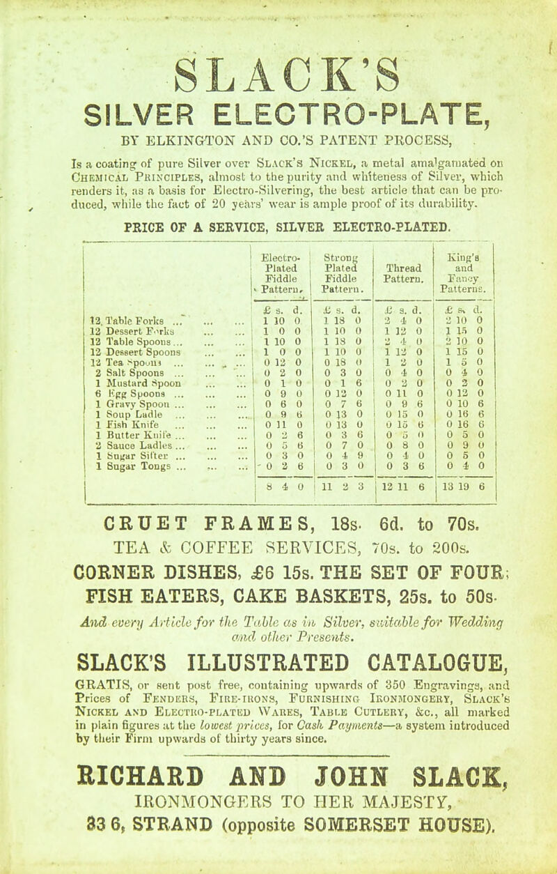 SLACK'S SILVER ELECTRO-PLATE, BY ELKINGTON AND CO.'S PATENT PROCESS, Is a coating of pure Silver over Slack's Nickel, a metal amalgamated on Chemical Puinciples, almost to the purity and whiteness of Silver, which renders it, as a basis for Electro-Silvering, the best article that can be pro- duced, while the fact of 20 years' wear is ample proof of its durability. PRICE OF A SERVICE, SILVER ELECTRO-PLATED. Electro- Strong King's Plated Plated Thread and Piddle Fiddle Pattern. Pan'jy V Pattern r 1 ** Pattern. Patterns. £ s. d. i; s. d. Ji 3. d. £ B» d. 13.Tabic Forks 1 10 0 1 18 0 3 4 0 3 10 0 12 Dessert Forks 10 0 1 10 0 1 13 0 1 15 0 12 Table Spoons 1 10 0 1 18 0 3 4 0 2 10 0 12 Dessert Spoons 10 0 1 10 0 1 13 0 1 15 0 12 Tea Spo.jm , ... 0 12 0 0 18 (» 13 0 15 0 2 Salt Spoons 0 2 0 0 3 0 0 4 0 0 4 0 1 Mustard Spoon 0 10 0 16 0 3 0 0 3 0 6 Kpg Spoons 0 9 0 0 12 0 0 11 0 0 13 0 1 Gravy Spoon 0 6 0 0 7 6 0 9 6 0 10 6 1 Soup Ladle 0 9 6 0 13 0 0 15 0 0 16 6 1 fish Knife 0 110 0 13 0 0 15 6 0 16 6 1 Butter Knife 0 2 6 0 3 6 0 3 0 0 5 0 2 Sauce Ladles 0 5 6 0 7 0 0 8 0 0 9 0 1 Sudar Sifter 0 3 0 0 4 9 0 4 0 0 5 0 1 Sugar Tongs ... , - 0 a 6 0 3 0 0 3 6 0 4 0 j 8 4 0 ] 11 3 3 12 11 6 13 19 6 CRUET FRAMES, 18s. 6d. to 70s. TEA & COFFEE SERVICES, 70s. to 200s. CORNER DISHES, £6 15s. THE SET OF FOUR; FISH EATERS, CAKE BASKETS, 25s. to 50s. And every Article for the Table as in, Silver, sidtablefor Wedding and other Presents. SLACK'S ILLUSTRATED CATALOGUE, GRATIS, or sent post free, containing upwards of 350 Engravings, and Prices of Fknuer.s, Eiue-iuons, FuRNiSHiNa iKONMONGERy, Slack's Nickel and Electko-plateu Wares, Table Cutlery, &c., all marked in plain figures at the lowest prices, for Cash Paijments—a system introduced by their Firm upwards of thirty years since. RICHARD AND JOHN SLACK, IRONMONGERS TO HER MAJESTY, 33 6, STRAND (opposite SOMERSET HOUSE).