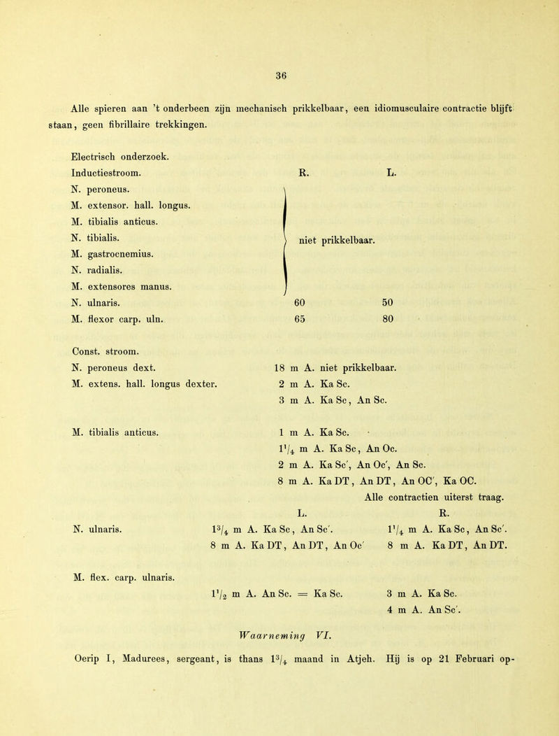 Alle spieren aan 't onderbeen zijn mechanisch prikkelbaar, een idiomusculaire contractie blijft staan, geen fibrillaire trekkingen. Electrisch onderzoek. Inductiestroom. N. peroneus. M. extensor. hall. longus. M. tibialis anticus. N. tibialis. M. gastrocnemius. N. radialis. M. extensores manus. N. ulnaris. M. flexor carp. uln. R. niet prikkelbaar. 60 65 50 80 Const. stroom. TS. peroneus dext. M. extens. hall. longus dexter. 18 m A. niet prikkelbaar. 2 m A. Ka Sc. 3 m A. Ka Sc, An Sc. M. tibialis anticus. N. ulnaris. 1 m A. Ka Sc. VU, m A. Ka Sc, An Oc. 2 m A. Ka Sc', An Oc', An Sc. 8 m A. Ka DT, An DT, An OC', Ka OC. Alle contractien uiterst traag. L. R. 1% m A. Ka Sc, An Sc'. l'/4 m A. Ka Sc, AnSc'. 8 m A. KaDT, An DT, An Oc' 8 m A. Ka DT, An DT. M. flex. carp. ulnaris. r/3 m A. An Sc. = Ka Sc. 3 m A. Ka Sc. 4 m A. An Sc' Waarneming VI. Oerip I, Madurees, sergeant, is thans l3/4 maand in Atjeh. Hij is op 21 Februari op