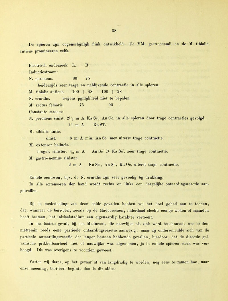 De spieren zijn oogenschijnlijk flink ontwikkeld. De MM. gastrocnemii en de M. tibialis anticus promineeren zelfs. Electrisch onderzoek L. R. Inductiestroom: N. peroneus. 80 75 beiderzijds zeer trage en nablijvende contractie in alle spieren. M. tibialis anticus. 100 + 48 100 + 28 N. cruralis. wegens pijnlijkheid niet te bepalen M. rectus femoris. 75 90 Constante stroom: N. peroneus sinist. 21/3 m A Ka Sc, An Oc. in alle spieren door trage contracties gevolgd. 11 m A KaST. M. tibialis antic. sinist. 6 m A min. An Sc. met uiterst trage contractie. M extensor hallucis. longus. sinister. 1j2 m A An Sc' > Ka Sc', zeer trage contractie. M. gastrocnemius sinister. 2 m A Ka Sc', An Sc, Ka Oc. uiterst trage contractie. Enkele zenuwen, bijv. de N. cruralis zijn zeer gevoelig bij drukking. In alle extensoren der hand wordt rechts en links een dergelijke ontaardingsreactie aan- getroffen. Bij de mededeeling van deze beide gevallen hebben wij het doel gehad aan te toonen, dat, wanneer de beri-beri, zooals bij de Madoereezen, inderdaad slechts eenige weken of maanden heeft bestaan, het initiaalstadium een eigenaardig karakter vertoont. In ons laatste geval, bij een Madurees, die nauwhjks als ziek werd beschouwd, was er des- niettemin reeds eene partieele ontaardingsreactie aanwezig, maar zij onderscheidde zich van de partieele ontaardingsreactie der langer bestaan hebbende gevallen, hierdoor, dat de directie gal- vanische prikkelbaarheid niet of nauwlijks was afgenomen, ja in enkele spieren sterk was ver- hoogd. Dit was overigens te voorzien geweest. Vatten wij thans, op het gevaar af van langdradig te worden, nog eens te zamen hoe, naar onze meening, beri-beri begint, dan is dit aldus: