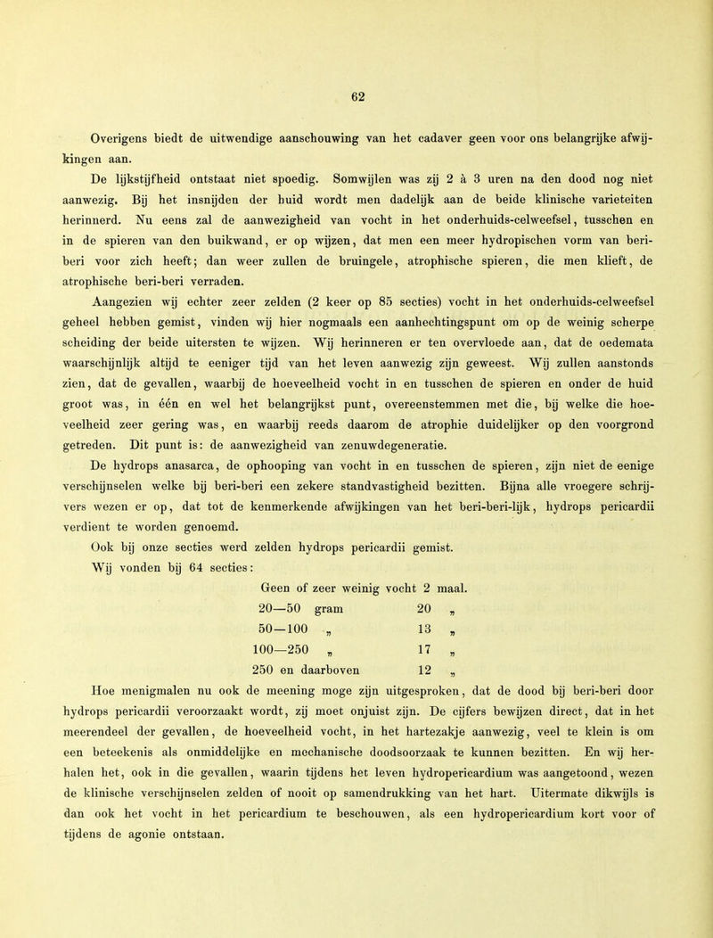 Overigens biedt de uitwendige aanschouwing van het cadaver geen voor ons belangrijke afwij- kingen aan. De lijkstijfheid ontstaat niet spoedig. Somwijlen was zij 2 a 3 uren na den dood nog niet aanwezig. Bij het insnijden der buid wordt men dadelijk aan de beide klinische variëteiten herinnerd. Nu eens zal de aanwezigheid van vocht in het onderhuids-celweefsel, tusschen en in de spieren van den buikwand, er op wijzen, dat men een meer hydropischen vorm van beri- beri voor zich heeft; dan weer zullen de bruingele, atrophische spieren, die men klieft, de atrophische beri-beri verraden. Aangezien wij echter zeer zelden (2 keer op 85 secties) vocht in het onderhuids-celweefsel geheel hebben gemist, vinden wij hier nogmaals een aanhechtingspunt om op de weinig scherpe scheiding der beide uitersten te wijzen. Wij herinneren er ten overvloede aan, dat de oedemata waarschijnlijk altijd te eeniger tijd van het leven aanwezig zijn geweest. Wij zullen aanstonds zien, dat de gevallen, waarbij de hoeveelheid vocht in en tusschen de spieren en onder de huid groot was, in één en wel het belangrijkst punt, overeenstemmen met die, bij welke die hoe- veelheid zeer gering was, en waarbij reeds daarom de atrophie duidelijker op den voorgrond getreden. Dit punt is: de aanwezigheid van zenuwdegeneratie. De hydrops anasarca, de ophooping van vocht in en tusschen de spieren, zijn niet de eenige verschijnselen welke bij beri-beri een zekere standvastigheid bezitten. Bijna alle vroegere schrij- vers wezen er op, dat tot de kenmerkende afwijkingen van het beri-beri-lijk, hydrops pericardii verdient te worden genoemd. Ook bij onze secties werd zelden hydrops pericardii gemist. Wij vonden bij 64 secties: Geen of zeer weinig vocht 2 maal. 20—50 gram 20 „ 50—100 „ 13 „ 100—250 „ 17 „ 250 en daarboven 12 „ Hoe menigmalen nu ook de meening moge zijn uitgesproken, dat de dood bij beri-beri door hydrops pericardii veroorzaakt wordt, zij moet onjuist zijn. De cijfers bewijzen direct, dat in het meerendeel der gevallen, de hoeveelheid vocht, in het hartezakje aanwezig, veel te klein is om een beteekenis als onmiddelijke en mechanische doodsoorzaak te kunnen bezitten. En wij her- halen het, ook in die gevallen, waarin tijdens het leven hydropericardium was aangetoond, wezen de klinische verschijnselen zelden of nooit op samendrukking van het hart. Uitermate dikwijls is dan ook het vocht in het pericardium te beschouwen, als een hydropericardium kort voor of tijdens de agonie ontstaan.
