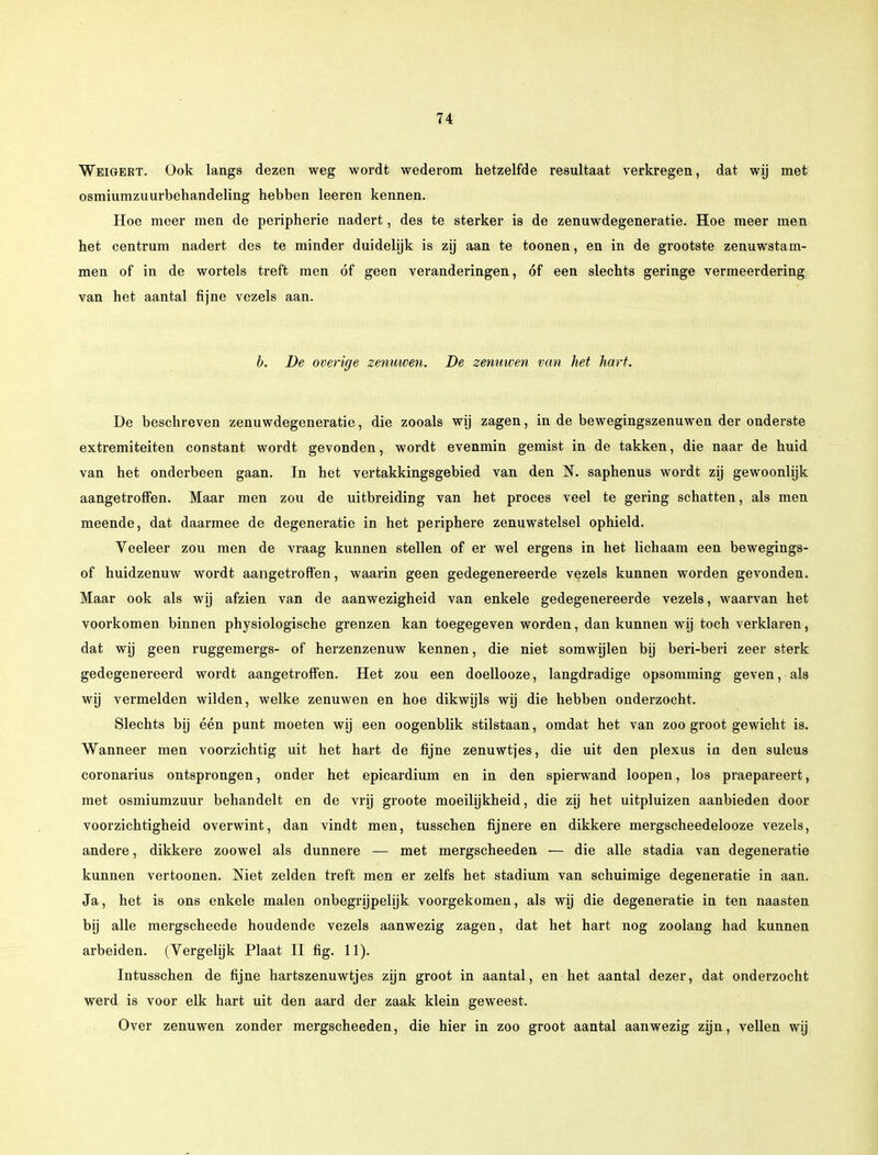 Weigert. Ook langs dezen weg wordt wederom hetzelfde resultaat verkregen, dat wij met osmiumzuurbehandeling hebben leeren kennen. Hoe meer men de peripherie nadert, des te sterker is de zenuwdegeneratie. Hoe meer men het centrum nadert des te minder duidelijk is zij aan te toonen, en in de grootste zenuwstam- men of in de wortels treft men óf geen veranderingen, óf een slechts geringe vermeerdering van het aantal fijne vezels aan. b. De overige zenuwen. De zenuiven van het hart. De beschreven zenuwdegeneratie, die zooals wij zagen, in de bewegingszenuwen der onderste extremiteiten constant wordt gevonden, wordt evenmin gemist in de takken, die naar de huid van het onderbeen gaan. In het vertakkingsgebied van den M: saphenus wordt zij gewoonlijk aangetroffen. Maar men zou de uitbreiding van het proces veel te gering schatten, als men meende, dat daarmee de degeneratie in het periphere zenuwstelsel ophield. Veeleer zou men de vraag kunnen stellen of er wel ergens in het lichaam een bewegings- of huidzenuw wordt aangetroffen, waarin geen gedegenereerde vezels kunnen worden gevonden. Maar ook als wij afzien van de aanwezigheid van enkele gedegenereerde vezels, waarvan het voorkomen binnen physiologische grenzen kan toegegeven worden, dan kunnen wij toch verklaren, dat wij geen ruggemergs- of herzenzenuw kennen, die niet somwijlen bij beri-beri zeer sterk gedegenereerd wordt aangetroffen. Het zou een doellooze, langdradige opsomming geven, als wij vermelden wilden, welke zenuwen en hoe dikwijls wij die hebben onderzocht. Slechts bij één punt moeten wij een oogenblik stilstaan, omdat het van zoo groot gewicht is. Wanneer men voorzichtig uit het hart de fijne zenuwtjes, die uit den plexus in den sulcus coronarius ontsprongen, onder het epicardium en in den spierwand loopen, los praepareert, met osmiumzuur behandelt en de vrij groote moeilijkheid, die zij het uitpluizen aanbieden door voorzichtigheid overwint, dan vindt men, tusschen fijnere en dikkere mergscheedelooze vezels, andere, dikkere zoowel als dunnere — met mergscheeden — die alle stadia van degeneratie kunnen vertoonen. Niet zelden treft men er zelfs het stadium van schuimige degeneratie in aan. Ja, het is ons enkele malen onbegrijpelijk voorgekomen, als wij die degeneratie in ten naasten bij alle mergscheede houdende vezels aanwezig zagen, dat het hart nog zoolang had kunnen arbeiden. (Vergelijk Plaat II fig. 11). Intusschen de fijne hartszenuwtjes zijn groot in aantal, en het aantal dezer, dat onderzocht werd is voor elk hart uit den aard der zaak klein geweest. Over zenuwen zonder mergscheeden, die hier in zoo groot aantal aanwezig zijn, vellen wij