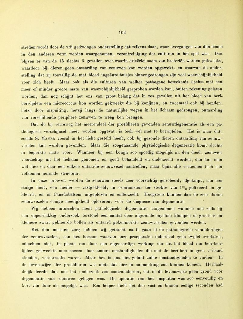 streden wordt door de vrij gedwongen onderstelling dat telkens daar, waar overgangen van den eenen in den anderen vorm werden waargenomen, verontreiniging der culturen in het spel was. Dan blijven er van de 15 slechts 3 gevallen over waarin drieërlei soort van bacteriën werden gekweekt, waardoor bij dieren geen ontaarding van zenuwen kon worden opgewekt, en waarvan de onder- stelling dat zij toevallig de met bloed ingeënte buisjes binnengedrongen zijn veel waarschijnlijkheid voor zich heeft. Maar ook als die culturen van welker pathogene beteekenis slechts met een meer of minder groote mate van waarschijnlijkheid gesproken worden kan, buiten rekening gelaten worden, dan nog schijnt het ons van groot belang dat in zes gevallen uit het bloed van beri- beri-lijders een micrococcus kon worden gekweekt die bij konijnen, en tweemaal ook bij honden, hetzij door inspuiting, hetzij langs de natuurlijke wegen in het lichaam gedrongen, ontaarding van verschillende periphere zenuwen te weeg kon brengen. Dat de bij verreweg het meerendeel der proefdieren gevonden zenuwdegeneratie als een pa- thologisch verschijnsel moet worden opgevat, is toch wel niet te betwijfelen. Het is waar dat, zooals S. Mayer vooral in het licht gesteld heeft, ook bij gezonde dieren ontaarding van zenuw- vezelen kan worden gevonden. Maar die zoogenaamde physiologische degeneratie komt slechts in beperkte mate voor. Wanneer bij een konijn zoo spoedig mogelijk na den dood, zenuwen voorzichtig uit het lichaam genomen en goed behandeld en onderzocht worden, dan kan men wel hier en daar een enkele ontaarde zenuwvezel aantreffen, maar bijna alle vertoonen toch een volkomen normale structuur. In onze proeven werden de zenuwen steeds zeer voorzichtig geïsoleerd, afgeknipt, aan een stukje hout, een lucifer — vastgekleefd, in osmiumzuur ter sterkte van l°/0 gefixeerd en ge- kleurd, en in Canadabalsem uitgeplozen en onderzocht. Hoogstens kunnen dan de zeer dunne zenuwvezelen eenige moeilijkheid opleveren, voor de diagnose van degeneratie. Wij hebben intusschen nooit pathologische degeneratie aangenomen wanneer niet zelfs bij een oppervlakkig onderzoek terstond een aantal door afgeronde myeline klompen of grootere en kleinere zwart gekleurde bollen als ontaard gekenmerkte zenuwvezelen gevonden werden. Met den meesten zorg hebben wij getracht na te gaan of de pathologische veranderingen der zenuwvezelen, aan het bestaan waarvan onze praeparaten inderdaad geen twijfel overlaten, misschien niet, in plaats van door een eigenaardige werking der uit het bloed van beri-beri- hjders gekweekte micrococcen door andere omstandigheden die met de beri-beri in geen verband stonden, veroorzaakt waren. Maar het is ons niet gelukt zulke omstandigheden te vinden. In de levenswijze der proefdieren was niets dat hier in aanmerking zou kunnen komen. Herhaal- delijk leerde dan ook het onderzoek van controledieren, dat in de levenswijze geen grond voor degeneratie van zenuwen gelegen was. De operatie van het inspuiten was zoo eenvoudig en kort van duur als mogelijk was. Een helper hield het dier vast en binnen eenige seconden had