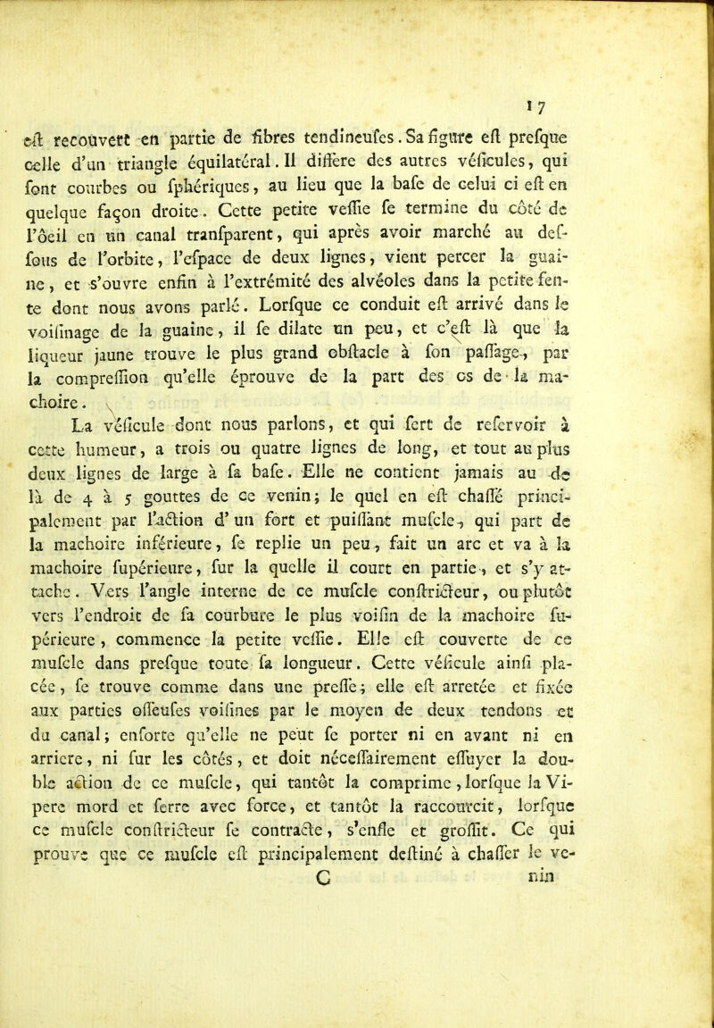 tà recouvert en partie de iîbres tendincufes. Sa figure efl prefque celle d'un triangle équilatcral. Il dilîère des autres véficules, qui font courbes ou fpliériques, au lieu que la bafe de celui ci qû. en quelque façon droite » Cette petite velTie fe termine du côté de rôeil en un canal tranfparent, qui après avoir marché au def- fous de l'orbite, refpace de deux lignes, vient percer la guai- ne, et s'ouvre enfin à l'extrémité des alvéoles dans la petite fen- te dont nous avons parlé. Lorfque ce conduit eft arrivé dans k voifinage de la guaîne, il fe dilate un peu, et c'eft là que la liqueur jaune trouve le plus grand obftacle à fon paiïâge, par la comprellion qu'elle éprouve de la part des os de • h mâ- choire . La véiîcuie dont nous parlons, et qui fert de refer^oir à cette humeur, a trois ou quatre lignes de long, et tout au plus deux lignes de large à fa bafe. Elle ne contient jamais au de là de 4- à 5 gouttes de ce venin; le quel en efl chafîé pri-nci- palcnient par l'aftion d'un fort et puifîànt mufcle-, qui part de la mâchoire inférieure, fe replie un peu, fait un arc et va à h mâchoire fupérieure, fur la quelle il court en partie , et s'y at- tache . V.ers l'angle interne de ce mufcle conflriâ^eur, ou plutôt vers l'endroit de fa courbure le plus voilin de la mâchoire fu- périeure , commence la petite vcfîie. Elle ell couverte de es mufcle dans prefque toute fa longueur. Cette véiîcule ainfi pla- cée, fe trouve comme dans une prelTe; elle efl: arrêtée et fixée aux parties ofieufes voiiines par le m.oyen de deux tendons ce da canal ; enforte qu'elle ne peut fe porter ni en avant ni en arrière, ni fur les côtés, et doit néceflairement eifuyer la dou- ble a£lion de ce mufcle, qui tantôt la comprime , lorfque la Vi- père mord et ferre avec force, et tantôt la racconrcit, lorfque ce mufcle conftricleur fe contraéle, s*enfle et groilit. Ce qui prouve que ce mufcle efl piîneipaleracnt deftiué à cbaflcr le ve- C 3nin