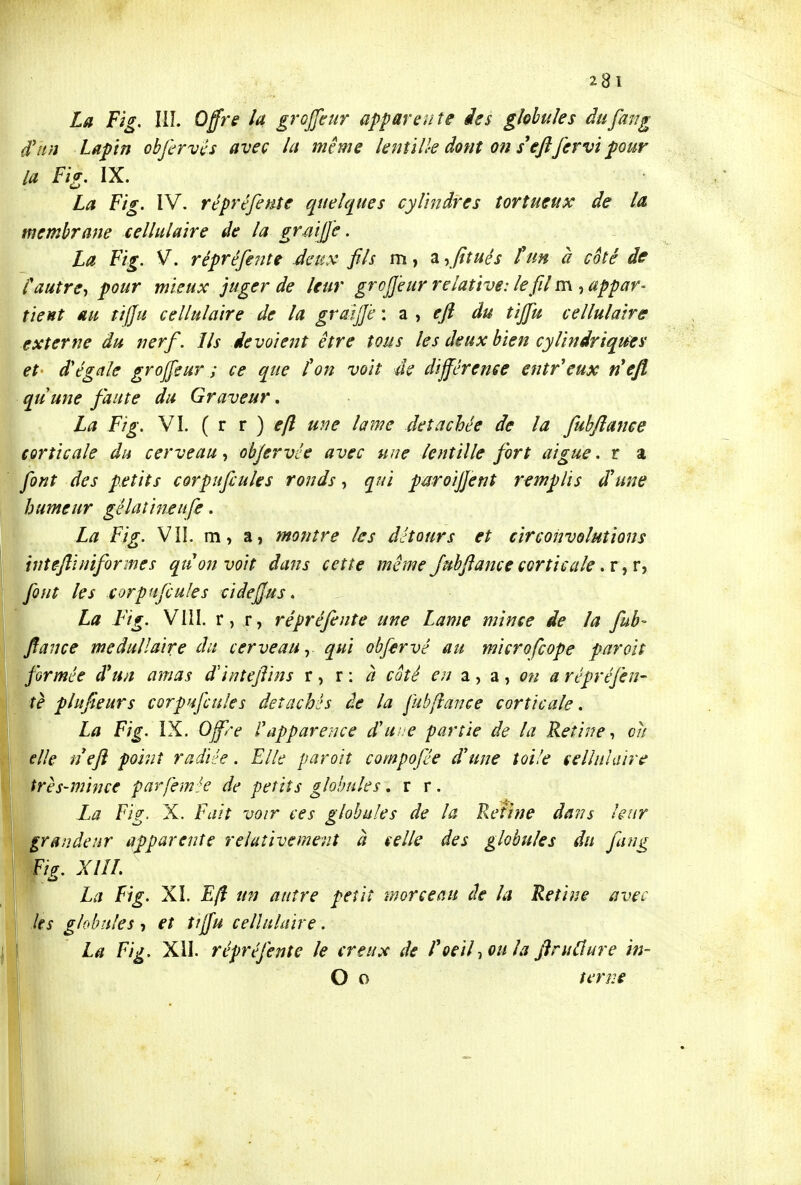 La Fîg. IIÎ. Offre la grojfeur apparente ies globules àufang d'un Lapin obfirvés avec la même lenùlk dont on s eftfervi pour la jF/>. IX. s.» La Fig. IV. répréfeuîe quelques cylindres tortueux de la membrane cellulaire de la grsijje. La Fig, V. répréfente deux fils 2l ^fitués tun à coté de f autre-, pour mieux juger de leur grojjeur relative: le fil m , appar- tient au tifju cellulaire de la graijjè : ^ ^ efi du tiffu cellulaire externe du nerf. Ils dévoient être tous les deux bien cylindriques et d'égale groffeur ; ce que ton voit 4e différence entr'eux n'efl quune faute du Graveur. La Fig. VI. ( r t ) efl une lame détachée de la fuhflance corticale du cerveau^ objervée avec une lentille fort aiguë, r a font des petits corpufcules ronds, qui puroijjent remplis d'une humeur gélatineufe. La Fig. VII. m, a, montre les détours et circonvolutions hite-ftiniformes quon voit dans cette même fubftance corticale. r, r, font les corpufcules ci défias, La Fig. VUI. r, r, répréfente une Lame mince de la fub- ftance médullaire du cerveau ^ qui obfervé au microfcope parait formée d'un amas d'inteftins r, r : ^ coté en Ofi a répréfen- te plufieurs corpHfcules détachés àe la fubffance corticale. La Fig. IX. Offre l'apparence d'u: e partie de la Rétine ^ oh elle neft point radiée. Elle paraît compofée d'une toile sellnUùre très-mince parfemée de petits globules. r r. La Fig. X. Fait voir ces globules de la Rétine dans leur grandeur apparente relativement à celle des globules du fing Fig. XÎÎL La Fig. XL Efl un autre petit morceau de la Rétine avec les globules » et tiffu cellulaire. La Fig. XII. répréfente le creux de l'oeil-, ou la jlruÛure in- O o terne