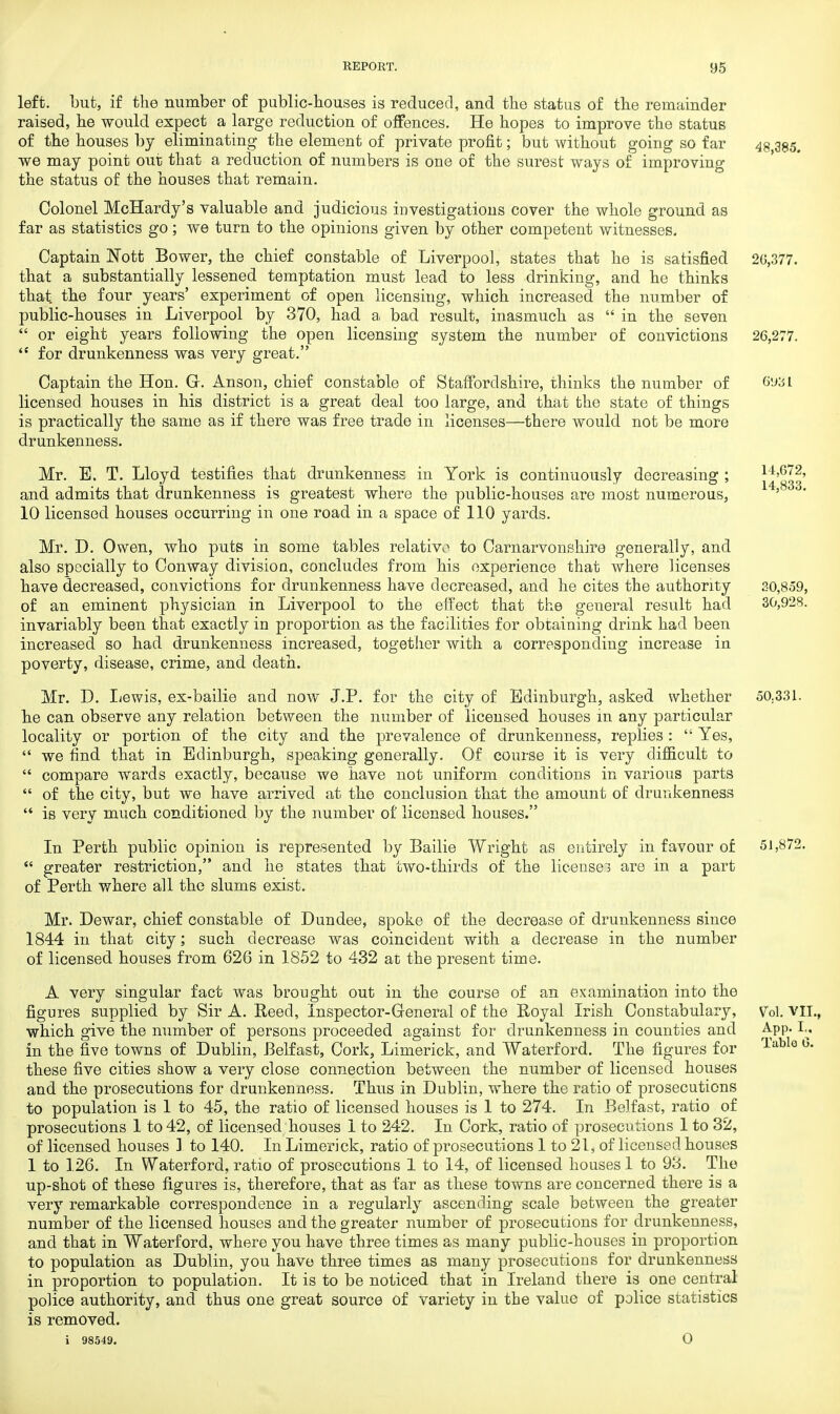 left, but, if the number of public-bouses is reduced, and the status of the remainder raised, be would expect a large reduction of offences. He hopes to improve the status of the houses by eliminating the element of private profit; but without going so far 4$ ^5. we may point out that a reduction of numbers is one of the surest ways of improving the status of the houses that remain. Colonel McHardy's valuable and judicious investigations cover the whole ground as far as statistics go; Ave turn to the opinions given by other competent witnesses. Captain Nott Bower, the chief constable of Liverpool, states that he is satisfied 20,377. that a substantially lessened temptation must lead to less drinking, and he thinks that the four years' experiment of open licensing, which increased the number of public-houses in Liverpool by 370, had a bad result, inasmuch as  in the seven  or eight years following the open licensing system the number of convictions 26,277. <e for drunkenness was very great. Captain the Hon. Gr. Anson, chief constable of Staffordshire, thinks the number of 6'J3I licensed houses in his district is a great deal too large, and that the state of things is practically the same as if there was free trade in licenses—there would not be more drunkenness. Mr. E. T. Lloyd testifies that drunkenness in York is continuously decreasing ; \^'%2, and admits that drunkenness is greatest where the public-houses are most numerous, 10 licensed houses occurring in one road in a space of 110 yards. Mr. D. Owen, who puts in some tables relative to Carnarvonshire generally, and also specially to Conway division, concludes from his experience that where licenses have decreased, convictions for drunkenness have decreased, and he cites the authority 30,859, of an eminent physician in Liverpool to the effect that the general result had 30,928. invariably been that exactly in proportion as the facilities for obtaining drink had been increased so had drunkenness increased, together with a corresponding increase in poverty, disease, crime, and death. Mr. D. Lewis, ex-bailie and now J.P. for the city of Edinburgh, asked whether 50.331. he can observe any relation between the number of licensed houses in any particular locality or portion of the city and the prevalence of drunkenness, replies :  Yes,  we find that in Edinburgh, speaking generally. Of course it is very difficult to  compare wards exactly, because we have not uniform conditions in various parts  of the city, but we have arrived at the conclusion that the amount of drunkenness  is very much conditioned by the number of licensed houses. In Perth public opinion is represented by Bailie Wright as entirely in favour of 51,872.  greater restriction, and he states that two-thirds of the license! are in a part of Perth where all the slums exist. Mr. Dewar, chief constable of Dundee, spoke of the decrease of drunkenness since 1844 in that city; such decrease was coincident with a decrease in the number of licensed houses from 626 in 1852 to 432 at the present time. A very singular fact was brought out in the course of an examination into the figures supplied by Sir A. Reed, Inspector-General of the Royal Irish Constabulary, Vol. VII., which give the number of persons proceeded against for drunkenness in counties and App- in the five towns of Dublin, Belfast, Cork, Limerick, and Waterford. The figures for labl° °- these five cities show a very close connection between the number of licensed houses and the prosecutions for drunkenness. Thus in Dublin, where the ratio of prosecutions to population is 1 to 45, the ratio of licensed houses is 1 to 274. In Belfast, ratio of prosecutions 1 to 42, of licensed houses 1 to 242. In Cork, ratio of prosecutions 1 to 32, of licensed houses 1 to 140. In Limerick, ratio of prosecutions 1 to 21, of licensed houses 1 to 126. In Waterford, ratio of prosecutions 1 to 14, of licensed houses 1 to 93. The up-shot of these figures is, therefore, that as far as these towns are concerned there is a very remarkable correspondence in a regularly ascending scale between the greater number of the licensed houses and the greater number of prosecutions for drunkenness, and that in Waterford, where you have three times as many public-houses in proportion to population as Dublin, you have three times as many prosecutions for drunkenness in proportion to population. It is to be noticed that in Ireland there is one central police authority, and thus one great source of variety in the value of police statistics is removed. i 98549. O