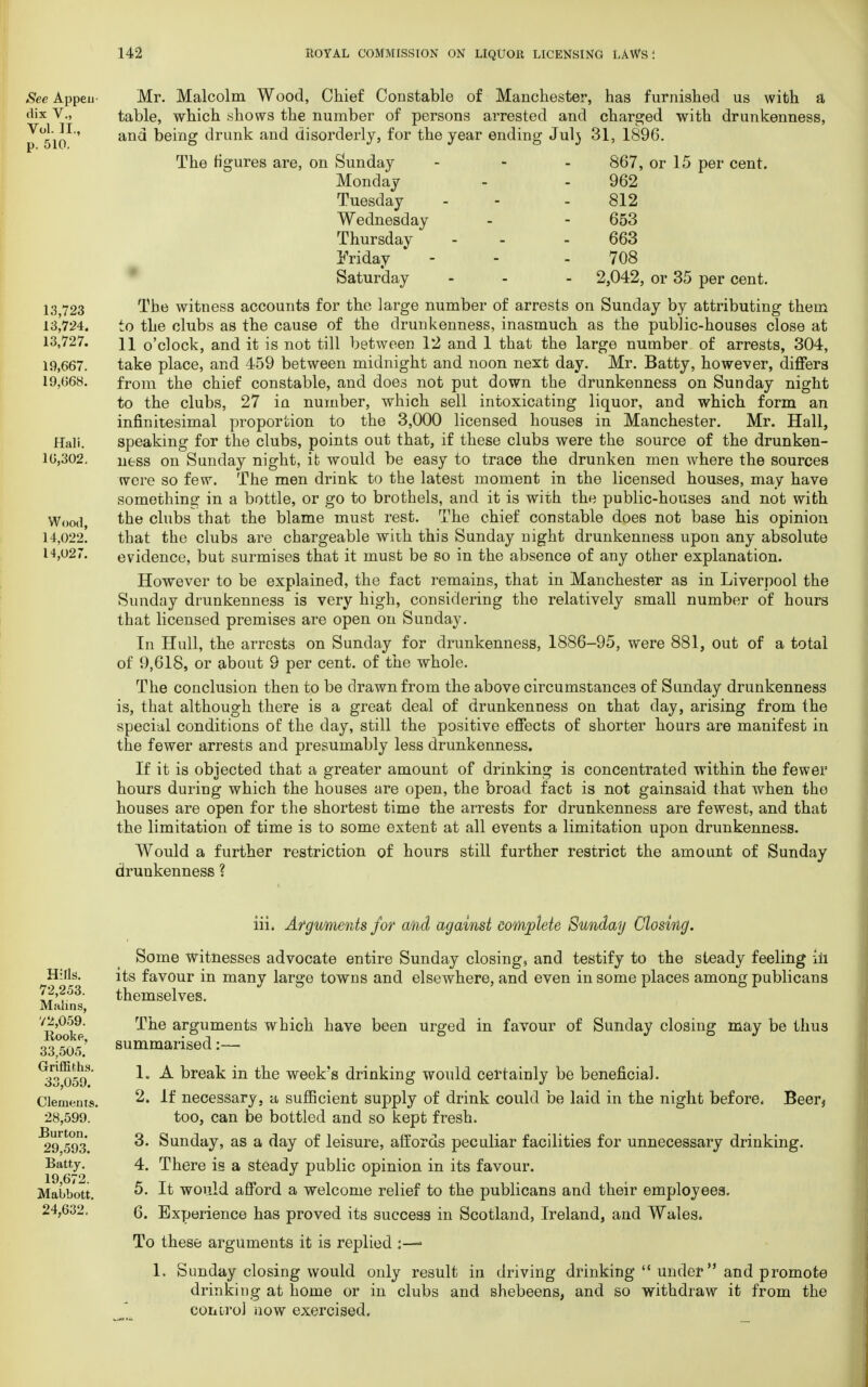 See Appeu- Mr. Malcolm Wood, Chief Constable of Manchester, has furnished us with a dix V., table, which shows the number of persons arrested and charged with drunkenness, p^io*' anc* being drunk and disorderly, for the year ending Jul) 31, 1896. The figures are, on Sunday - - - 867, or 15 per cent. Monday - - 962 Tuesday - - - 812 Wednesday - - 653 Thursday - - 663 Friday - - 708 Saturday - - 2,042, or 35 per cent. 13 723 ^he witness accounts for the large number of arrests on Sunday by attributing them 13,724. to the clubs as the cause of the drunkenness, inasmuch as the public-houses close at 13,727. 11 o'clock, and it is not till between 12 and 1 that the large number of arrests, 304, 19.667. take place, and 459 between midnight and noon next day. Mr. Batty, however, differs 19.668. from the chief constable, and does not put down the drunkenness on Sunday night to the clubs, 27 in number, which sell intoxicating liquor, and which form an infinitesimal proportion to the 3,000 licensed houses in Manchester. Mr. Hall, Hali. speaking for the clubs, points out that, if these clubs were the source of the drunken- 10,302. uess on Sunday night, it would be easy to trace the drunken men where the sources were so few. The men drink to the latest moment in the licensed houses, may have something in a bottle, or go to brothels, and it is with the public-houses and not with Wood the clubs that the blame must rest. The chief constable does not base his opinion 14,022. that the clubs are chargeable with this Sunday night drunkenness upon any absolute 14,027. evidence, but surmises that it must be so in the absence of any other explanation. However to be explained, the fact remains, that in Manchester as in Liverpool the Sunday drunkenness is very high, considering the relatively small number of hours that licensed premises are open on Sunday. In Hull, the arrests on Sunday for drunkenness, 1886-95, were 881, out of a total of 9,618, or about 9 per cent, of the whole. The conclusion then to be drawn from the above circumstances of Sunday drunkenness is, that although there is a great deal of drunkenness on that day, arising from the special conditions of the day, still the positive effects of shorter hours are manifest in the fewer arrests and presumably less drunkenness. If it is objected that a greater amount of drinking is concentrated within the fewer hours during which the houses are open, the broad fact is not gainsaid that when the houses are open for the shortest time the arrests for drunkenness are fewest, and that the limitation of time is to some extent at all events a limitation upon drunkenness. Would a further restriction of hours still further restrict the amount of Sunday drunkenness ? Hills. 72,253. Malins, 72,059. Rooke, 33,505. Griffiths. 33,059. Clements. 28,599. Burton. 29,593. Batty. 19,672. Mabbott. 24,632. iii. Arguments for and against complete Sunday Closing. Some witnesses advocate entire Sunday closing, and testify to the steady feeling ill its favour in many large towns and elsewhere, and even in some places among publicans themselves. The arguments which have been urged in favour of Sunday closing may be thus summarised:— lu A break in the week's drinking would certainly be beneficial. 2. If necessary, a sufficient supply of drink could be laid in the night before. Beer, too, can be bottled and so kept fresh. 3. Sunday, as a day of leisure, affords peculiar facilities for unnecessary drinking. 4. There is a steady public opinion in its favour. 5. It would afford a welcome relief to the publicans and their employees. 6. Experience has proved its success in Scotland, Ireland, and Wales. To these arguments it is replied 1. Sunday closing would only result in driving drinking  under  and promote drinking at home or in clubs and shebeens, and so withdraw it from the control now exercised.