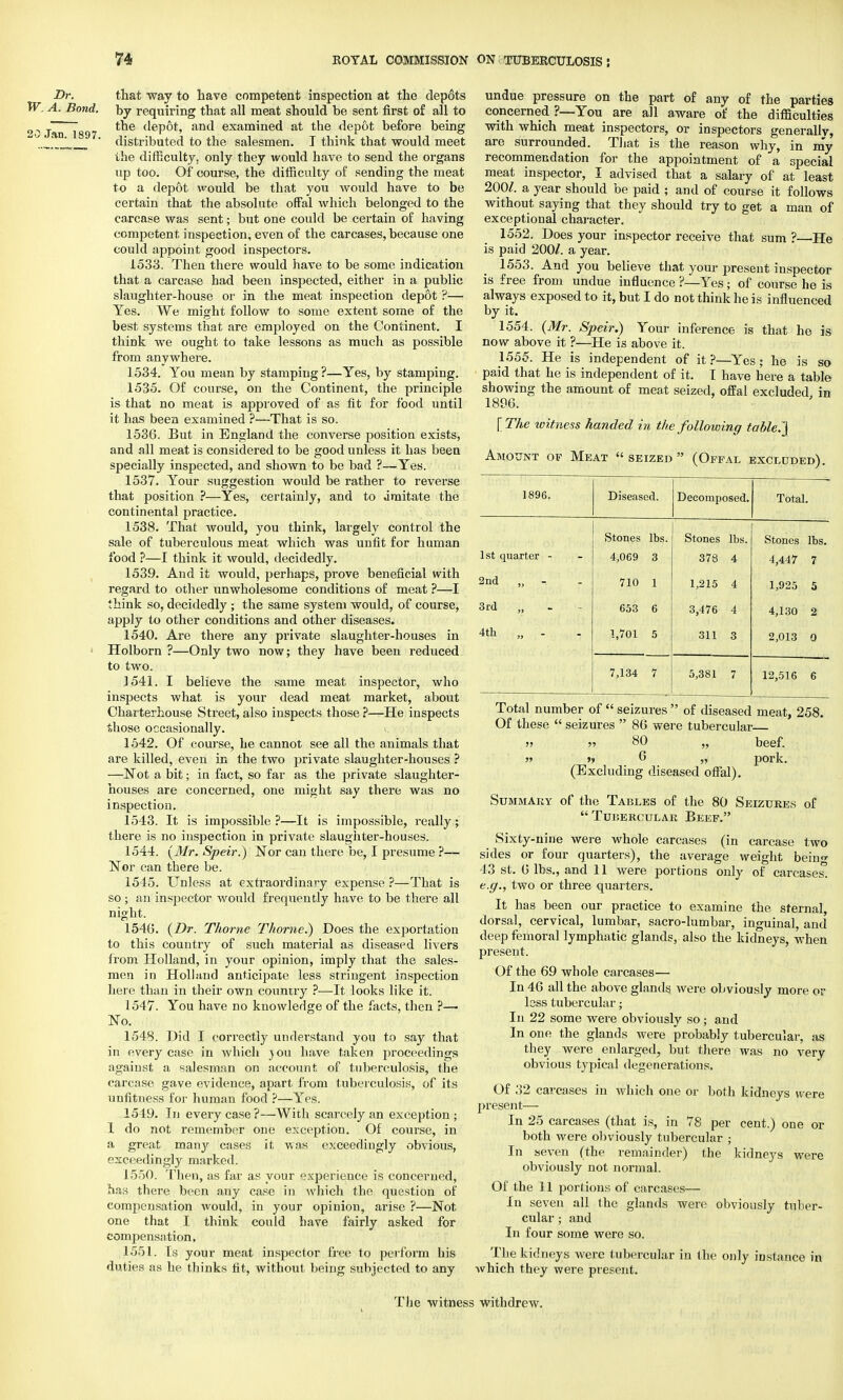 Dr. that way to have competent inspection at the depots W. A. Bond, by requiring that all meat should be sent first of all to 20 Jan is 7 depot, and examined at the depot before being ' distributed to the salesmen. T think that would meet the difficulty, only they would have to send the organs up too. Of course, the difficulty of sending the meat to a depot would be that you would have to be certain that the absolute offal which belonged to the carcase was sent; but one could be certain of having competent inspection, even of the carcases, because one could appoint good inspectors. 1533. Then there would have to be some indication that a carcase had been inspected, either in a public slaughter-house or in the meat inspection depot ?— Yes. We might follow to some extent some of the best systems that are employed on the Continent. I think we ought to take lessons as much as possible from anywhere. 1534. You mean by stamping?—Yes, by stamping. 1535. Of course, on the Continent, the principle is that no meat is approved of as fit for food until it has been examined ?—That is so. 1536. But in England the converse position exists, and all meat is considered to be good unless it has been specially inspected, and shown to be bad ?—Yes. 1537. Your suggestion would be rather to reverse that position ?—Yes, certainly, and to imitate the continental practice. 1538. That would, you think, largely control the sale of tuberculous meat which was unfit for human food ?—I think it would, decidedly. 1539. And it would, perhaps, prove beneficial with regard to other unwholesome conditions of meat ?—I think so, decidedly ; the same system would, of course, apply to other conditions and other diseases. 1540. Are there any private slaughter-houses in Holborn ?—Only two now; they have been reduced to two. 1541. I believe the same meat inspector, who inspects what is your dead meat market, about Charterhouse Street, also inspects those ?—He inspects those occasionally. 1542. Of course, he cannot see all the animals that are killed, even in the two private slaughter-houses ? —Not a bit; in fact, so far as the private slaughter- houses are concerned, one might say there was no inspection. 1543. It is impossible ?—It is impossible, really; there is no inspection in private slaughter-houses. 1544. {Mr. Speir.) Nor can there be, I presume ?— Nor can there be. 1545. Unless at extraordinary expense ?—That is so; an inspector would frequently have to be there all night. 1546. {Dr. Thome Thome.) Does the exportation to this country of such material as diseased livers from Holland, in your opinion, imply that the sales- men in Holland anticipate less stringent inspection here than in their own couniry ?•—It looks like it. 1547. You have no knowledge of the facts, then ?—■ No. 1548. Did I correctly understand you to say that in every case in which jou have taken proceedings against a salesman on account of tuberculosis, the carcase gave evidence, apart from tuberculosis, of its unfitness for human food ?—Yes. 1549. In every case?—With scarcely an exception; I do not remember one exception. Of course, in a great many cases it was exceedingly obvious, exceedingly marked. 1550. Then, as far as your experience is concerned, has there been any case in which the question of compensation would, in your opinion, arise ?—Not one that I think could have fairly asked for compensation, 1551. Is your meat inspector free to perform his duties as he thinks fit, without being subjected to any The witnes undue pressure on the part of any of the parties concerned ?—You are all aware of the difficulties with which meat inspectors, or inspectors generallv, are surrounded. That is the reason why, in my recommendation for the appointment of a special meat inspector, I advised that a salary of at least 200/. a year should be paid ; and of course it follows without saying that they should try to get a man of exceptional character. 1552. Does your inspector receive that sum ?—He is paid 200/. a year. 1553. And you believe that your present inspector is free from undue influence ?—Yes; of course he is always exposed to it, but I do not think he is influenced by it. 1554. {Mr. Speir.) Your inference is that he is now above it ?—He is above it. 1555. He is independent of it?—Yes; he is so paid that he is independent of it. I have here a table showing the amount of meat seized, offal excluded in 1896. [ The witness handed in the following table.} Amount of Meat seized (Offal excluded). 1896. Diseased. Decomposed. Total. Stones lbs. Stones lbs. Stones lbs. 1st quarter - 4,069 3 378 4 4,447 7 2nd „ - 710 1 1,215 4 1,925 5 3rd „ -:4i\y:' 653 6 3,476 4 4,130 2 4th „ - 1,701 5 311 3 2,013 0 7,134 7 5,381 7 12,516 6 Total number of  seizures  of diseased meat, 258. Of these  seizures  86 were tubercular ?5 » 80 „ beef. » » 6 „ pork. (Excluding diseased offal). Summary of the Tables of the 80 Seizures of  Tubercular Beef. Sixty-nine were whole carcases (in carcase two sides or four quarters), the average weight being 43 st. 6 lbs., and 11 were portions only of carcases! e.g., two or three quarters. It has been our practice to examine the sternal, dorsal, cervical, lumbar, sacro-lumbar, inguinal, and deep femoral lymphatic glands, also the kidneys, when present. Of the 69 whole carcases— In 46 all the above glands were obviously more or less tubercular; In 22 some were obviously so; and In one the glands were probably tubercular, as they were enlarged, but there was no very obvious typical degenerations. Of 32 carcases in which one or both kidneys were present— In 25 carcases (that is, in 78 per cent.) one or both were obviously tubercular ; In seven (the remainder) the kidneys were obviously not normal. Of the II portions of carcases— In seven all the glands were obviously tuber- cular ; and In four some were so. The kidneys were tubercular in the only instance in which they were present. i withdrew.
