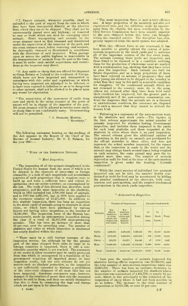  7. Export animals, whenever possible, shall be unloaded at the port of export from the cars in which they have been transported directly at the wharves froiu which they are to be shipped. They shall not be unnecessarily passed over any highway, or removed to cars or boats which are used for conveying other animals. Boats transporting said animals to tbe ocean steamer must be first cleansed and disinfected under the supervision of the inspector of the port, and the ocean steamer must, before receiving said animals, be thoroughly cleansed or disinfected in accordance with the directions of said inspector. When passage upon or across the public highway is unavoidable in the transportation of animals from the cars to the boat, it must be under such careful supervision and restric- tions as the inspector may direct.  8. Any cattle or sheep that are offered for shipment to Great Britain or Ireland or the continent of Europe, which have not been inspected and transported in accordance with this order and regulations, or which having been inspected are adjudged to be infected, or to have been exposed to infection so as to be dangerous to other animals, shall not be allowed to be placed upon any vessel for exportation.  The supervision of the movement of cattle from cars and yards to the ocean steamer at the ports of export will be in charge of the inspector of the port. No ocean steamer will be allowed to receive more cattle or sheep than it can comfortably carry. Overcrowding will not be permitted.  J. Steeling Moeton,  Secretary. The following statement bearing on the working of the Act appears in the Ileport of the Chief of the Bureau of Animal Industry, Dr. D. E. Salmon, for the year 1895 :—  Work of the Inspection Division.  Meat Inspection.  The inspection of all the animals slaughtered in the United States for human food, the meat of which is to be shipped in the channels of inter-state or foreign commerce, is a task of such magnitude and necessitates a service of such proportions that it requires years to build up and train a sufficient force and extend its operations over our entire territory, as contemplated by the law. The work of this division has, therefore, been progressive, and the meat inspection at the abattoirs, which in 1892 included but 3,800,000 head of animals, and in 1893 but 4,885,000, has in 1896 been applied to the enormous number of 23,275,000. In addition to this abattoir inspection, there has been an inspection in the stock yards of animals going to abattoirs in other cities, or which have been purchased by various buyers not having other inspection, to the number of 12,641,000. The inspection force of the Bureau has, consequently, made an ante-mortem inspection during the year of a total of 35,917,000 meat-producing animals. This has been an increase of more than 50 per cent, over the preceding year. The number of abattoirs and cities at which inspection is conducted has nearly doubled within the year.  There must be a still further increase of the inspection service, for, although by far the greater part of the meat shipped from state to state or to foreign countries is inspected, there is still a con- siderable quantity which is not reached. The consumer of our meats in other countries may be easily protected from that which is uninspected by a regulation of his government requiring all imported meats to bear inspection marks, but our own citizens do not yet receive such an absolute protection, as tbe inspection is not sufficiently extended to warrant a prohibition of the inter-state shipment of all meat that has not been inspected. American consumers may, however, demand of the retailers of meats that only the inspected article be sold to them, and they can satisfy themselves that this is done by examining the tags and stamps which are put upon it for identification. I 94260.  The meat inspection force is now a very efficient, one. A large proportion of its members are able and experienced men, and the additions made by appoint- ment from the eligible list upon certification by the Civil Service Commission have been notably superior to the men obtained before this force was brought within the classified service. The discipline has, also, greatly improved since the merit system was adopted.  With this efficient force at our command, it has been possible to greatly extend the system of ante- mortem inspections in the stock yards and to embrace all of the important centres of the live stock trade. The animals entering these yards are inspected, and those found to be diseased or in a condition unfitting them for the production of wholesome meat arc! marked with a condemnation tag, showing that they have failed to pass the inspection. Such animals are held for future disposition, and as a large proportion of them have been rejected on account of pregnancy they and their young are allowed to be shipped to the country in order that they may be fed until in a suitable condition for slaughter. Of the condemned animals which are not returned to the country, some die in the pens, others are released after they have been held until their condition has improved, but the greater part is slaughtered, and if the post-mortem examination con- firms the diagnosis that the animals are in a diseased or unwholesome condition, the carcasses are disposed of in such a manner that they cannot be utilised for human food.  Following is a statement of the ante-mortem work at the abattoirs and stock yards:—The figures in the first column approximate the actual number of animals inspected for abattoirs having Government inspection, and includes those inspected in the yards for such local abattoirs and those inspected at the abattoirs in cities where there is no yard inspection. The second column gives the additional number of inspections in the yards on animals not purchased for the official abattoirs in those cities, and does not represent the actual number inspected, for the reason that, as the inspection is made at the scales and the animals may change hands several times, being weighed on each occasion, the same animal may pass the in- spector more than once. The number of animals rejected as unfit for food at the time of the ante-mortem inspection is given under the heading ' Animals condemned.'  While the exact number of individual live amimals inspected can not be told, the number finally con- demned as unfit for food may be ascertained by adding the number condemned at the abattoirs, both ante- mortem and post-mortem, and the number condemned post-mortem m the stock yards inspection.  Ante-mortem Inspection. Number of Inspections. Animals Condemned. Animals. For otfici:il abattoirs in cities where th<; inspection was made. For abattoirs in other cities and miscel- laneous buyers. Total. At Abat- toirs. Iii Stock Yards. Total. Cattle - 4,050,011 3,479,512 7,529,523 233 22,123 22,356 Sheep - 4,710,190 1,608,094 6,318,284 692 12,533 13,225 Calve., - 213,575 101,271 314,846 47 2,790 2,837 Hoks 14,301,963 7,452,863 21,754,826 11,889 39,092 50,981 Total - 23,275,739 12,641,740 35,917,479 12,861 76,538 89,399  Last year the number of animals inspected for abattoirs baving official inspection was 18.783.000, and the total number of ante-mortem inspections made was 23,885,721. There has been an increase, therefore, in the number of animals inspected for abattoirs where inspection was maintained of 4.492,739, or nearly 24 per cent., which is due principally to the extension of the inspection of sheep where it had not been possible to do so before. The increase in the total number of inspections is 12,031,758, or over 50 per cent, 3 F