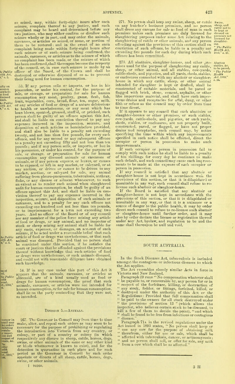 so seized, may, within forty-eight hours after such seizure, complain thereof to any justice, and such complaint may be heard and determined before any two justices, who may either confirm or disallow such seizure wholly or in part, and may order the animals, carcasses, or articles so seized, or some, or portion of them to be restored: and in the event of no such complaint being made within forty-eight hours after such seizure or of such, seizure being confirmed, the animals, carcasses, or articles as to the seizure of which no complaint has been made, or the seizure of which has been confirmed,shall thereupon become the property of the council, or, in case such seizure is mr.de by an officer of the Board, of the Crown and shall be destroyed or otherwise disposed of so as to prevent their being used for human consumption. 53. If any person sells ov imports, or has in his possession, or under his control, for the purpose of sale, or storage, or preparation for sale for human consumption any meat, poultry, game, flesh, fish, fruit, vegetables, corn, bread, flour, tea, sugar, milk, or any articles of food or drugs of a nature deleterious to health or unwholesome, or any meat which has been blown, spouted, greased, stuff?.d, or pricked, such person shall be guilty of an offence against this Act, and shall be liable on conviction thereof to pay any expenses incurred in the inspection, seizure, and disposition of such articles as hereinbefore provided, and shall also be liable to a penalty not exceeding twenty, and not less than five pounds, for every such offence, and for any second or any subsequent offence to a penalty not exceeding fifty and not less than ten pounds ; and if any person sells, or imports, or has in his possession, cr under his control, for the purpose of sale, or storage, or preparation for sale for human consumption any diseased animals or carcasses of animals, or if any person exposes, or leaves, or causes to be exposed, or left in any market, or saleyard, or at any auction, or drives or causes to be driven to any market, auction, or saleyard for sale, any animal suffering from pleuro-pneumonia, tuberculosis, anthrax, fluke, or any disease or ailment whatsoever, to such an extent as to render such animal when slaughtered unfit for human consumption, he shall be guilty of an offence against this Act, and shall be liable on con- viction thereof to pay any expenses incurred in the inspection, seizure, and disposition of such animals or carcasses, and to a penalty for any such offence not exceeding one hundred and not less than ten pounds, or to imprisonment for a term not exceeding two years. And no officer of the Board or of any council nor any member of the police force seizing any article of food or drugs, or any animal, and no inspector of stock or sheep seizing any animal shall be liable for any costs, expenses, or damages, on account of such seizure, if he acted under a reasonable belief that such article of food or drugs was unwholesome, or that such animal was diseased. Provided that no person shall be convicted under this section, if he satisfies the court or justices that he offended against the provisions thereof without knowledge that such articles of food or drugs were unwholesome, or such animals diseased, and could not with reasonable diligence have obtained such knowledge. 54. If in any case under this part of this Act it appears that the animals, carcasses, or articles as aforesaid, are of a kind usually used as food or drugs for human consumption, the proof that such animals, carcasses, or articles were not intended for human consumption, or for sale for human consumption, shall lie on the party contending that they were not, so intended. Division 5.—Animals. 267. The Governor in Council may from time to time make, alter, and repeal such orders as may seem to be necessary for the purpose of prohibiting or regulating the introduction into Victoria from any country, or colony, or part of a country or colony (in which respectively any disease in sheep, cattle, horses, dogs, swine, or other animals of the same or any other kind or kinds whatsoever is known to exist), and for the detention in quarantine in such place and for such period as the Governor in Council by such order appoints or directs of all sheep, cattle, horses, dogs, swine, or other animals. I 942GO. 271. No person shall keep any swine, sheep, or cattle on any butcher's business premises, and no person shall dress any carcass for sale as food of man in such premises unless such premises are duly licensed for slaughtering purposes under some Act relating to the slaughtering of cattle or other animals, am' any person offending against the provisions of this section shall on conviction of such offence, be liable to a penalty not exceeding five pounds for each day during which such offence has been committed. 273. All abattoirs, slaughter-houses, and other pre- mises used for the purpose of slaughtering any cattle, sheep, or other animal, and all stables, cow-yards, cattle-sheds, and pig-sties, and all yards, sheds, stables, or enclosures connected with any abattoir or slaughter- house in which any cattle, sheep, or other animal intended for slaughter is kept or drafted, shall be constructed of suitable materials, and be paved or flagged with brick, stone, cement, asphalte, or other like impervious material, and shall have such imper- vious drain3 and receptacles for offal, dung, or other filth or refuse as the council may by order from time to time direct. If it appears to any council that such abattoirs or slaughter-houses or other premises, or such stables, cow-yards, cattle-sheds, and pig-sties, or such yards, sheds, stables, or enclosures, are not properly built, constructed, paved, or flagged, or have not proper drains and receptacles, such council may, by notice specifying the time within which any improvements specified in such notice shall be effected, direct the occupier or person in possession to make such improvements. If such occupier or person in possession fail ro comply with such notice he shall be liable to a penalty of ten shillings for every day he continues to make such default, and such council may cause such improve- ments to be made at the expense of such occupier or person in possession. If any council is satisfied that any abattoir or slaughter-house is not kept in accordance wuh the provisions of this section, or that it is dilapidated or unsuitable in any way, such council shall refuse to re- license such abattoir or slaughter-house. If the Board is satisfied that any abattoir or slaughter-house is not kept in accordance with the provisions of this section, or that it is dilapidated or unsuitable in any way, or that it is a nuisance or a source of danger to the public health, it may by order direct such council to refuse to re-license such abattoir or slaughter-house until further order, and it may also by order declare the license or registration thereof under any Act, byelaw, and regulation to be and the same shall thereupon be null and void. SOUTH AUSTRALIA. Swine, sheep, mid cattle not lo he kept or dressed on premises not licensed for slaughter- ing.  'The Public Health Act, lH^'J, s. 47. Abattou stables, &c. to he paved. •• The Public Health Act. 1SS9, s. 31. In the Stock Diseases Act, tuberculosis is included amongst the contagious or infectious diseases to which the Act applies. The Act resembles closely similar Acts in force in Victoria and New Zealand. Paragraph 29 runs No compensation whatever shall  be payable to, or recoverable'by, any person for or in  respect of the forfeiture, killing, or destruction of  any stock, fodder, or fittings, forfeited, killed, or  destroyed under the authority of this Act cr the  Regulations: Provided that full compensation shall  be paid to the owners for all stock destroyed under  the provisions of section 13  (which allows the inspector, who believes certain stock to bo diseased, to kill a few of them to decide the point),  and which  shall be found to be free from infectious or contagious!  disease. Paragraph 71a in the revised regulations under the Act issued in 1893 states, iNo person shall keep or •' use any cow for the purpose of obtaining milk  therefrom, either for use or sale, which shall bo  affected with tuberculosis, cancer, or actinomycosis;  and no person shall sell, or offer for sale, any milk 41 from a cow which shall be so affected. 3 II