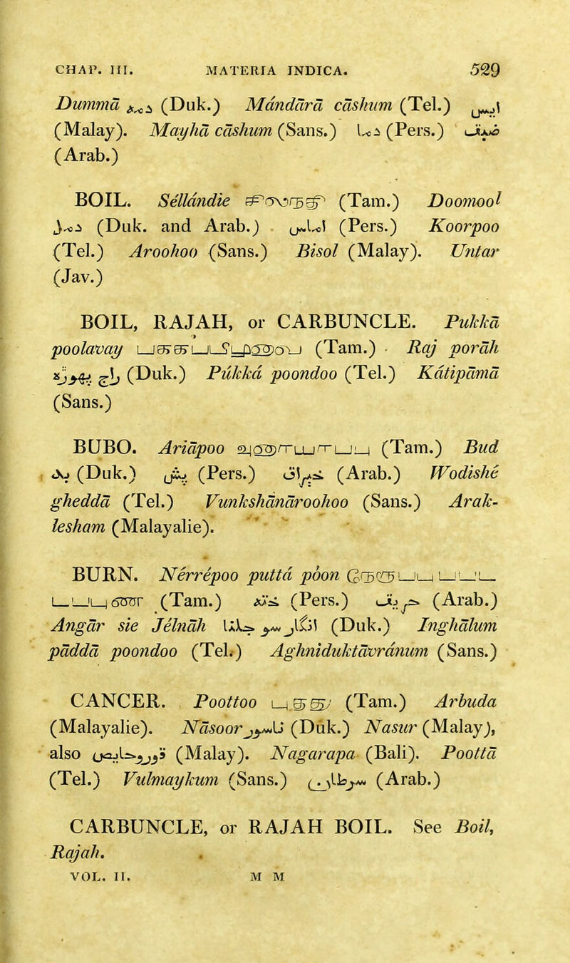Dumma (Duk.) Mdndara cashitm (Tel.) (Malay). May ha cashum (Sans.) Ui (Pers.) uImo (Arab.) BOIL. Selldndie g^rror^gp (Tarn.) Doomool (Duk. and Arab.) y-UI (Pers.) Koorpoo (Tel.) Aroohoo (Sans.) Bisol (Malay). U?itar (Jav.) BOIL, RAJAH, or CARBUNCLE. Pukka poolavay LJ^97L_ji_Ji,L_p22X5YJ (Tarn.) - Raj porah xjsqt. (Duk.) Pukka poondoo (Tel.) Kdtipama (Sans.) BUBO. Ariapoo aiQ^n-Lun-L-H—i (Tam.) Bud «Xj (Duk.) (Pers.) oU=; (Arab.) Wodishe ghedda (Tel.) Vunkshanaroohoo (Sans.) Arak- lesham (Malayalie). BURN. Nerrepoo puttd pbon Qrj,&lljuju. (Tam.) (Pers.) Jua (Arab.) Angar sie Jelnah \J\-±'y*j£j\ (Duk.) Inghalum pdddd poondoo (Tel.) Aghniduktavrdnum (Sans.) CANCER. Poottoo m^S/' (Tam.) Arbuda (Malayalie). NasoorjyJJ (Duk.) Nasur (Malay), also (jaA^3j5'i (Malay). Nagarapa (Bali). Pootta (Tel.) Vulmaykum (Sans.) (j_ps>y» (Arab.) CARBUNCLE, or RAJAH BOIL. See Boil, Rajah. VOL. IT. M M