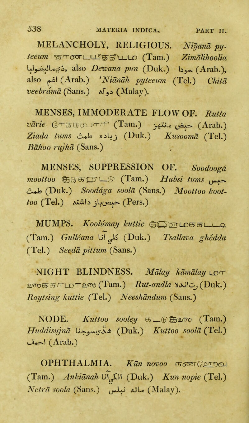 MELANCHOLY, RELIGIOUS. Niyand py- teeum ^n-<5orLJL±Sg-g^ijL£> (Tam.) Zimdlihoolia U^iJUcfi, also Dewana pun (Duk.) b^, (Arab.), also f±\ (Arab.) 'Nianah py teeum (Tel.) Chita veebrdma (Sans.) aT^ (Malay). MENSES, IMMODERATE FLOW OF. Rutta varie Gn~55'c3Yjn-rr (Tam.) (Arab.) Ziada turns joIjj (Duk.) Kusooma (Tel.) Bahoo rujhd (Sans.) MENSES, SUPPRESSION OF. Soodoogd moottoo (grsgreJ'C^i—& (Tam.) Hubsi turns u~x-» c*+b (Duk.) Sooddga soold (Sans.) Moottoo koot- too (Tel.) Ai-ili jljoax-* (Pers.) MUMPS. Koolumay hut tie ©Qi'(i3LD9> e>i i q. (Tam.) Gulleana Ul JS (Duk.) Tsallava ghedda (Tel.) Seeda pittum (Sans.) NIGHT BLINDNESS. Malay kamalay ld-t a/o\3e> ^rrLoHT2/a\D (Tam.) Rut-andla ^jJlcy, (Duk.) Raytsing kuttie (Tel.) Neeshdndum (Sans.) NODE. Kuttoo sooley roi_(j?(@p2/o\D (Tam.) Huddisujnd UL^wtfcXA (Duk.) Kuttoo soold (Tel.) uitsJi (Arab.) OPHTHALMIA. Kun novoo m&KrCc&npeu (Tam.) Ankidnah Ul^&l (Duk.) ATwrc wo/we (Tel.) Netrd soola (Sans.) ^JLJ ajU (Malay).