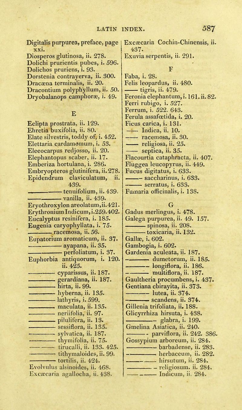 Digitalis purpurea, preface, page xxi. Diosperos glutinosa, ii. 278. Dolichi prurientis pubes, i. 596. Dolichos pruriens, i. 93. Dorstenia contrayerva, ii. 300. Dracaena terminalis, ii. 20. Dracontium polyphyllum, ii. 50. Dryobalanops camphorae, i. 49. E Eclipta prostrata, ii. 129. Ehretia buxifolia, ii. 80. Elate silvestris, toddy of, i. 452. Elettaria cardamdmum, i. 53. Eleeocarpus redjosso, ii. 20. Elephantopus scaber, ii. 17. Emberiza hortulana, i. 286. Embryopteros glutinifera, ii.278. Epidendrum claviculatum, ii. 439. — tenuifolium, ii. 439. vanilla, ii. 439. Eryothroxylon areolatum,ii.421. Erythroniumlndicum,i.259.402. Eucalyptus resinifera, i. 185. Eugenia caryophyllata, i. 75. racemosa, ii. 56. Eupatorium aromaticum, ii. 37. ayapana, ii. 35. perforatum, i. 37. Euphorbia antiquorum, i. 120. ii. 425. cyparissus, ii. 187. gerardiana, ii. 187. hirta, ii. 99. hyberna, ii. 135. lathyris, i. 599. . maculata, ii. 135. neriifolia, ii. 97- pilulifera, ii. 13. sessiflora, ii. 135. sylvatica, ii. 187. thymifolia, ii. 75. tirucalli, ii. 133. 425. tithymaloides, ii. 99. tortilis, ii. 424. Evolvulus alsinoides, ii. 468. Exeaecaria agallocha, ii. 438. Excaecaria Cochin-Chinensis, ii. 437. Exuvia serpentis, ii. 291. F Faba, i. 28. Felis leopardus, ii. 480. tigris, ii. 479. Feroniaelephantum,i. 161. ii. 82. Ferri rubigo, i. 527. Ferrum, i. 522. 643. Ferula assafoetida, i. 20. Ficus carica, i. 131. —— Indica, ii. 10. racemosa, ii. 30. religiosa, ii. 25. septica, ii. 35. Flacourtia cataphracta, ii. 407. Fluggea leucopyrus, ii. 449. Fucus digitatus, i. 633. saccharinus, i. 633. -' serratus, i. 633. Fumaria officinalis, i. 138. G Gadus merlingus, i. 478. Galega purpurea, ii. 49. 157. spinosa, ii. 208. toxicaria, ii. 132. Gallae, i. 602. Gambogia, i. 602. Gardenia aculeata, ii. 187. dumetorum, ii. 185. longiflora, ii. 186. multiflora, ii. 187. Gaultheria procumbens, i. 437. Gentiana cbirayita, ii. 373. lutea, ii. 374. scandens, ii. 374. Gillenia trifoliata, ii. 188. Glicyrrhiza hirsuta, i. 438. glabra, i. 199. Gmelina Asiatica, ii. 240. parviflora, ii. 242. 386. Gossypium arboreum, ii. 284. barbadense, ii. 283. — herbaceum, ii. 282. — hirsutum, ii. 284. roligiosum. ii. 284. Indicum, ii. 284.