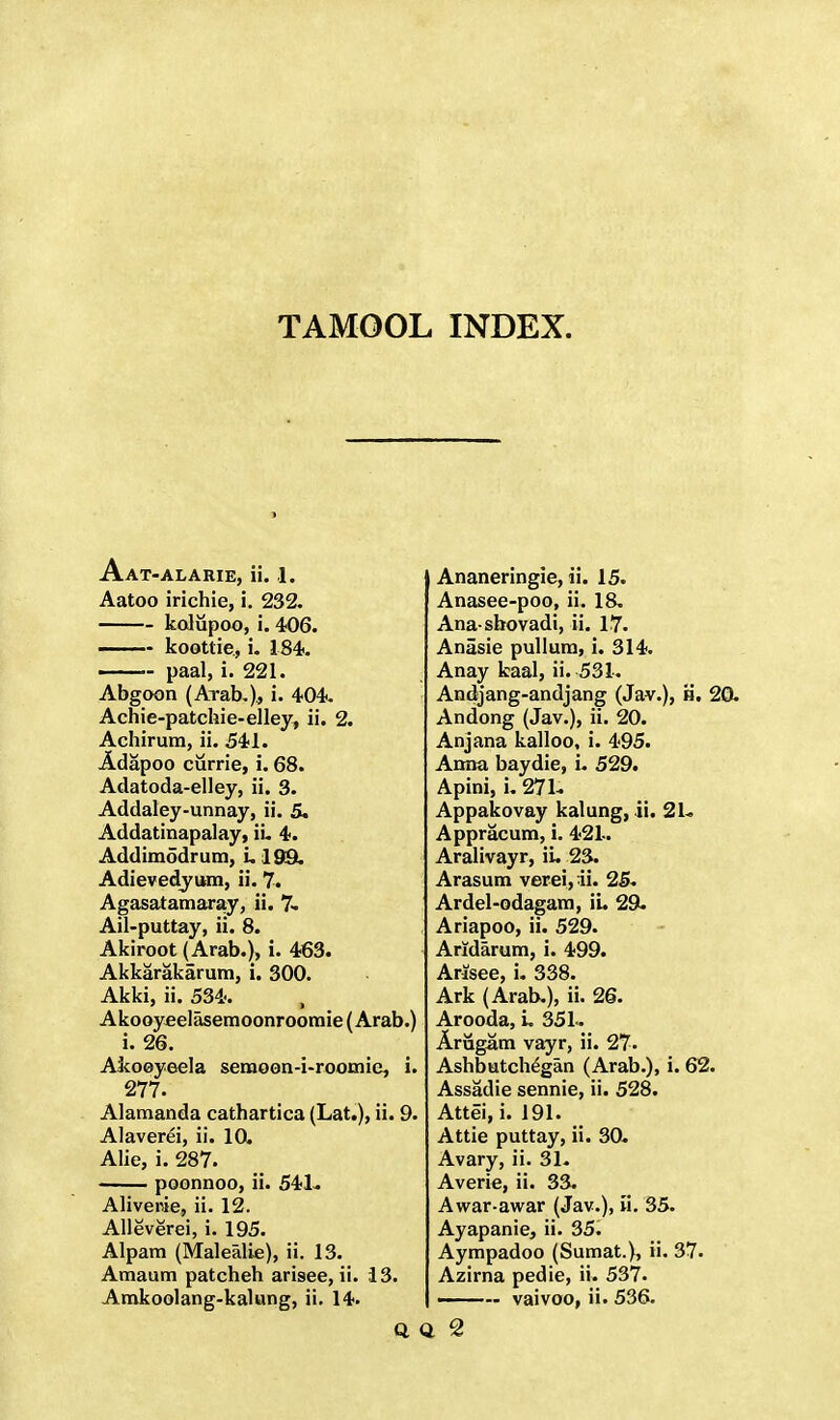 TAMOOL INDEX. Aat-alarie, ii. 1. Aatoo irichie, i. 232. kolupoo, i. 406. ■ koottie., i. 184. ■ ■ - paal, i. 221. Abgoon (Arab.), i. 404. Achie-patchie-elley, ii. 2. Achirum, ii. 541. Adapoo currie, i. 68. Adatoda-elley, ii. 3. Addaley-unnay, ii. 5. Addatinapalay, ii. 4. Addimodrum, i, 199. Adievedyum, ii. 7. Agasatamaray, ii. 7- Ail-puttay, ii. 8. Akiroot (Arab.), i. 463. Akkarakarum, i. 300. Akki, ii. 534. ■ Akooyeelasemoonroornie (Arab.) i. 26. Akooyeela seraoon-i-roomie, i. 277. Alamanda cathartica (Lat.), ii. 9. AIaverei, ii. 10. Alie, i. 287. poonnoo, ii. 541- Aliverie, ii. 12. Alleverei, i. 195. Alpam (Malealie), ii. 13. Amaum patcheh arisee, ii. 13. Amkoolang-kalung, ii. 14. Ananeringie, ii. 15. Anasee-poo, ii. 18. Ana sbovadi, ii. 17. Anasie pulluro, i. 314. Anay kaal, ii. 531. Andjang-andjang (Jav.), K. 20. Andong (Jav.), ii. 20. Anjana kalloo, i. 495. Anna baydie, i. 529. Apini, i. 271- Appakovay kalung, ii. 21- Appracum, i. 421.. Aralivayr, ii. 23. Arasum verei,ii. 25. Ardel-odagarn, iL 29. Ariapoo, ii. 529. Aridarum, i. 499. Arisee, i. 338. Ark (Arab.), ii. 26. Arooda, L 35 L. Arugam vayr, ii. 27. Ashbutchegan (Arab.), i. 62. Assadie sennie, ii. 528. Attei, i. 191. Attie puttay, ii. 30. Avary, ii. 31. Averie, ii. 33. Awar-awar (Jav.), ii. 35. Ayapanie, ii. 35. Aympadoo (Sumat.), ii. 37. Azima pedie, ii. 537. — vaivoo, ii. 536.