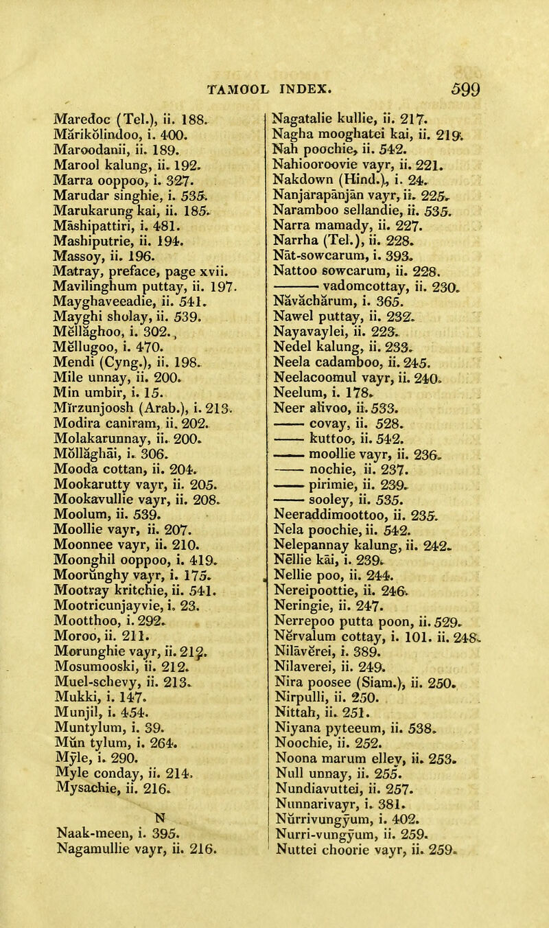 Maredoc (Tel.), ii. 188. Marikolindoo, i. 400. Maroodanii, ii. 189. Marool kalung, ii. 192. Marra ooppoo, i. 327. Marudar singhie, i. 535. Marukarling kai, ii. 185^ Mashipattiri, i. 481. Mashiputrie, ii. 194. Massoy, ii. 196. Matray, preface, page xvii. Mavilinghum puttay, ii. 197. Mayghaveeadie, ii. 541. Mayghi sholay, ii. 539. Mellaghoo, i. 302. , Mellugoo, i. 470. Mendi (Cyng.), ii. 198. Mile unnay, ii. 200. Min umbir, i. 15. Mlrzunjoosh (Arab.), i. 213. Modira caniram, ii. 202. Molakarunnay, ii. 200. Mollaghai, i. 306. Mooda cottan, ii. 204. Mookarutty vayr, ii. 205. Mookavullie vayr, ii. 208. Moolum, ii. 539. Moollie vayr, ii. 207. Moonnee vayr, ii. 210. Moonghil ooppoo, i. 419. Moorunghy vayr, i. 175. Mootray kritchie, ii. 541. Mootricunjayvie, i, 23. Mootthoo, i. 292. Moroo, ii. 211. Morunghie vayr, ii. 212. Mosumooski, ii. 212. Muel-schevy, ii. 213. Mukki, i. 147. Munjil, i. 454. Muntylum, i. 39. Mun tylum, i. 264. Myle, i. 290. Myle conday, ii. 214. Mysachie, ii. 216. N Naak-meen, i. 395. Nagamullie vayr, ii. 216. Nagatalie kullie, ii. 217* Nagha mooghatei kai, ii. 219. Nan poochie, ii. 542. Nahiooroovie vayr, ii. 221. Nakdown (Hind.), i. 24, Nanjarapanjan vayr, ii. 225. Naramboo sellandie, ii. 535. Narra mamady, ii. 227. Narrha (Tel.), ii. 228. Nat-so wear urn, i. 393. Nattoo sowcarum, ii. 228. vadomcottay, ii. 230. Navacharum, i. 365. Nawel puttay, ii. 232. Nayavaylei, ii. 223. Nedel kalung, ii. 233. Neela cadamboo, ii. 245. Neelacoomul vayr, ii. 240. Neelum, i. 178* Neer alivoo, ii. 533. covay, ii. 528. kuttoo, ii. 542. ■ moollie vayr, ii. 236. nochie, ii. 237. pirimie, ii. 239. sooley, ii. 535. Neeraddimoottoo, ii. 235. Nela poochie, ii. 542. Nelepannay kalung, ii. 242. Nellie kai, i. 239^ , Nellie poo, ii. 244. Nereipoottie, ii. 246'. Neringie, ii. 247- Nerrepoo putta poon, ii. 529. Nervalum cottay, i. 101. ii. 248* Nilaverei, i. 389. Nilaverei, ii. 249. Nira poosee (Siara.), ii. 250. Nirpulli, ii. 250. Nittah, ii. 251. Niyana pyteeum, ii. 538. Noochie, ii. 252. Noona marum elley, ii. 253. Null unnay, ii. 255. Nundiavuttei, ii. 257. Nunnarivayr, i. 381. Nurrivungyum, i. 402. Nurri-vungyum, ii. 259. Nuttei choorie vayr, ii. 259.