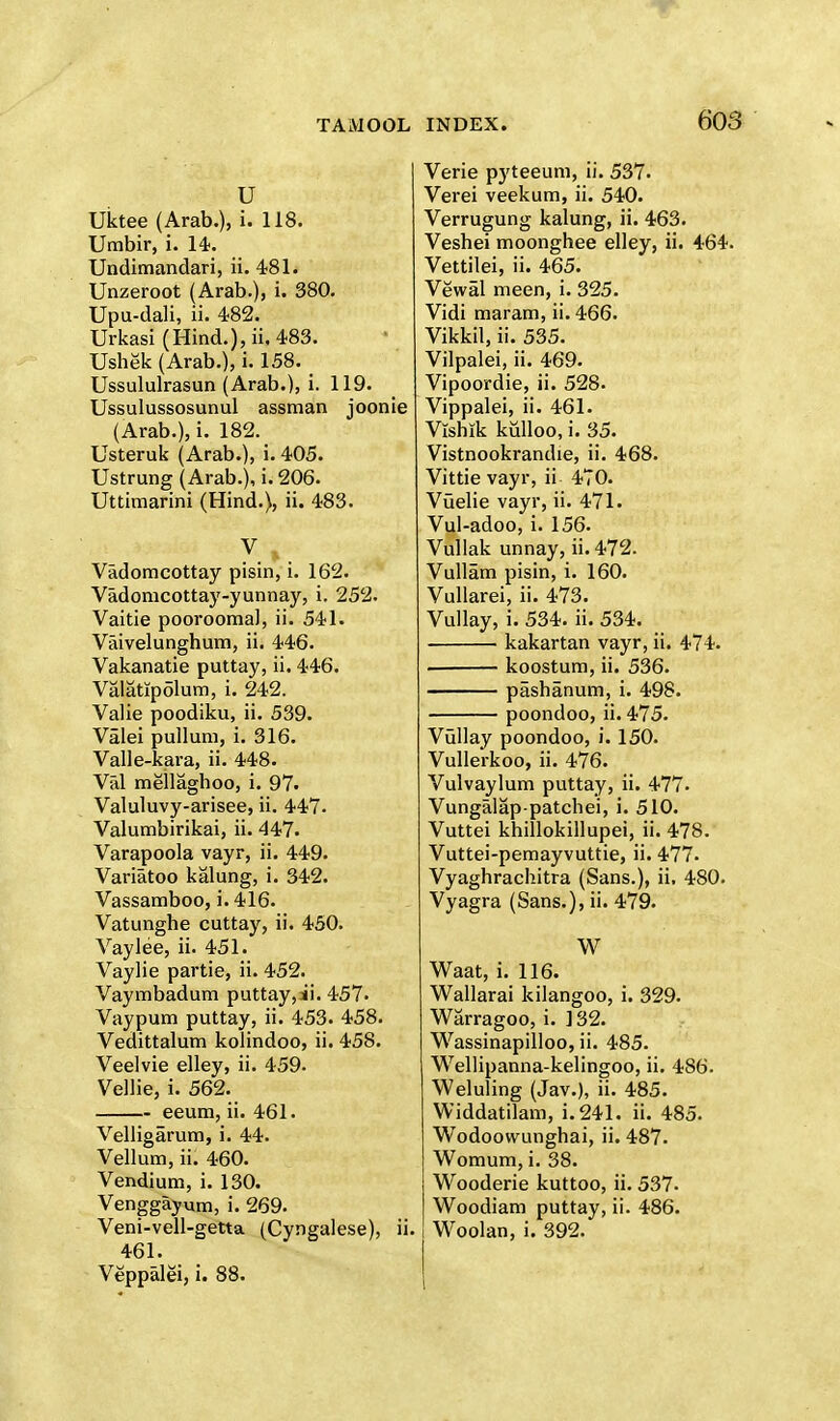 U Uktee (Arab.), i. 118. Umbir, i. 14?. Undimandari, ii. 481. Unzeroot (Arab.), i. 380. Upu-dali, ii. 482. Urkasi (Hind.),ii. 483. Ushek (Arab.), i. 158. _ Ussululrasun (Arab.), i. 119. Ussulussosunul assman joonie (Arab.), i. 182. Usteruk (Arab.), i. 405. Ustrung (Arab.), i. 206. Uttimarini (Hind.), ii. 483. V Vadomcottay pisin, i. 162. Vadomcottay-yunnay, i. 252. Vaitie pooroomal, ii. 541. Vaivelunghum, ii. 446. Vakanatie puttay, ii. 446. Valatipolum, i. 242. Valie poodiku, ii. 539. Valei pullum, i. 316. Valle-kara, ii. 448. Val mellaghoo, i. 97. Valuluvy-arisee, ii. 447. Valumbirikai, ii. 447. Varapoola vayr, ii. 449. Variatoo kalung, i. 342. Vassamboo, i. 416. Vatunghe cuttay, ii. 450. Vaylee, ii. 451. Vaylie partie, ii. 452. Vaymbadum puttay,ai. 457- Vaypum puttay, ii. 453. 458. Vedittalum kolindoo, ii. 458. Veelvie elley, ii. 459- Vellie, i. 562. eeum, ii. 461. Velligarum, i. 44. Vellum, ii. 460. Vendium, i. 130. Venggayum, i. 269. Veni-vell-getta (Cyngalese), ii. 461. Veppalei, i. 88. INDEX. 603 Verie pyteeum, ii. 537. Verei veekum, ii. 540. Verrugung kalung, ii. 463. Veshei moonghee elley, ii. 464. Vettilei, ii. 465. Vewal meen, i. 325. Vidi maram, ii. 466. Vikkil, ii. 535. Vilpalei, ii. 469. Vipoordie, ii. 528. Vippalei, ii. 461. Vishik kiilloo, i. 35. Vistnookrandie, ii. 468. Vittie vayr, ii 470. Vuelie vayr, ii. 471. Vul-adoo, i. 156. Vullak unnay, ii. 472. Vullam pisin, i. 160. Vullarei, ii. 473. Vullay, i. 534. ii. 534. kakartan vayr, ii. 474. • koostum, ii. 536. pashanum, i. 498. poondoo, ii. 475. Vullay poondoo, i. 150. Vullerkoo, ii. 476. Vulvaylum puttay, ii. 477- Vungalap patchei, i. 510. Vuttei khillokillupei, ii. 478. Vuttei-pemayvuttie, ii. 477. Vyaghrachitra (Sans.), ii. 480. Vyagra (Sans.), ii. 479. W Waat, i. 116. Wallarai kilangoo, i. 329. Warragoo, i. 132. Wassinapilloo, ii. 485. Wellipanna-kelingoo, ii. 486. Weluling (Jav.), ii. 485. Widdatilam, i. 241. ii. 485. Wodoowunghai, ii. 487. Womum, i. 38. Wooderie kuttoo, ii. 537- Woodiam puttay, ii. 486. Woolan, i. 392.