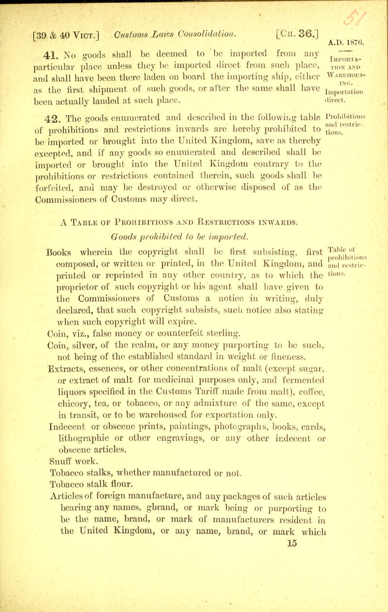 L A.D. 1876. 41 No eoods shall be deemed to be imported from any _ particular place unless they be imported direct from such place, TION and and shall have been there laden on board the importing ship, either Warehous- as the first shipment of such goods, or after the same shall have Impoytaiion been actually landed at such place. direct. 42. The goods enumerated and described in the following table Prohibitions of prohibitions and restrictions inwards are hereby prohibited to nc~ be imported or brought into the United Kingdom, save as thereby excepted, and if any goods so enumerated and described shall be imported or brought into the United Kingdom contrary to the prohibitions or restrictions contained therein, such goods shall be forfeited, and may be destroyed or otherwise disposed of as the Commissioners of Customs may direct. A Table of Prohibitions and Restrictions inwards. Goods prohibited to be imported. Books wherein the copyright shall be first subsisting, first Ta^ot . . D prohibit ions composed, or written or printed, m the United Kingdom, and ana restric- printed or reprinted in any other country, as to which the tioUi?- proprietor of such copyright or his agent shall have given to the Commissioners of Customs a notice in writing, duly declared, that such copyright subsists, such notice also stating when such copyright will expire. Coin, viz., false money or counterfeit sterling. Coin, silver, of the realm, or any money purporting to be such, not being of the established standard in weight or fineness. Extracts, essences, or other concentrations of malt (except sugar, or extract of malt for medicinal purposes only, and fermented liquors specified in the Customs Tariff made from malt), coffee, chicory, tea, or tobacco, or any admixture of the same, except in transit, or to be warehoused for exportation only. Indecent or obscene prints, paintings, photographs, books, cards, lithographic or other engravings, or any other indecent or obscene articles. Snuff work. Tobacco stalks, whether manufactured or not. Tobacco stalk flour. Articles of foreign manufacture, and any packages of such articles bearing any names, gbrand, or mark being or purporting to be the name, brand, or mark of manufacturers resident in the United Kingdom, or any name, brand, or mark which