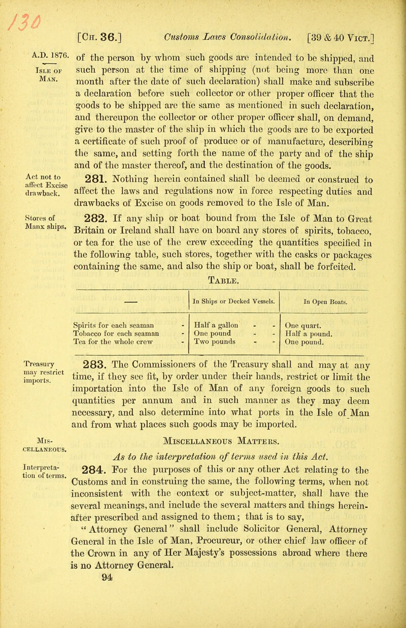 A.D. 1876. Isle of Man. Act not to affect Excise drawback. Stores of Manx ships. Treasury- may restrict imports. Mis- cellaneous. Interpreta- tion of terms. of the person by whom such goods are intended to be shipped, and such person at the time of shipping (not being more than one month after the date of such declaration) shall make and subscribe a declaration before such collector or other proper officer that the goods to be shipped are the same as mentioned in such declaration, and thereupon the collector or other proper officer shall, on demand, give to the master of the ship in which the goods are to be exported a certificate of such proof of produce or of manufacture, describing the same, and setting forth the name of the party and of the ship and of the master thereof, and the destination of the goods. 281. Nothing herein contained shall be deemed or construed to affect the laws and regulations now in force respecting duties and drawbacks of Excise on goods removed to the Isle of Man. 282. If any ship or boat bound from the Isle of Man to Great Britain or Ireland shall have on board any stores of spirits, tobacco, or tea for the use of the crew exceeding the quantities specified in the following table, such stores, together with the casks or packages containing the same, and also the ship or boat, shall be forfeited. Table. In Ships or Decked Vessels. In Open Boats. Spirits for each seaman Tobacco for each seaman Tea for the whole crew Half a gallon One pound Two pounds One quart. Half a pound. One pound. 283. The Commissioners of the Treasury shall and may at any time, if they see fit, by order under their hands, restrict or limit the importation into the Isle of Man of any foreign goods to such quantities per annum and in such manner as they may deem necessary, and also determine into what ports in the Isle of Man and from what places such goods may be imported. Miscellaneous Matters. As to the interpretation of terms used in this Act. 284. For the purposes of this or any other Act relating to the Customs and in construicg the same, the following terms, when not inconsistent with the context or subject-matter, shall have the several meanings, and include the several matters and things herein- after prescribed and assigned to them; that is to say,  Attorney General shall include Solicitor General, Attorney General in the Isle of Man, Procureur, or other chief law officer of the Crown in any of Her Majesty's possessions abroad where there is no Attorney General.