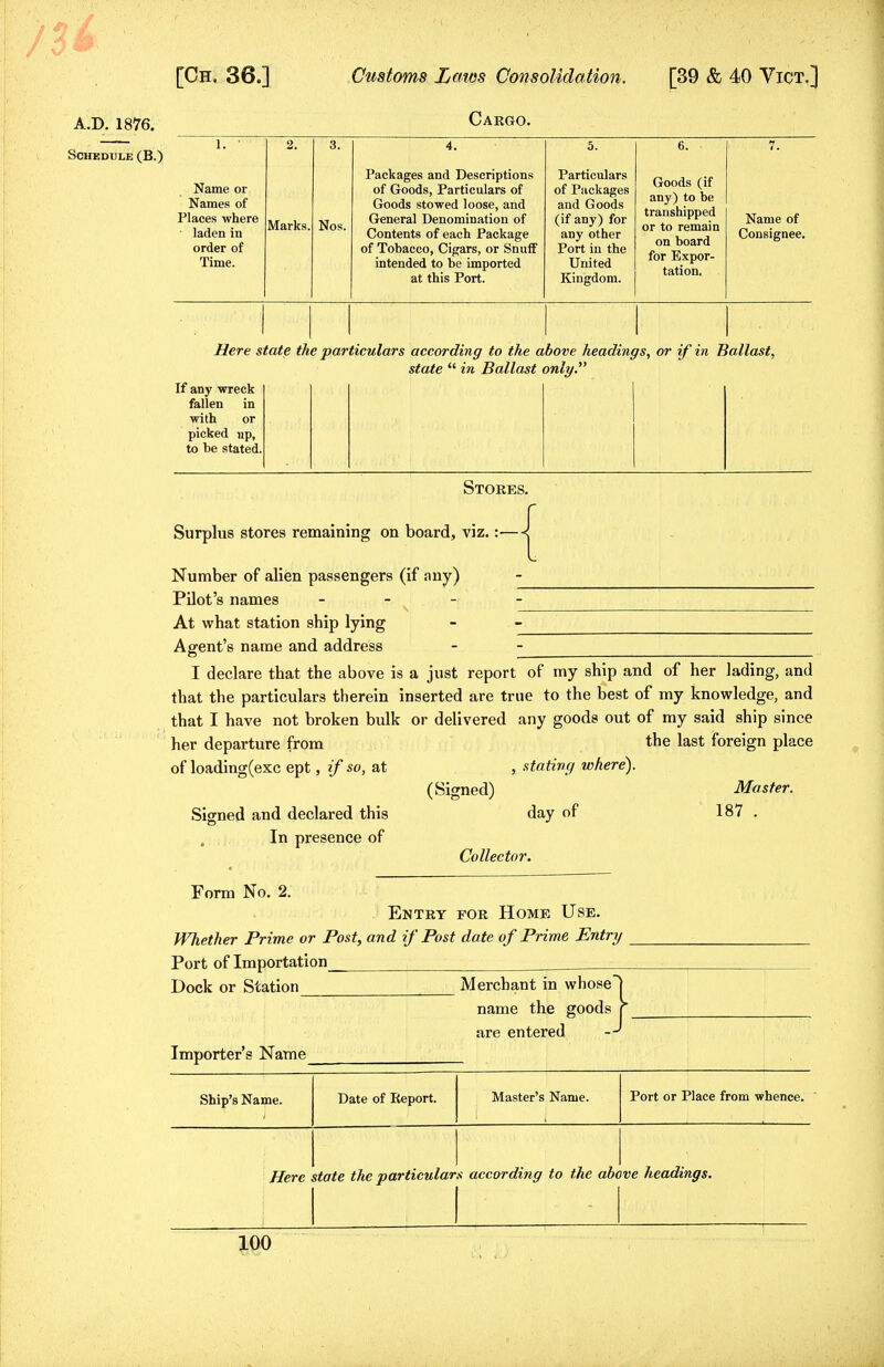 [Ch. 36.] A.D. 1876. Schedule (B.) Customs Laws Consolidation. Cargo. [39 & 40 Vict.] 1. ' 2. 3. 4. 5. 6. • 7. Name or Names of Places where laden in order of Time. Marks. Nos. Packages and Descriptions of Goods, Particulars of uuuua ^Luwtru luuoc, iiuii General Denomination of Contents of each Package of Tobacco, Cigars, or Snuff intended to be imported at this Port. Particulars of Packages and Goods (if any) for any other Port in the United Kingdom. Goods (if any) to be transhipped or to remain on board for Expor- tation, Name of Consignee. Here state the particulars according to the above headings, or if in Ballast, state  in Ballast only. If any wreck fallen in with or picked up, to be stated. Stores. Surplus stores remaining on board, viz.:— Number of alien passengers (if any) Pilot's names - - - At what station ship lying Agent's name and address I declare that the above is a just report of my ship and of her lading, and that the particulars therein inserted are true to the best of my knowledge, and that I have not broken bulk or delivered any goods out of my said ship since her departure from the last foreign place of loading(exc ept, if so, at , stating where). (Signed) Master. Signed and declared this day of 187 . In presence of Collector. Form No. 2. Entry for Home Use. Whether Prime or Post, and if Post date of Prime Entry Port of Importation Dock or Station Importer's Name Merchant in whose name the goods are entered Ship's Name. Date of Report. Master's Name. Port or Place from whence. Here state the particulars according to the above headings.
