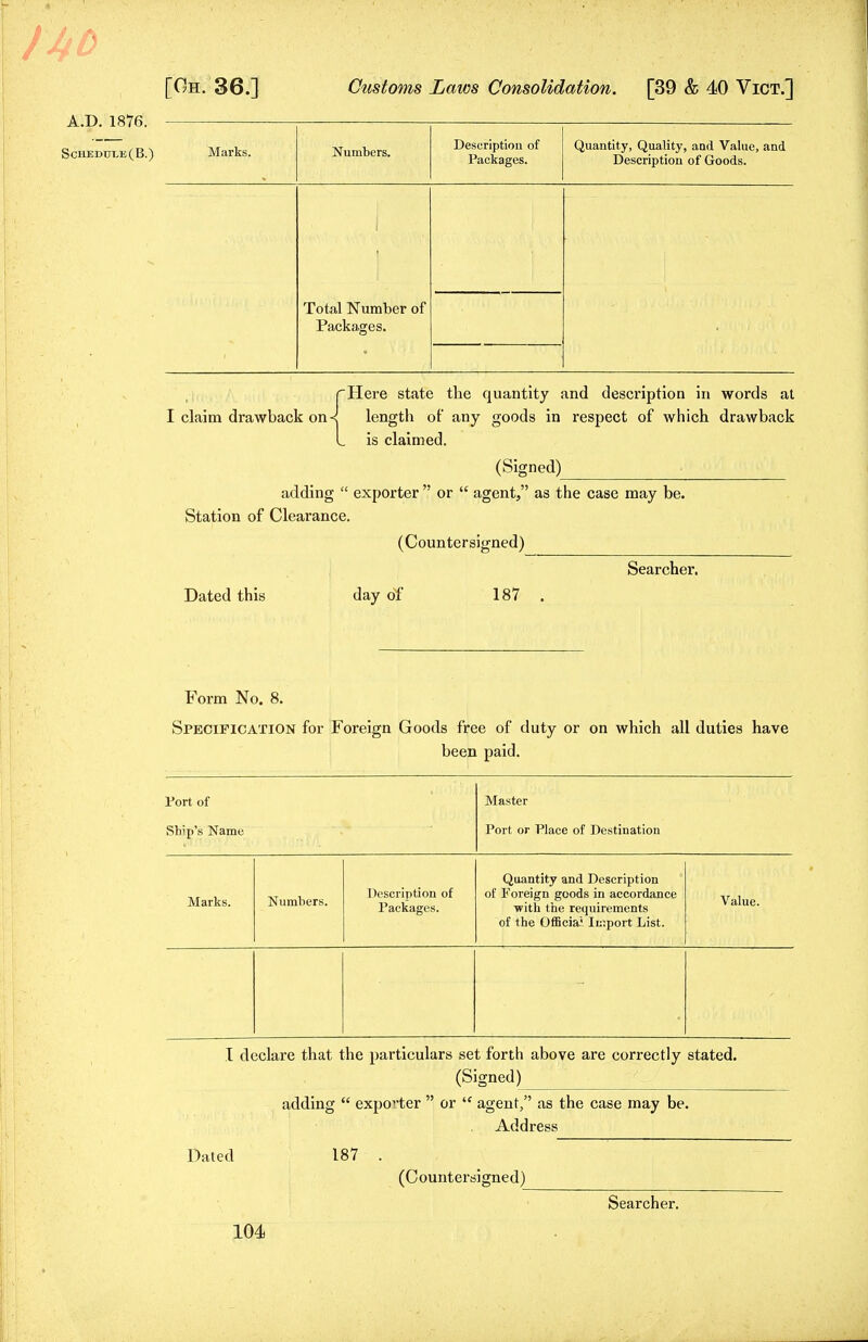 [Oh. 36.] Customs Laws Consolidation. [39 & 40 Vict.] Schedut>is(B.) Marks. Numbers. Description of Packages. Quantity, Quality, and Value, and Description of Goods. Total Number of Packages. rHere state the quantity and description in words at I claim drawback on<j length of any goods in respect of which drawback L is claimed. (Signed) adding  exporter  or  agent, as the case may be. Station of Clearance. (Countersigned) Searcher. Dated this day of 187 Form No. 8. Specification for Foreign Goods free of duty or on which all duties have been paid. Port of Master Ship's Name Port or Place of Destination Marks. Numbers. Description of Packages. Quantity and Description of Foreign goods in accordance with the requirements of the Officia' Import List. Value. I declare that the particulars set forth above are correctly stated. (Signed) adding  exporter  or  agent, as the case may be. Address Dated 187 . (Countersigned) Searcher.