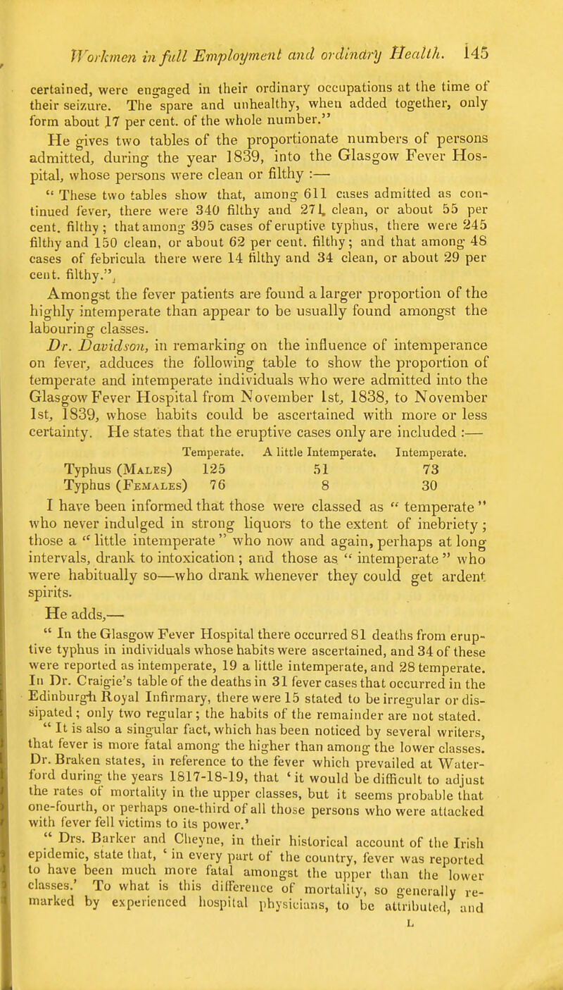 certained, were engaged in their ordinary occupations at the time ot their seizure. The spare and unhealthy, when added together, only form about J7 per cent, of the whole number.” He gives two tables of the proportionate numbers of persons admitted, during the year 1839, into the Glasgow Fever Hos- pital, whose persons were clean or filthy :— “ These two tables show that, among 611 cases admitted as con- tinued fever, there were 340 filthy and 271. clean, or about 55 per cent, filthy; that among 395 cases of eruptive typhus, there were 245 filthy and 150 clean, or about 62 per cent, filthy; and that among 48 cases of febricula there were 14 filthy and 34 clean, or about 29 per cent, filthy.”. Amongst the fever patients are found a larger proportion of the highly intemperate than appear to be usually found amongst the labouring classes. Dr. Davidson, in remarking on the influence of intemperance on fever, adduces the following table to show the proportion of temperate and intemperate individuals who were admitted into the Glasgow Fever Hospital from November 1st, 1838, to November 1st, 1839, whose habits could be ascertained with more or less certainty. He states that the eruptive cases only are included :— Temperate. A little Intemperate. Intemperate. Typhus (Males) 125 51 73 Typhus (Females) 76 8 30 I have been informed that those were classed as “ temperate” who never indulged in strong liquors to the extent of inebriety; those a ‘‘little intemperate” who now and again, perhaps at long intervals, drank to intoxication ; and those as, “ intemperate ” who were habitually so—who drank whenever they could get ardent spirits. He adds,— “ In the Glasgow Fever Hospital there occurred 81 deaths from erup- tive typhus in individuals whose habits were ascertained, and 34 of these were reported as intemperate, 19 a little intemperate, and 28 temperate. In Dr. Craigie’s table of the deaths in 31 fever cases that occurred in the Edinburgh Royal Infirmary, there were 15 stated to be irregular or dis- sipated ; only two regular; the habits of the remainder are not stated. “ It is also a singular fact, whieh has been noticed by several writers, that fever is more fatal among the higher than among the lower elasses! Dr. Braken states, in reference to the fever which prevailed at Water- ford during the years 1817-18-19, that ‘it would be difficult to adjust the rates of mortality in the upper classes, but it seems probable that one-fourth, or perhaps one-third of all those persons who were attacked with fever fell victims to its power.’ Drs. Barker and Cheyne, in their historical account of the Irish epidemic, state that, ‘ in every part ot the country, fever was reported to have been much more fatal amongst the upper than the lower elasses.’ To what is this difference of mortality, so generally re- marked by experienced hospital physicians, to be attributed, and L