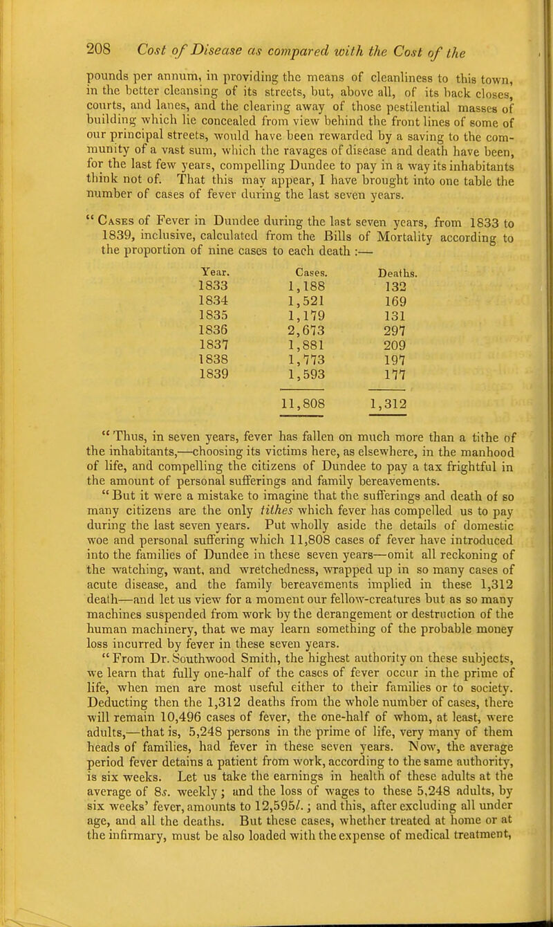 pounds per annum, in providing the means of cleanliness to this town, in the better cleansing of its streets, hut, above all, of its hack closes, courts, and lanes, and the clearing away of those pestilential masses of building which lie concealed from view behind the front lines of some of our principal streets, would have been rewarded by a saving to the com- munity of a vast sum, which the ravages of disease and death have been, for the last few years, compelling Dundee to pay in a w'ay its inhabitants think not of. That this may appear, I have brought into one table the number of cases of fever during the last seven years. “ Cases of Fever in Dundee during the last seven years, from 1833 to 1839, inclusive, calculated from the Bills of Mortality according to the proportion of nine cases to each death :— Year. Cases. Deaths. 1833 1,188 132 18.34 1,521 1,179 169 1835 131 1836 2,673 297 1837 1,881 209 1838 1,773 197 1839 1,593 177 11,808 1,312 “ Thus, in seven years, fever has fallen on much more than a tithe of the inhabitants,—choosing its victims here, as elsewhere, in the manhood of life, and compelling the citizens of Dundee to pay a tax frightful in the amount of personal sufferings and family bereavements. “ But it were a mistake to imagine that the sufferings and death of so many citizens are the only tithes which fever has compelled us to pay during the last seven years. Put wholly aside the details of domestic woe and personal suffering which 11,808 cases of fever have introduced into the families of Dundee in these seven years—omit all reckoning of the watching, want, and wretchedness, wrapped up in so many cases of acute disease, and the family bereavements implied in these 1,312 death—and let us view' for a moment our fellow'-creatures but as so many machines suspended from work by the derangement or destruction of the human machinery, that we may learn something of the probable money loss incurred by fever in these seven years. “From Dr. Southwood Smith, the highest authority on these subjects, we learn that fully one-half of the cases of fever occur in the prime of life, when men are most useful either to their families or to society. Deducting then the 1,312 deaths from the whole number of cases, there will remain 10,496 cases of fever, the one-half of whom, at least, were adults,—that is, 5,248 persons in the prime of life, very many of them heads of families, had fever in these seven years. Mow', the average period fever detains a patient from work, according to the same authority, is six weeks. Let us take the earnings in health of these adults at the average of 8^. weekly; and the loss of wages to these 5,248 adults, by six weeks’ fever, amounts to 12,595/.; and this, after excluding all under age, and all the deaths. But these cases, whether treated at home or at the infirmary, must be also loaded with the expense of medical treatment,