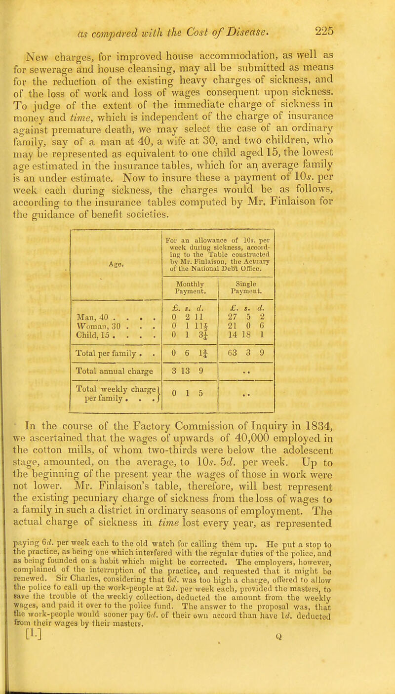 New charges, for improved house accommodation, as well as for sewerage and house cleansing, may all be submitted as means for the reduction of the existing heavy charges of sickness, and of the loss of work and loss of wages consequent upon sickness. To judge of the extent of the immediate charge of sickness in money and time, which is independent of the charge of insurance against premature death, we may select the case of an ordinary family, say of a man at 40, a wife at 30, and two children, who may be represented as equivalent to one child aged 15, the lowest age estimated in the insurance tables, which for an average family is an under estimate. Now to insure these a payment of lOj. per week each during sickness, the charges would be as follows, according to the insurance tables computed by Mr. Finlaison for the Dfuidance of benefit societies. O Age. For an allowance of 10s. pel- week during sickness, accord- ing to the Table constructed by Mr. Finlaison, tlie Actuary of the National Debt Office. Monthly Payment. Single Payment. Man, 40 ... . \Toman, 30 . . . Child, 15 ... . £. s. d. 0 2 11 0 1 11* 0 1 sf £. s. d. 27 5 2 21 0 G 14 IS 1 Total per family . 0 6 1| G3 3 9 Total annual charge 3 13 9 • • Total weekly charge 1 per family. . . J 0 1 5 • • In the course of the Factory Commission of Inquiry in 1834, we ascertained that the wages of upwards of 40,000 employed in the cotton mills, of whom two-thirds were below the adolescent stage, amounted, on the average, to lOv. 5c/. per week. Up to the beginning of the present year the wages of those in work were not lower. Mr. Finlaison’s table, therefore, will best represent the existing pecuniary charge of sickness from the loss of wages to a family in such a district in ordinary seasons of employment. The actual cliarge of sickness in time lost every year, as represented paying 6(Z. per week each to the old watch for calling them up. He put a stop to the practice, as being one which interfered with the regular duties of the police, and as being founded on a habit which might be corrected. The employers, however, complained of the interruption of the practice, and requested that it might be renewed. Sir Charles, considering that 6rf. was too high a charge, offered to allow the police to call up the work-people at ‘Id, per week each, provided the masters, to save the trouble of the weekly collection, deducted the amount from the weekly wages, and paid it over to the police fund. The answer to the proposal was, that the work-people would sooner pay 6(/. of their own accord than have Id. deducted from their wages by their masters. [!•] Q