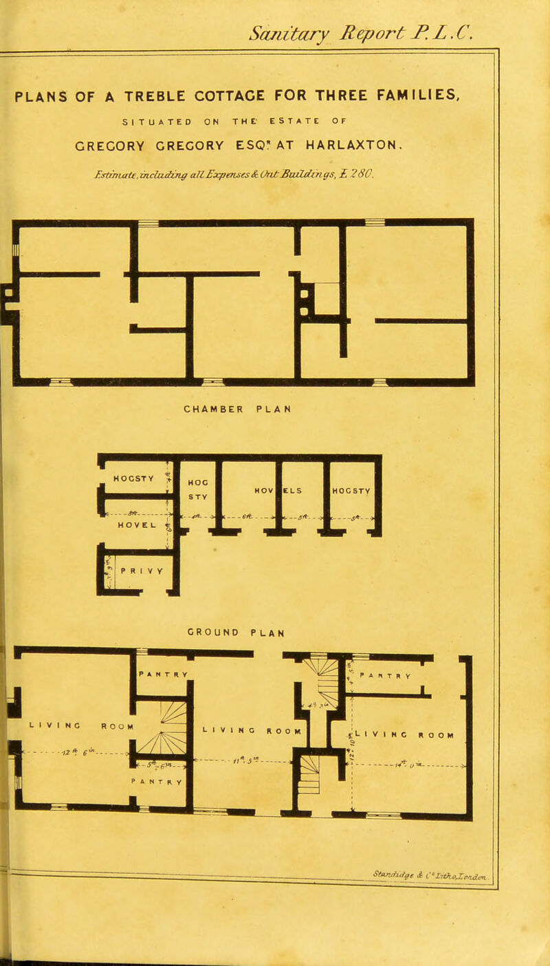 PLANS OF A TREBLE COTTAGE FOR THREE FAMILIES. SITUATED ON THE- ESTATE OF GREGORY GREGORY ESO AT HARLAXTON. J^ftrnuttc,including all Expenses & Out SuHdings, 1280. GROUND PLAN Soutiiu/fe ^ C‘Znh.cj:ccdc<i