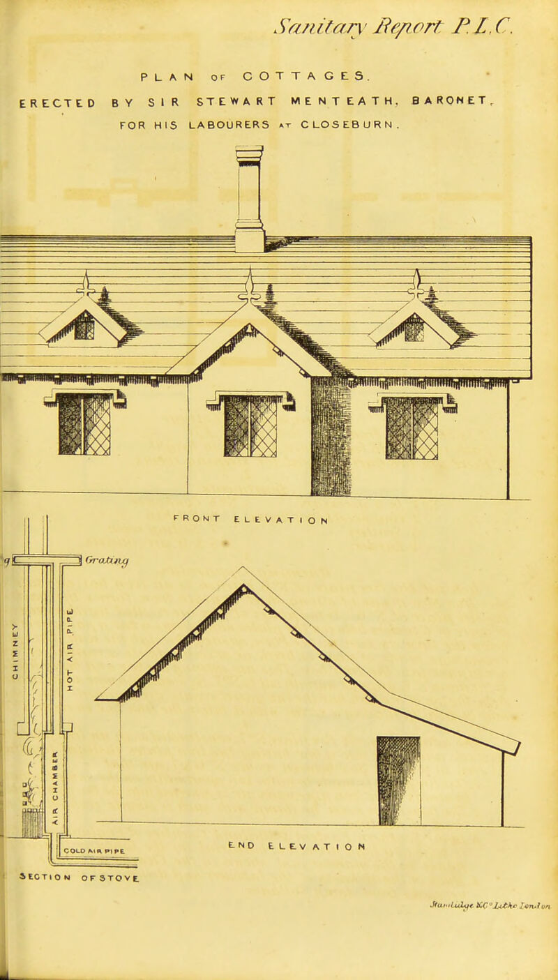 S'a/diary Beport F. I, C. PLAN OF cottages, ERECTED BY SIR STEWART MENTEATH, BARONET, FOR HIS LABOURERS at CLOSEBURN. FROMT ELEVAT(0N COLO At A PI PE « SECTION OFSTOVE KC'^lA^hc T-idn*}vn
