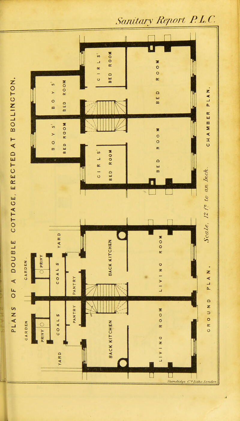 PLANS OF A DOUBLE COTTAGE, ERECTED AT BOLLINCTON. Sanitars Refwrt PL.( L Scale, 12 fy to a/c Inch.