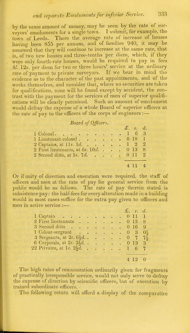 and se'parate Emoluments for inferior Service. by the same amount of money, may be seen by the rate of sur- veyors’ emoluments for a single town. I submit, for example, the town of Leeds. There the average rate of increase of houses having been 855 per annum, and of families 940, it may be assumed that they will continue to increase at the same rate, that is, of two new houses and three-tenths per diem, which, if they were only fourth-rate houses, would be required to pay in fees 41. 12^. per diem for two or three hours’ service at the ordinary rate of payment to private surveyors. If we bear in mind the evidence as to the character of the past appointments, and of the works themselves, and consider that, where no securities are taken for qualifications, none will be found except by accident, the con- trast with the payment for the services of men of superior qualifi- cations will be clearly perceived. Such an amount of emolument would defray the expense of a whole Board of superior officers at the rate of pay to the officers of the corps of engineers : — Board of Officers. £. s. d. 1 Colonel .16 3 1 Lieutenant-colonel 0 18 1 2 Captains, at 11^. Id 12 2 2 First lieutenants, at 6j. 10c/. . . . 0 13 8 2 Second ditto, at 55. 7c/ 0 112 4 11 4 Or if unity of direction and execution were required, the staff of officers and men at the rate of pay for general service from the public would be as follows. The rate of pay therein stated is subsistence pay: the half-fees for every alteration made in a building would in most cases suffice for the extra pay given to officers and men in active service ;— £. 5. d. 1 Captain .... . . . . 0 11 1 2 First lieutenants . . . . . 0 13 8 3 Second ditto . . . . 0 16 9 1 Colour-sergeant . . . . 0 3 oi- 3 Sergeants, at 25. G^d. . . ... 0 7 n 6 Corporals, at 25. 2\d. . . . . . 0 13 3 22 Privates, at l5. 2jd. , . . . . 1 6 7 4 12 0 The high rates of remuneration ordinarily given for fragments of practically irresponsible service, would not only serve to defray the expense of direction by scientific officers, but of execution by trained subordinate officers. The following return will afford a display of the comparative