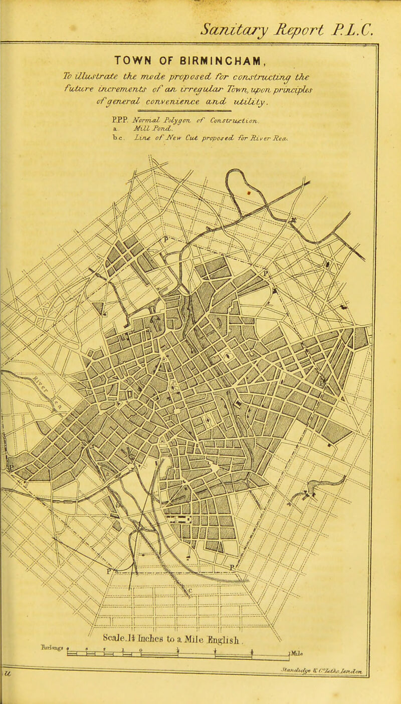 SaTutary Report P.L.C. TOWN OF BIRMINGHAM. To illustrate tfu mode proposed for constnectin^ the future incremeats of an, irregular Town, upon principles of general convenience and oUility. PEP. Nomud. Rolyon of Constrmction. a. Mill Rond. be. Ltm of Iftw Cttt proposed for River Rear.