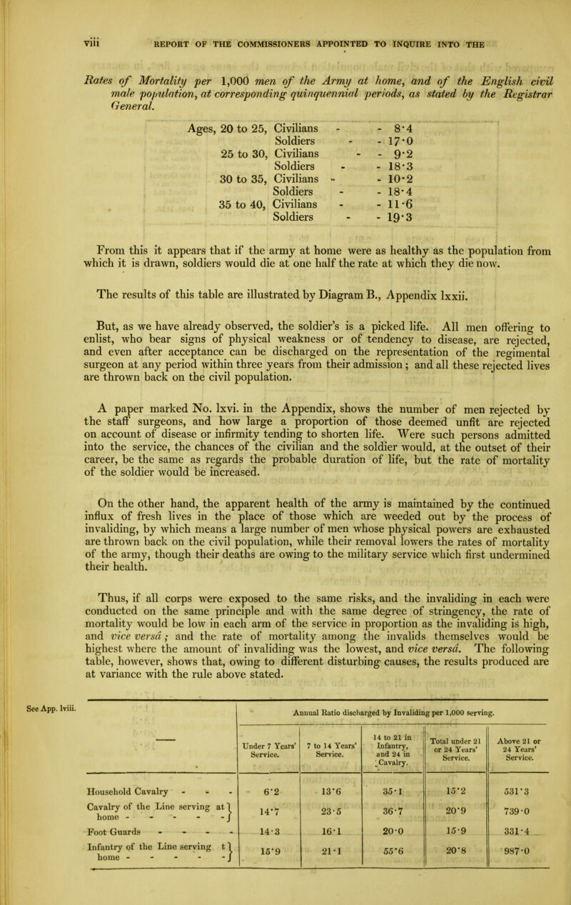 Rates of Mortality per 1,000 men of the Army at home, and of the English civil male po/mlationy at corresponding quinquennial periods, as stated by the Registrar General. Ages, 20 to 25, Civilians - 8-4 Soldiers - 17*0 25 to 30, Civilians - - 9-2 Soldiers - 18-3 30 to 35, Civilians - 10-2 Soldiers - 18-4 35 to 40, Civilians - 11-6 Soldiers - 19-3 From this it appears that if the army at home were as healthy as the population from which it is drawn, soldiers would die at one half the rate at which they die now. The results of this table are illustrated by Diagram B., Appendix Ixxii, But, as we have already observed, the soldier's is a picked life. All men offering to enlist, who bear signs of physical weakness or of tendency to disease, are rejected, and even after acceptance can be discharged on the representation of the regimental surgeon at any period within three years from their admission; and all these rejected lives are thrown back on the civil population. A paper marked No. Ixvi. in the Appendix, shows the number of men rejected by the staff surgeons, and how large a proportion of those deemed unfit are rejected on account of disease or infirmity tending to shorten life. Were such persons admitted into the service, the chances of the civilian and the soldier would, at the outset of their career, be the same as regards the probable duration of life, but the rate of mortality of the soldier would be increased. On the other hand, the apparent health of the army is maintained by the continued influx of fresh lives in the place of those which are weeded out by the process of invaliding, by which means a large number of men whose physical powers are exhausted are thrown back on the civil population, while their removal lowers the rates of mortality of the army, though their deaths are owing to the military service which first undermined their health. Thus, if all corps were exposed to the same risks, and the invaliding in each were conducted on the same principle and with the same degree of stringency, the rate of mortality would be low in each arm of the service in proportion as the invaliding is high, and vice versa; and the rate of mortality among the invalids themselves would be highest where the amount of invaliding was the lowest, and vice versa. The following table, however, shows that, owing to different disturbing causes, the results produced are at variance with the rule above stated. See App. Iviii. Annual Ratio discharged by Invaliding per 1,000 serving. Under 7 Tears' Service. 7 to 14 Years' Service. 14 to 21 in Infantry, and 24 in Cavalry. Total under 21 or 24 Years' Service. Above 21 or 24 Years' Service. Household Cavalry - - - 6-2 I3'6 35-1 15*2 531*3 Cavalry of the Line serving at 1 14-7 23-5 36-7 20*9 739-0 Foot Guards - - - - 14-3 16-1 200 15-9 331-4 Infantry of the Line serving t 1 15*9 21-1 55*6 20*8 987-0