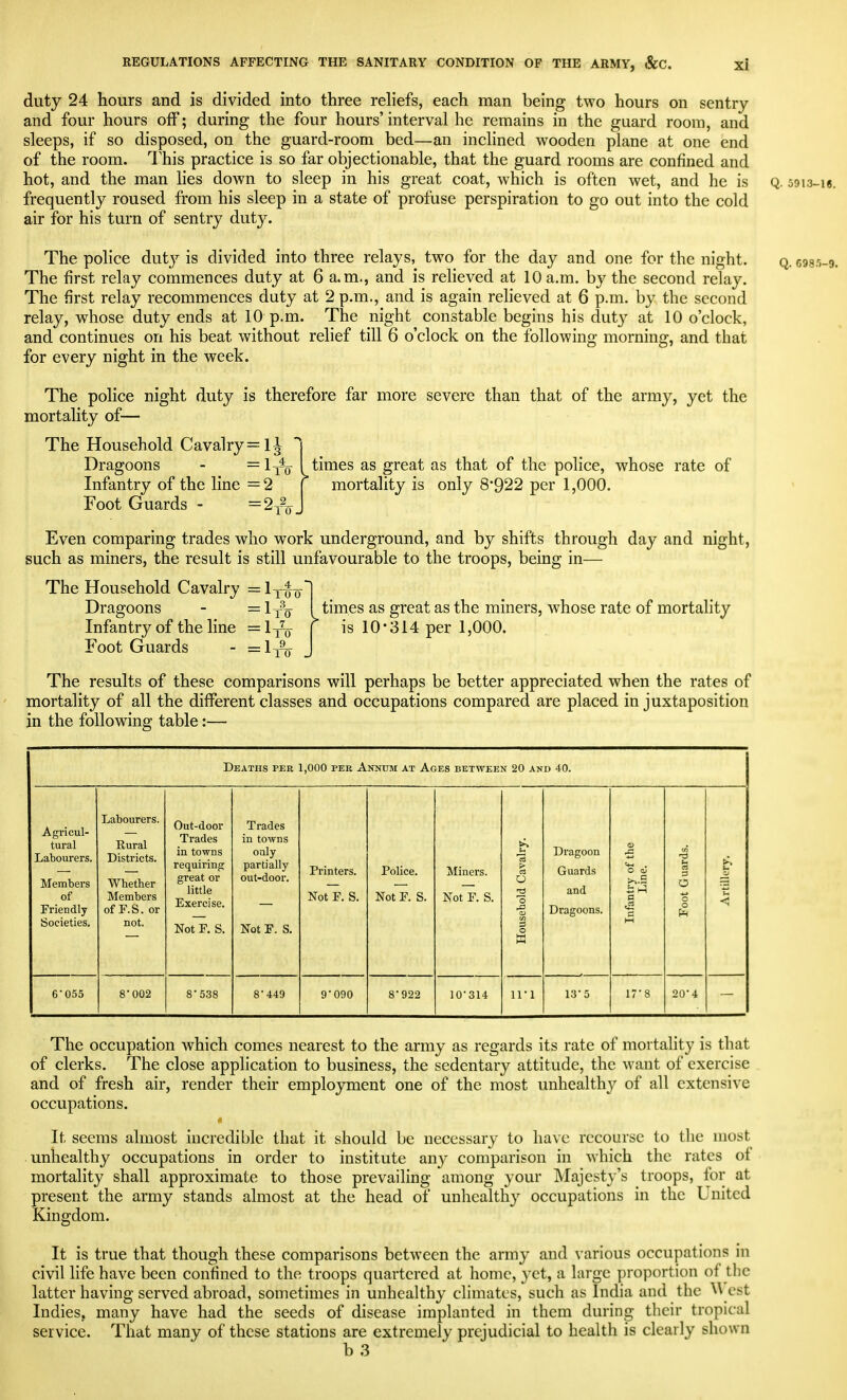 duty 24 hours and is divided into three reliefs, each man being two hours on sentry and four hours off; during the four hours' interval he remains in the guard room, and sleeps, if so disposed, on the guard-room bed—an inclined wooden plane at one end of the room. This practice is so far objectionable, that the guard rooms are confined and hot, and the man lies down to sleep in his great coat, which is often wet, and he is frequently roused from his sleep in a state of profuse perspiration to go out into the cold air for his turn of sentry duty. The police dut}^ is divided into three relays, two for the day and one for the night. The first relay commences duty at 6 a.m., and is relieved at 10 a.m. by the second relay. The first relay recommences duty at 2 p.m., and is again relieved at 6 p.m. by the second relay, whose duty ends at 10 p.m. The night constable begins his duty at 10 o'clock, and continues on his beat without relief till 6 o'clock on the following morning, and that for every night in the week. The police night duty is therefore far more severe than that of the army, yet the mortality of— The Household Cavalry =1 1 Dragoons - =1t¥ I times as great as that of the police, whose rate of Infantry of the line =2 [ mortality is only 8'922 per 1,000. Toot Guards - —'^toJ Even comparing trades who work underground, and by shifts through day and night, such as miners, the result is still unfavourable to the troops, being in— The Household Cavalry =ly^^' Dragoons - =1to Infantry of the line = 1/^^ Foot Guards - =1^ times as great as the miners, whose rate of mortality is 10-314 per 1,000. The results of these comparisons will perhaps be better appreciated when the rates of mortality of all the different classes and occupations compared are placed in juxtaposition in the following table:— Q. C985- Deaths per 1,000 PER Annum at Ages between 20 and 40. Agricul- tural Labourers. Members of Friendly Societies. 6-055 Labourers. Rural Districts. Whether Members of F.S. or not. 8-002 Out-door Trades in towns requiring great or little Exercise. Not F. S. 8-538 Trades in towns only partially out-door. Not F. S. 8-449 Printers. Not F. S. 9-090 Police. Not F. S. 8-922 Miners. Not F. S. 10-314 11- 1 Dragoon Guards and Dragoons. 13-5 O QJ 20-4 — The occupation which comes nearest to the army as regards its rate of mortality is that of clerks. The close application to business, the sedentary attitude, the want of exercise and of fresh air, render their employment one of the most unhealthy of all extensive occupations. « It seems almost incredible that it should be necessary to have recourse to the most unhealthy occupations in order to institute any comparison in which the rates of mortality shall approximate to those prevailing among your Majesty's troops, for at present the army stands almost at the head of unhealthy occupations in the United Kingdom. It is true that though these comparisons between the army and various occupations in civil life have been confined to the troops quartered at home, yet, a large proportion of tlic latter having served abroad, sometimes in unhealthy climates, such as India and the \\ est IndieSj many have had the seeds of disease implanted in them during their tropical service. That many of these stations are extremely prejudicial to health is clearly shown b 3