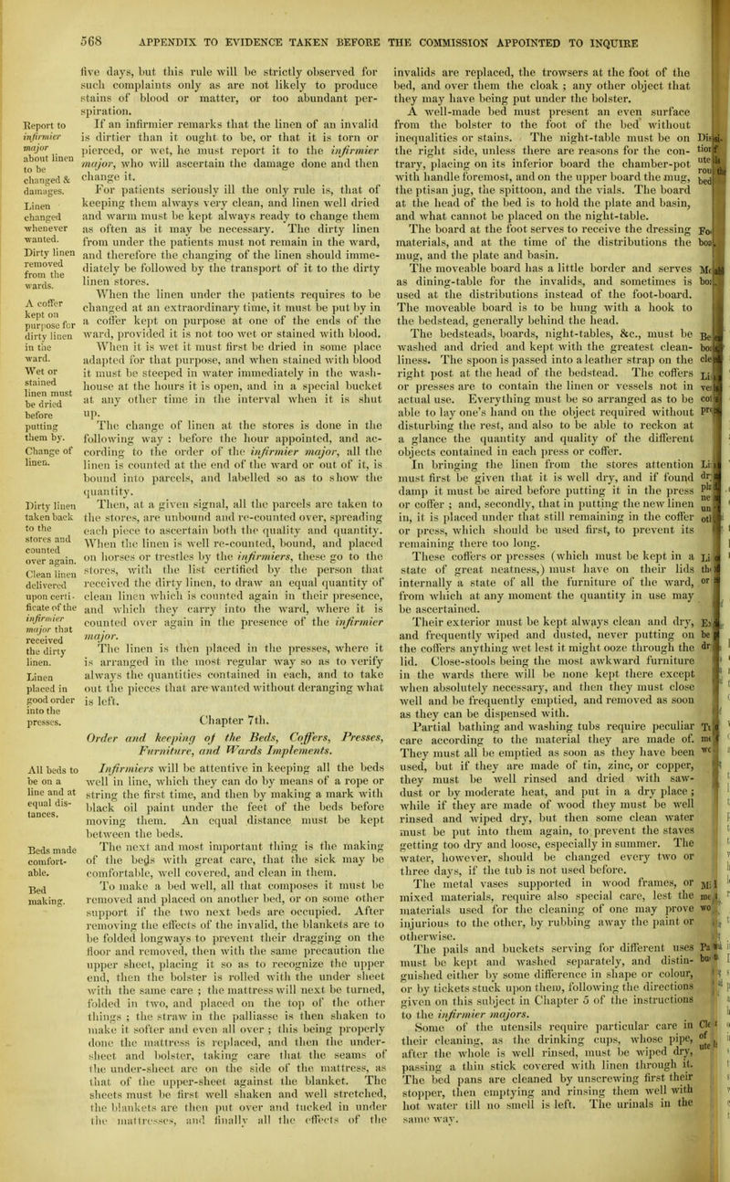 Report to mfirmitr mnjur about linen to be changed & daniiiges. Linen changed whenever ■n'anted. Dirty linen removed from the wards. A coffer kept on purpose for dirty linen in the ■ward. Wet or stained linen must be dried before putting them by. Change of linen. Dirty linen taken back to the stores and counted over again. Clean linen delivered upon certi- ficate of the in fir niter mdjor that received the dirty linen. Linen placed in good order into the presses. All beds to be on a line and at equal dis- tances. Beds made comfort- able. Bed making. five clays, but this rule will be strictly observed for such complaints only as are not likely to produce stains of blood or matter, or too abundant per- spiration. If an infirmier remarks that the linen of an invalid is dirtier than it ought to be, or that it is torn or pierced, or wet, he must report it to the infirmier major, who will ascertain the damage done and then change it. For patients seriously ill the only rule is, that of keeping- them always very clean, and linen well dried and warm must be kept always ready to change them as often as it may be necessary. The dirty linen from under the patients must not remain in the ward, and therefore the changing of the linen should imme- diately be followed by the transj)ort of it to the dirty linen stores. When the linen under the patients requires to be changed at an extraordinary time, it must be put by in a coffer kept on purpose at one of the ends of the ward, provided it is not too wet or stained with blood. When it is wet it must first be dried in some place adapted for that purpose, and when stained with blood it must be steeped in water immediately in the wash- house at the hours it is open, and in a special bucket at any other time in the interval when it is shut The change of linen at the stores is done in the following way : before the hour appointed, and ac- cording to the order of the infirmier major, all the linen is counted at the end of the Avard or out of it, is bound into parcels, and labelled .so as to show the (piantity. Then, at a given signal, all the parcels are taken to the stores, are unbound and re-counted over, spreading each piece to ascertain both the quality and quantity. Wlien the linen is well re-counted, bound, and placed on horses or trestles by the infirmiers, these go to the stores, with the list certified by the person that received the dirty linen, to draw an equal quantity of clean linen which is counted again in their presence, and which they carry into the ward, wliere it is counted over again in the presence of the infirmier major. The linen is then placed in tlie presses, where it is arranged in the most regular way so as to verify always the quantities contained in each, and to take out the pieces that are wanted without deranging what is left. Chapter 7th. Order and keeping oj the Beds, Coffers, Presses, Furniture, and Wards Implements. Infirmiers will be attentive in keeping all the beds well in line, which they can do by means of a rope or string the first time, and then by making a mark with l)lack oil paint under the feet of the beds before moving them. An equal distance nuist be kept between the beds. The next and most important thing is the making of the beiJs with great care, that the sick may be comfortable, well covered, and clean in them. To make a bed well, all that composes it must be removed and placed on another bed, or on some other support if the two next beds are occupied. After removing the effects of the invalid, the blankets are to be folded longways to prevent their dragging on the floor and removed, then with the same precaution the upper sheet, ])lacing it so as to recognize the upper end, then the bolster is rolled witli the under sheet with the same care ; the mattress will next be turned, folded in two, and placed on the top of the other things ; the straw in the palliasse is then shaken to make it softer and even all over ; this being properly done the mattress is replaced, and then the under- sheet and Ijolstcr, taking care that the seams of Ihe under-sheet are on the side of the matti-ess, as that of the upper-sheet against the blanket. The sheets must l)e first well shaken and well stretched, the Ijiankets are then put over and tucked in under lhi' maKresst's, and iinallv all the cfFecIs of the invalids are replaced, the trowsers at the foot of the bed, and over them the cloak ; any other object that they may have being put under the bolster. A well-made bed must present an even surface from the bolster to the foot of the bed without inequalities or stains. The night-table must be on the right side, unless there are reasons for the con- trary, placing on its inferior board the chamber-pot with handle foremost, and on the upper board the mug, the ptisan jug, the spittoon, and the vials. The board at the head of the bed is to hold the plate and basin, and what cannot be placed on the night-table. The board at the foot serves to receive the dressing materials, and at the time of the distributions the mug, and the plate and basin. The moveable board has a little border and serves as dining-table for the invalids, and sometimes is used at the distributions instead of the foot-board. The moveable board is to be hung with a hook to the bedstead, generally behind the he.ad. The bedsteads, boards, night-tables, &c., must be washed and dried and kept with the greatest clean- liness. The spoon is passed into a leather strap on the right post at the head of the bedstead. The coffers or presses are to contain the linen or vessels not in actual use. Everything must be so arranged as to be able to lay one's hand on the object required without disturbing the rest, and also to be able to reckon at a glance the quantity and quality of the different objects contained in each press or coffer. In bringing the linen from the stores attention must first be given that it is well dry, and if found damp it must be aired before putting it in the press or coffer ; and, secondly, that in jjutting the new linen in, it is placed under that still remaining in the coffer or press, which should be used first, to prevent its remaining there too long. These coflers or presses (which must be kept in a state of great neatness,) must have on their lids internally a state of all the furniture of the ward, from which at any moment the quantity in use may be ascertained. Their exterior must be kept always clean and dry, and frequently wiped and dusted, never putting on the coffers anything wet lest it might ooze through the lid. Close-stools being the most awkward furniture in the wards there will be none kept there except when absolutely necessary, and then they must close Avell and be frequently emptied, and removed as soon as they can be dispensed with. Partial bathing and washing tubs require peculiar care according to the material they are made of. They must all be emptied as soon as they have been used, but if they are made of tin, zinc, or copper, they must be well rinsed and dried with saw- dust or by moderate heat, and put in a dry place ; while if they are made of wood they must be well rinsed and Aviped dry, but then some clean Avater must be put into them again, to prevent the staves getting too dry and loose, especially in summer. The Avater, hoAvever, should be changed every tAvo or three days, if tlie tub is not used before. The metal vases supported in Avood frames, or mixed materials, require also special care, lest the materials used for the cleaning of one may prove injurious to the other, by rubbing aAvay the paint or otherAvise. The pails and buckets serving for different uses must be kept and Avaslied separately, and distin- guished either by some difference in .shape or colour, or by tickets stuck upon them, foUoAving the directions given on this subject in Chapter 5 of the instructions to the infirmier majors. Some of the utensils require particular care in their cleaning, as the drinking cups, Avhose pipe, after the Avhole is Avell rinsed, must be Aviped dry, passing a thin stick covered Avith linen through it. The bed pans are cleaned by unscrcAving first their stopper, then emptying and rinsing them Avell with hot Avater till no smell is left. The urinals in the sauu' AvaA-. Dislsi- tioif ute Is rou! thf bed bos. M( ,abl. bo; . Be bo; s cle Li- ve: CO) pr( Li dr pi: ne uu Oil LL th( or El i; be dr Ti Cl£ I of Ute li