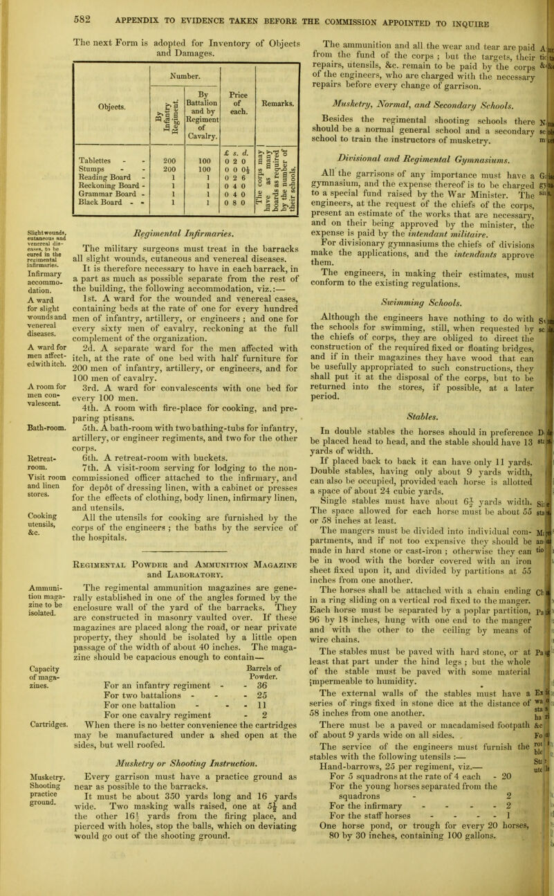 The next Form is adopted for Inventory of Objects and Damages. Slichtwounds, cutaneous and venereal dis- eases, to be cured in the reuiraental infirmaries. Infirmary- accommo- dation. A ward for slight ■wounds and venereal diseases. A -ward for men affect- edwithitch. A room for men con- valescent. Bath-room. Retreat- room. Visit room and linen stores. Cooking utensils, &c. Ammuni- tion maga- zine to be isolated. Capacity of maga- Cartridges. Musketry. Shooting practice ground. Number. Objects. By Infantry Regiment. By Battalion and by Regiment of Cavalry. Price of each. Remarks. Tablettes Stumps Reading Board Reckoning Board - Grammar Board - Black Board - - 200 200 1 1 1 1 100 100 1 1 1 1 £ s. d. 0 2 0 0 0 oi 0 2 6 0 4 0 0 4 0 0 8 0 The corps may have as many boards as required by the number of their schools. Regimental Infirmaries. The military surgeons must treat in the barracks all slight wounds, cutaneous and venereal diseases. It is therefore necessary to have in each barrack, in a part as much as possible separate from the rest of the building, the following accommodation, viz.:— 1st. A ward for the wounded and venereal cases, containing beds at the rate of one for every hundred men of infantry, artillery, or engineers ; and one for every sixty men of cavalry, reckoning at the full complement of the organization. 2d. A separate ward for the men affected with itch, at the rate of one bed with half furniture for 200 men of infantry, artillery, or engineers, and for 100 men of cavalry. 3rd. A ward for convalescents with one bed for every 100 men. 4th. A room with fire-place for cooking, and pre- paring ptisans. oth. A bath-room with two bathing-tubs for infantry, artillery, or engineer regiments, and two for the other corps. 6th. A retreat-room with buckets. 7th. A visit-room serving for lodging to the non- commissioned officer attached to the infirmary, and for depot of dressing linen, with a cabinet or presses for the effects of clothing, body linen, infirmary linen, and utensils. All the utensils for cooking are furnished by the corps of the engineers ; the baths by the service of the hospitals. Regimental Powder and Ammunition Magazine and Laboratory. The regimental ammunition magazines are gene- rally established in one of the angles formed by the enclosure wall of the yard of the barracks. They are constructed in masonry vaulted over. If these magazines are placed along the road, or near private property, they should be isolated by a little open passage of the width of about 40 inches. The maga- zine should be capacious enough to contain— Barrels of Powder. For an infantry regiment - - 36 For two battalions - - - 25 For one battalion - - - 11 For one cavalry regiment - 2 When there is no better convenience the cartridges may be manufactured under a shed open at the sides, but well roofed. Musketry or Shooting Instruction. Every garrison must have a practice ground as near as possible to the barracks. It must be about 350 yards long and 16 yards wide. Two masking walls raised, one at 5^ and the other 16^ yards from the firing place, and pierced with holes, stop the balls, which on deviating would go out of the shooting ground. The ammunition and all the wear and tear are paid A L from the fund of the corps ; but the targets, their tirjts repairs, utensils, &c. remain to be paid by the corps of the engineers, who are charged with the necessary repairs before every change of garrison. Musketry, Normal, and Secondary Schools. Besides the regimental shooting schools there Njna should be a normal general school and a secondary sc bli school to train the instructors of musketry. m sei Divisional and Regimental Gymnasiums. All the garrisons of any importance must have a G gymnasium, and the expense thereof is to be charged g to a special fund raised by the War Minister. The ^ ^ engineers, at the request of the chiefs of the corps, present an estimate of the works that are necessary, and on their being approved by the minister, the expense is paid by the intendant militaire. For divisionary gymnasiums the chiefs of divisions make the applications, and the intendants approve them. The engineers, in making their estimates, must conform to the existing regulations. Swimming Schools. Although the engineers have nothing to do with the schools for swimming, still, when requested by the chiefs of corps, they are obliged to direct the construction of the required fixed or floating bridges, and if in their magazines they have wood that can be usefully appropriated to such constructions, they shall put it at the disposal of the corps, but to be returned into the stores, if possible, at a later period. Stables. In double stables the horses should in preference D. be placed head to head, and the stable should have 13 st' yards of width. If placed back to back it can have only 11 yards. Double stables, having only about 9 yards width, can also be occupied, provided each horse is allotted a space of about 24 cubic yards. Single stables must have about 6J yards width. The space allowed for each horse must be about 55 or 58 inches at least. The mangers must be divided into individual com- partments, and if not too expensive they should be an made in hard stone or cast-iron ; otherwise they can ^ be in wood with the border covered with an iron sheet fixed upon it, and divided by partitions at 55 inches from one another. The horses shall be attached with a chain ending in a ring sliding on a vertical rod fixed to the manger. Each horse must be separated by a poplar partition, 96 by 18 inches, hung with one end to the manger and with the other to the ceiling by means of wire chains. The stables must be paved with hard stone, or at least that part under the hind legs ; but the whole of the stable must be paved with some material impermeable to humidity. The external walls of the stables must have a series of rings fixed in stone dice at the distance of 58 inches from one another. There must be a paved or macadamised footpath of about 9 yards wide on all sides. The service of the engineers must furnish the stables with the following utensils :— Hand-barrows, 25 per regiment, viz.— For 5 squadrons at the rate of 4 each For the young horses separated from the squadrons For the infirmary - For the staff horses - . _ - One horse pond, or trough for every 20 horses, 80 by 30 inches, containing 100 gallons. Smhi sc lit, Si sta Ml Cb Pa Pa - 20 2 2 1 sta ha' &c Fo rot bh Sti ttt(