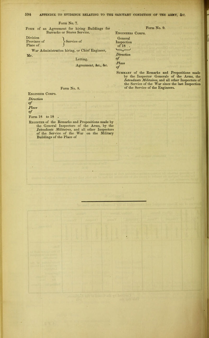 Form No. 7. Form of an Agreement for hiring Buildings for Barracks or Stores Service. Division Province of > Service of Place of J War Administration hiring, or Chief Engineer, Mr. Letting. Agreement, &c., &c. Form No. 8. Engineer Corps. Direction of Place of Form 18 to 18 . Register of the Remarks and Propositions made by the General Inspectors of the Arms, by the Intendants Militaires, and all other Inspectors of the Service of the War on the Military Buildings of the Place of Form No. 9. Engineers Corps. General Inspection of 18 . Direction of Place of Summary of the Remarks and Propositions made by the Inspector Generals of the Arms, the Intendants Militaires, and all other Inspectors of the Service of the War since the last Inspection of the Service of the Engineers.