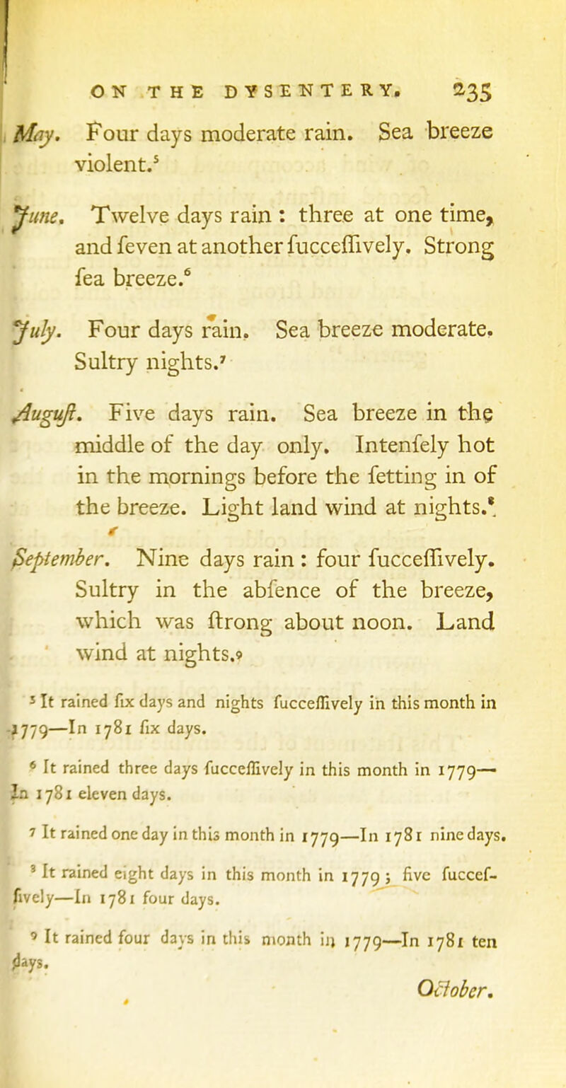 ON THE DYSENTERY. 235 May. Four days moderate rain. Sea breeze violent/ June. Twelve days rain : three at one time, and feven at another fucceffively. Strong fea breeze.6 'July. Four days rain. Sea breeze moderate. Sultry nights.7 /fuguft. Five days rain. Sea breeze in the middle of the day only. Intenfely hot in the mornings before the fetting in of the breeze. Light land wind at nights.* t September. Nine days rain : four fucceffively. Sultry in the abfence of the breeze, which was ftrong about noon. Land wind at nights.* 5 It rained fix days and nights fucceflively in this month in -j779—In 1781 fix days. 6 It rained three days fucceflively in this month in 1779— In 1781 eleven days. 7 It rained one day in this month in 1779—In 1781 nine days. 3 It rained eight days in this month in 1779 ; five fuccef- fively—In 1781 four days. 9 It rained four days in this month in 1779—In 1781 ten days. Otiober.