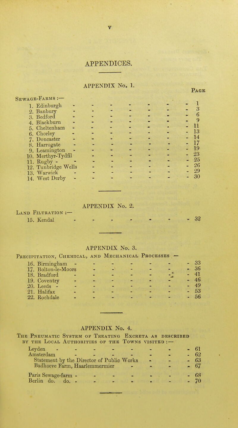 APPENDICES. APPENDIX No. 1. Page 1 Sewage-Farms :— 1. Edinburgh  2. Banbury c 3. Bedford ^ 4. Blackburn - - - ■ - - ' ^ 5. Cheltenham ----- . - 11 6. Chorley - 14 7. Doncaster - - - - -  17 8. Harrogate - - - - - - iq 9. Leamington - -- -- - io 10. Mei-thyr-Tydfil 11. Rugby - 25 12. Tunbridge Wells - - - - - - 13. Warwick - - - - - - 29 14. West Derby - - - - - - ' APPENDIX No. 2. Land Filtration :— 15. Kendal 32 APPENDIX No. 3. Precipitation, Chemical, and Mechanical Processes . — 16. Birmingham - - - - - - -33 17. Bolton-le-Moors - - - - - - 36 18. Bradford -J - 41 19. Coventry - - - - - - - 46 20. Leeds 49 21. Halifax 53 22. Rochdale 56 APPENDIX No. 4. The Pneumatic System of Treating Excreta as described BY THE Local Authorities op the Towns a'isited :— Leyden - - - - - - - -61 Amsterdam - - - - - - -62 Statement by the Director of Public Works - - - 63 Badhoeve Farm, Haarlemmermier - - - - 67 Paris Sewage-farm - - - - - - -68 Berlin do. do. - - - - - - - 70