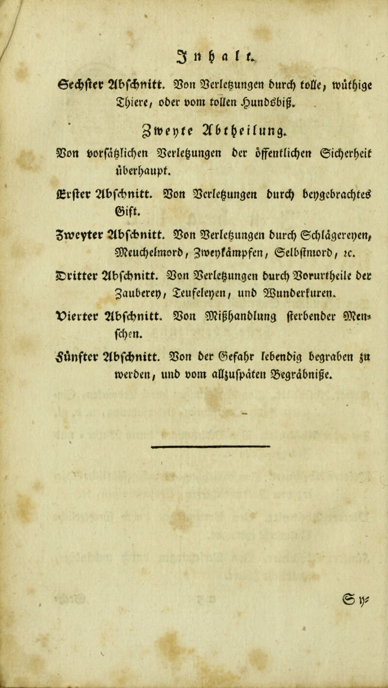 Zl)iivet obtv Dorn tollen ^unt)ö5i0. tiber^aupf. sS(tmd:)elmovb t ^ivepfdmpfcn / ©elbfimort), k. ^Dritter 2tbfd)nitt. 33on SScrIcgungen turd) SSorurt^eil« ba Sauberer), Seufelcpen, unb Sßunbcrfuren. Vmttt 2ibf<^nitt. 3!>on ?0?jp^an()Iu»3 (teibcnbcr 9^ttt* fünfter 2tbf(*nitt. 2Son bct ©efa^r lebenbig begraben ja werben, mb t>om aHjufpdten SBegrdbni^e.