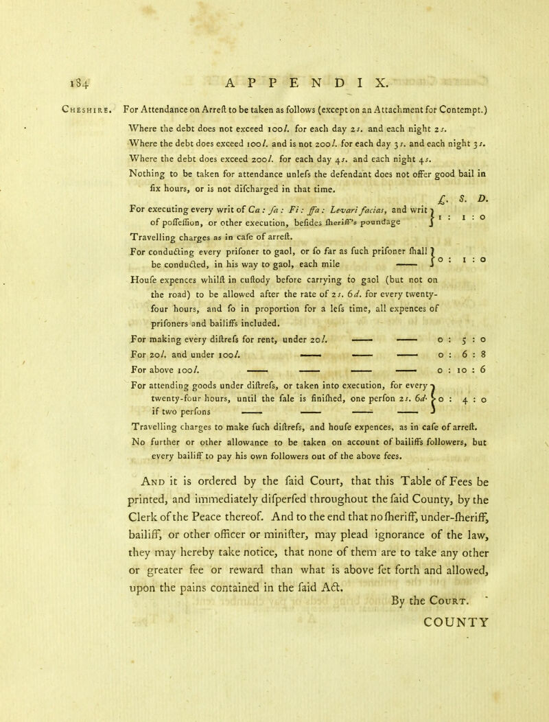 Cheshire. For Attendance on Arreft to be taken as follows (except on an Attachment for Contempt.) Where the debt does not exceed loo/. for each day zs, and each night zs. Where the debt does exceed loo/. and is not 200/. for each day 3 j. and each night 3/. Where the debt does exceed 200/. for each day 4/, and each night 4^. Nothing to be taken for attendance unlefs the defendant does not offer good bail in fix hours, or is not difcharged in that time. £. S. D. For executing every writ of Ca : fa : Ft: ffa; Le'vari facias, and writ i of polTefTion, or other execution, befides iheriff's poundage J ' ^ ' Travelling charges as in cafe of arreft. For conducing every prifoner to gaol, or fo far as fuch prifoner fhall 7 be conduded, in his way to gaol, each mile —— J ° '  • ° Houfe expences whilft in cuftody before carrying to gaol (but not on the road) to be allowed after the rate of zs. 6d. for every twenty- four hours, and fo in proportion for a lefs time, all expences of prifoners and bailiffs included. For making every diftrefs for rent, under 20/. ■ ■ o : 5:0 For 20/. and under 100/. • ■■ ■ —— o : 6:8 For above 100/. —— —- — — o : 10:6 For attending goods under diftrefs, or taken into execution, for every twenty-four hours, until the fale is finiftied, one perfon zs. 6d' if two perfons —— —— ■ — Travelling charges to make fuch diftrefs, and houfe expences, as in cafe of arreft. No further or other allowance to be taken on account of bailiffs followers, but every bailiff to pay his own followers out of the above fees. And it is ordered by the faid Court, that this Table of Fees be printed, and immediately difperfed throughout the faid County, by the Clerk of the Peace thereof. And to the end that nofheriff, under-fheriff, bailiff, or other officer or minifter, may plead ignorance of the law, they may hereby take notice, that none of them are to take any other or greater fee or reward than what is above fet forth and allowed, upon the pains contained in the faid Aft. By the Court.