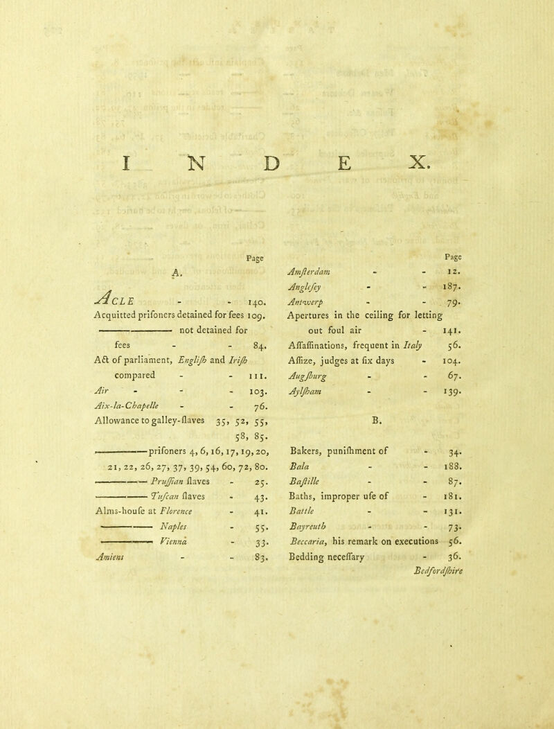 Page Page A. Amjlerdam 12. ^CLE Anglefey ^ - 187. 140. Antwerp 79- Acquitted prlfoners detained for fees 109. Apertures in the ceiling for letting not detained for out foul air 141. fees - 84. AlTaflinations, frequent in Italy 56. A£l of parliament, EngUJh and Irifi Affize, judges at fix days 104. compared III. Augjhurg 67. Air 103. Ayljham 139- Aix-la-Chapelle - 76. Allowance to galley-flaves 35» 52' 5S» 58, 85. B. > • ' —prifoners 4, 6, 16,17,19,20, Bakers, punllhment of 34- 21, 22, 26, 27, 37, 39, 54, 60, 72, 80. Bala 188. — Pruffum flaves 25. Bajlille 87. ' 'Tufcoji Haves 43- Baths, improper ufe of i8i. Alnis-houfe at Florence 41. Battle 131- • Naples 55- Bayreuth 73- ' • 1 Viemia 33- Beccaria, his remark on executions 56. Amiens - 83. Bedding neceffary 36. Bedfordjhire