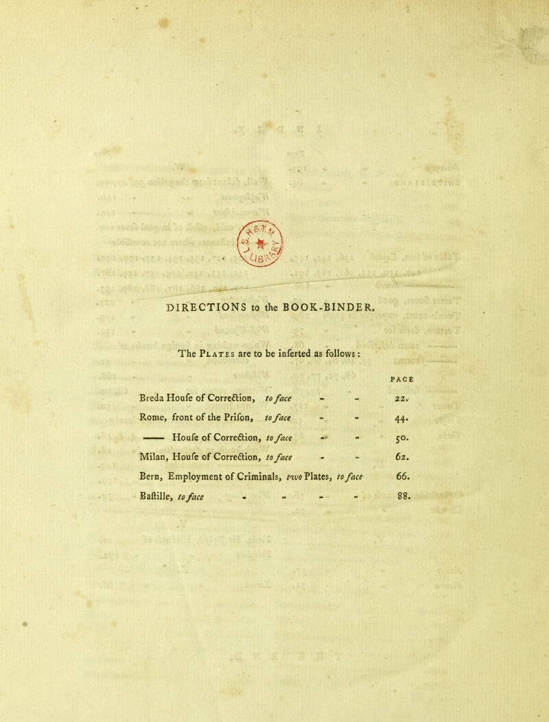 DIRECTIONS to the BOOK-BINDER. The Plates are to be inferted as follows: PAGE Breda Houfe of Correftion, to face - - 22. Rome, front of the Prifon, to face - - 44. —— Houfe of Corredlion, to face — - 50. Milan, Houfe of Correftion, to face - - 62. Bern, Employment of Criminals, fwo Plates, to face 66. Baftille, to face - - - - 88. a
