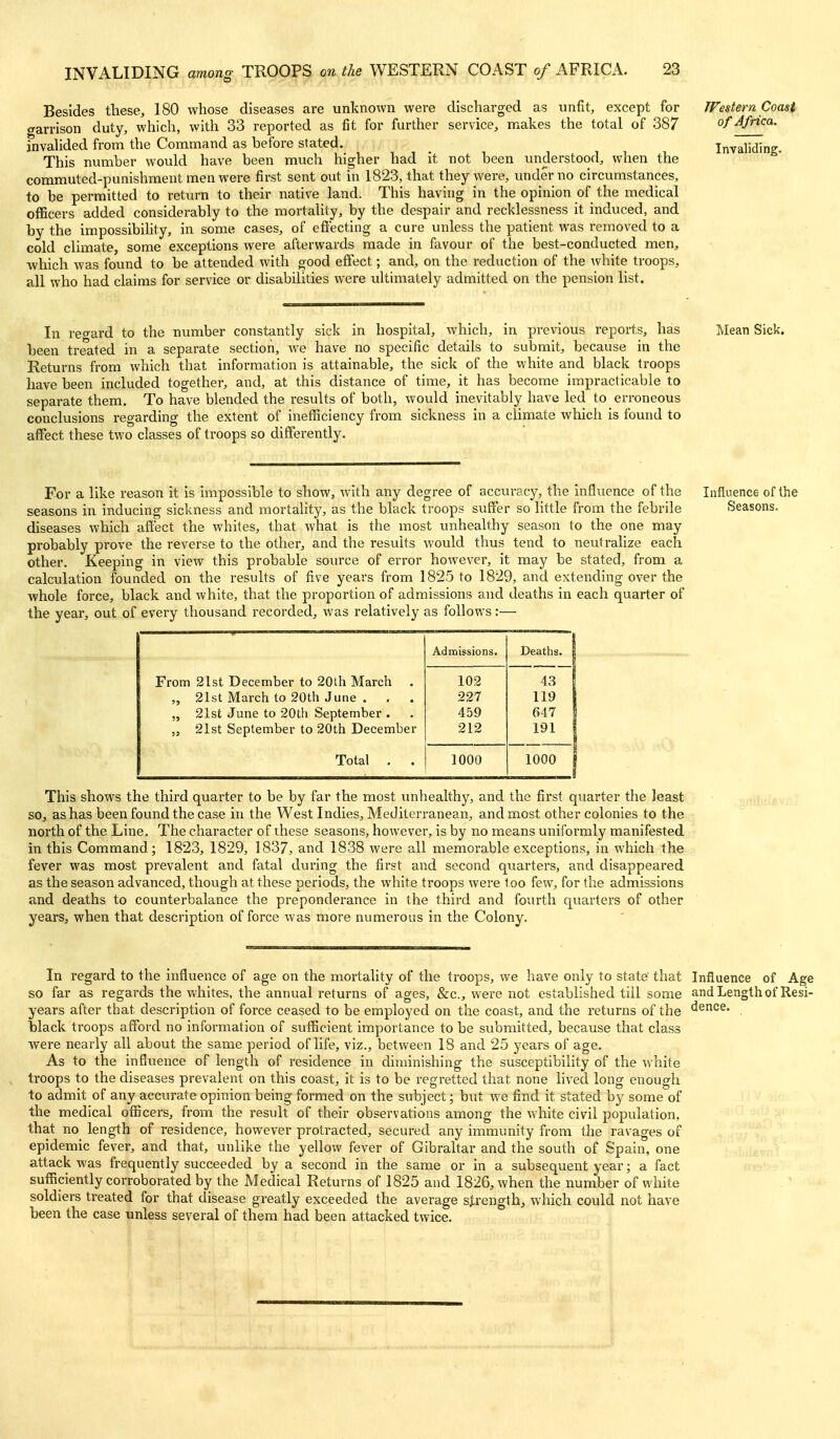 Besides these, 180 whose diseases are unknown were discharged as unfit, except for garrison duty, which, with 33 reported as fit for further service, makes the total of 387 invahded from the Command as before stated. This number would have been much higher had it not been understood, when the commuted-punishment men were first sent out in 1823, that they were, under no circumstances, to be permitted to return to their native land. This having in the opinion of the medical officers added considerably to the mortaUty, by the despair and recklessness it induced, and by the impossibihty, in some cases, of eftecting a cure unless the patient was removed to a cold climate, some exceptions were afterwards made in favour of the best-conducted men, ■which was found to be attended with good effect; and, on the reduction of the white troops, all who had claims for service or disabilities were uUimately admitted on the pension list. TFestern Coast of Africa. Invaliding. In reo-ard to the number constantly sick in hospital, which, in previous reports, has Mean Sick, been treated in a separate section, we have no specific details to submit, because in the Returns from which that information is attainable, the sick of the white and black troops have been included together, and, at this distance of time, it has become impracticable to separate them. To have blended the results of both, would inevitably have led to erroneous conclusions regarding the extent of inefficiency from sickness in a climate which is found to affect these two classes of troops so differently. For a like reason it is impossible to show, with any degree of accuracy, the influence of the Influence of the seasons in inducing sickness and mortality, as the black ti'oops suffer so little from the febrile Seasons, diseases which afltect the whites, that what is the most unhealthy season to the one may probably prove the reverse to the other, and the results would thus tend to neutralize each other. Keeping in view this probable source of error however, it may be stated, from a calculation founded on the results of five years from 1825 to 1829, and extending over the whole force, black and white, that the proportion of admissions and deaths in each quarter of the yeai', out of every thousand recorded, was relatively as follows:— Admissions. Deaths. | From 2lst December to 201h March . 102 43 „ 21st March to 20tli June . . . 227 119 1 „ 21st June to 20tti September . 459 647 1 ,5 21st September to 20th December 212 191 1 Total . . 1000 1000 j This shows the third quarter to be by far the most mihealthy, and the first quarter the least so, as has been found the case in the West Indies, Mediterranean, and most other colonies to the north of the Line. The character of these seasons, however, is by no means uniformly manifested in this Command; 1823, 1829, 1837, and 1838 were all memorable exceptions, in which the fever was most prevalent and fatal during the first and second quarters, and disappeared as the season advanced, though at these periods, the white troops were too few, for the admissions and deaths to counterbalance the preponderance in the third and fourth quarters of other years, when that description offeree was more numerous in the Colony. In regard to the influence of age on the mortality of the troops, we have only to state that Influence of Age so far as regards the whites, the annual returns of ages, &c., were not established till some and Length of Resi- years after that description of force ceased to be employed on the coast, and the I'eturns of the ^^ce. black troops afford no information of sufficient importance to be submitted, because that class were nearly all about the same period of life, viz., between 18 and 25 years of age. As to the influence of length of residence in diminishing the susceptibility of the white , troops to the diseases prevalent on this coast, it is to be regretted that none hved long enough to admit of any accurate opinion being formed on the subject; but we find it stated by some of the medical officers, from the result of their observations among the white civil population, that no length of residence, however protracted, secured any immunity from the ravages of epidemic fever, and that, unlike the yellow fever of Gibrahar and the south of Spain, one attack was frequently succeeded by a second in the same or in a subsequent year; a fact sufficiently corroborated by the Medical Returns of 1825 and 1826, when the number of white soldiers treated for that disease greatly exceeded the average strength, which could not have been the case unless several of them had been attacked twice.