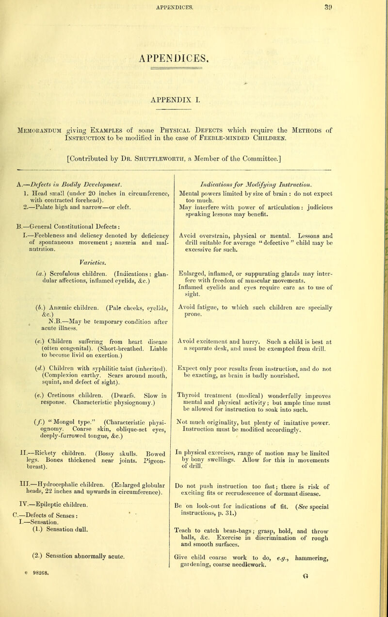 APPENDICES. APPENDIX I. Memorandum giving Examples of some Physical Defects which require the Methods of Instruction to be modified in the case of Feeble-minded Children. [Contributed by Dr. Shuttleworth, a Member of the Committee.] A.—Defects in Bodily Development. 1. Head small (under 20 inches in circumference, with contracted forehead). 2. —Palate bigli and narrow—or cleft. E.—General Constitutional Defects : I.—Feebleness and delicacy denoted by deficiency of spontaneous movement ; anajm.ia and mal- nutrilion. Varieties. (a.) Scrofulous children. (Indications : glan- dular aflFections, inilamed eyelids, &c.) (i.) Anffinlic children. (Pale cheeks, eyelid,'^, &c.) ^ ■ N.B.—May be temporary condition after acute illness. (c.) Children suiTering from heart disease (often congenital). (Short-breathed. Liable to become livid on exertion.) {d.) Children with syphilitic taint (inherited). (Complexion earthy. Scars around mouth, squint, and defect of sight). (e.) Cretinous children. (Dwarfs. Slow in response. Characteristic physiognomy.) (/.)  Mongol type. (Characteristic physi- ognomy. Coar-se skin, oblique-set eyes, deeply-furrowed tongue, &c.) II. —Eickety children. (Bossy skulls. Bowed legs. Bone.s thickened near joints. Pigeon- breast). III. —Hydrocephalic children. (Eidarged globular heads, 22 inches and upwards in circumference). IV. —Epileptic children. C.—Defects of Senses : '  I.—Sensation. (1.) Sensation dull. (2.) Sensation abnormally acute. Indications for Modifying Instruction. Mental powers limited by size of brain : do not expect too much. May interfere with power of articulation: judicious speaking lessons may benefit. Avoid overstrain, physical or mental. Lessons and drill suitable for average  defective  child may be excessive for such. Enlarged, inflamed, or suppurating glands may inter- fere with freedom of muscular movements. Inflamed eyelids and eyes require care as to use of sight. Avoid fatigue, to wliich such children ai'e specially prone. Avoid excitement and hurry. Such a child is best at a .separate desk, and must be exempted from drill. Expect only poor results from instruction, and do not be exacting, as brain is badly nourished. Thyroid treatment (medical) wonderfully improves mental and physical activity; but ample time must be allowed for instruction to .soak into such. Not much originality, but plenty of imitative power. Instruction must be modifled accordingly. In physical exercises, range of motion may be limited by bony swellings. Allow for this in movements of drill. Do not push instruction too fast; there is risk of exciting fits or recrudescence of dormant disease. Be on look-out for indications of fit. {See special instructions, p. 31.) Teach to catch bean-bags; grasp, hold, and throw balls, &c. Exercise in discrimination of rough and smooth surfaces. Give child coarse work to do, e.g.^ hammering, gardening, coarse needlework. e 98268.