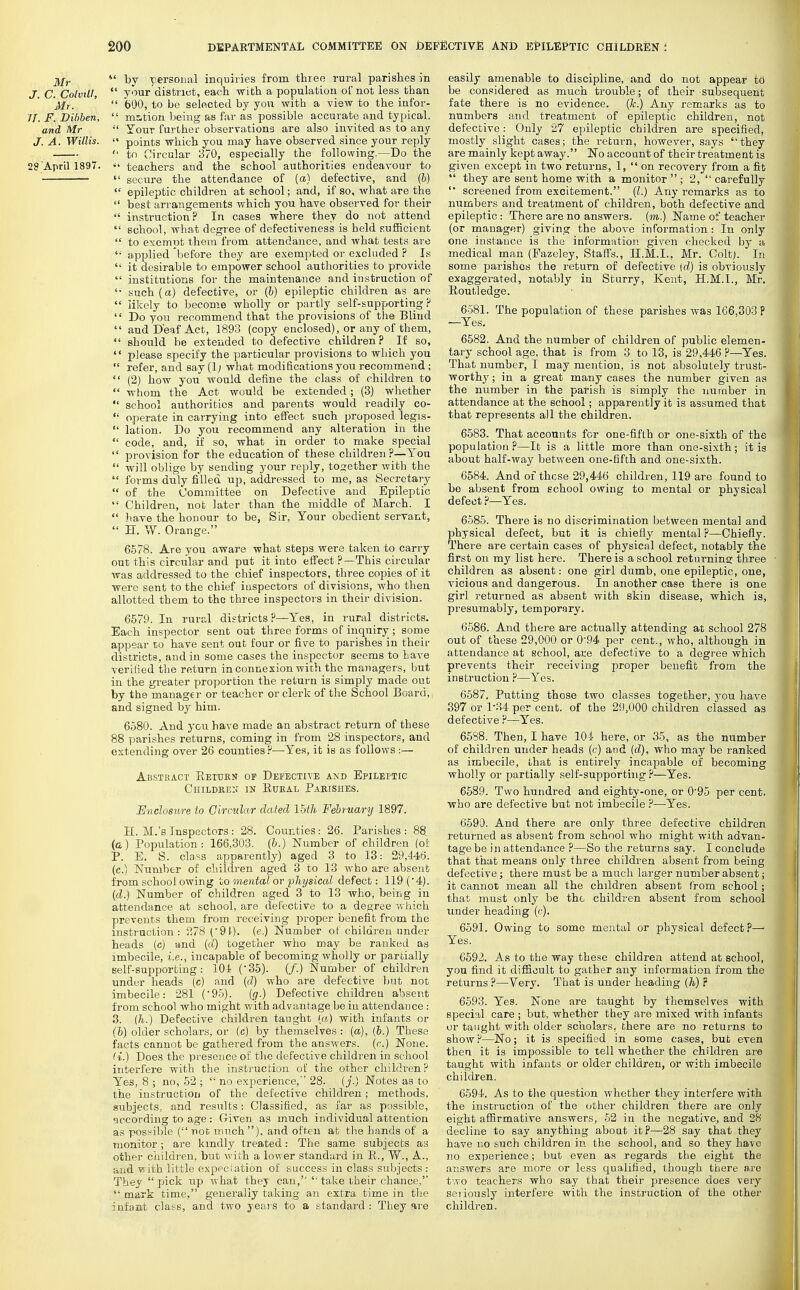 *' by personal inquiries from three rural parishes in J. C. ColviU,  your district, each with a population of not less than Mr.  600, to be selected by yon with a view to the infor- f[. F. Dibben,  m;ition being as far as possible accurate and typical, and Mr •' Your further observations are also invited as to any J. A. Willis.  points which you may have observed since your reply  to Circular 370, especially the following.—Do the 28April 1897. teachers and the school authorities endeavour to  secure the attendance of [a] defective, and (b)  epileptic children at school; and, if so, what are the  best arrangements which you have observed for their  instruction? In cases where they do not attend  school, what degree of defectiveness is held sufficient  to exempt them from attendance, and what tests are  applied before they are exempted or excluded ? Is  it desirable to empower school authorities to provide  institutions for the maintenance and instruction of '• such (a) defective, or (h) epileptic children as are  likely to become wholly or partly self-supporting?  Do you recommend that the provisions of the Blind  and Deaf Act, 1893 (copy enclosed), pr any of them,  should be extended to defective children? If so,  please specify the particular provisions to which you  refer, and say (1; what modifications you recommend ;  (2) how you would define the class of children to  whom the Act would be extended; (3) whether  school authorities and parents would readily co-  operate in carrying into effect such proposed legis-  lation. Do you recommend any alteration in tbe  code, and, if so, what in order to make special  provision for the education of these children?—You  will oblige by sending your reply, together with the  forms duly filled up, addressed to me, as Secretary  of the Committee on Defective and Epileptic  Children, not later than the middle of March. I  have the honour to be, Sir, Your obedient servant,  H. W. Orange. 6578. Are you aware what steps were taken to carry out this circular and put it into effect ?—This circular was addressed to the chief inspectors, three copies of it were sent to the chief inspectors of divisions, who then allotted them to the three inspectors in their division. 6579. In rural districts ?—Yes, in rural districts. Each inspector sent out three forms of inquiry ; some appear lo have sent out four or five to parishes in their districts, and in some cases the inspector seems to Lave verified the return in connexion with the managers, but in the greater proportion the return is simply made out by the manager or teacher or clerk of the School Board,, and signed by him. 6580. And ycu have made an abstract return of these 88 parishes returns, coming in from 28 inspectors, and extending over 26 counties ?—Yea, it is as follows :— Abstbact Return or Defective and Epileptec Cuildke:? in Rueal Pakisiies. Enclosure to Circular dated Ibth February 1897. H. M.'s Inspectors: 28. Counties.- 26. Parishes : 88 (a) Population: 166,303. (h.) Number of children (ot P. B. S. class apparently) aged 3 to 13 : 29,446. (c.) Number of children aged 3 to 13 who are absent from school owing 'oo mental or physiccd defect: 119 (4). (d.) Number of children aged 3 to 13 who, being in attendance at school, are defective to a degree -.vhich prevents them from receiving proper benefit from the instruction: 278 (■91). (e.) Number of children under heads (c) and {d) together who may be ranked as imbecile, i.e., incapable of becoming wholly or partially self-supporting: 104 ('35). (/.) Number of children under heads (c) and {d) who are defective but not imbecile: 281 ('95). {g.) Defective children absent from school who might v/ith advantage be in attendance : 3. (h.) Defective children taught (a) with infants or (b) older scholars, or (c) by themselves : (a), (b.) These facts cannot be gathered from the answers, (c.) None. a.) Does the presence of the defective children in school interfere with the instruction of the other cliildi-en? Yes, 8 ; no, 52 ;  no experience, 28. ij.) Notes as to the instruction of the defective children; methods, subjects, and resirlts: Classified, as far as possible, according to age: Given as much individual attention as possible ( not much ), and often ab the hands of a monitor; are kmdly treated: The same subjects as other ciiildren, but with a lower standard in E,., W., A., and with little expeciation of success in class subjects : They pick up what they can,'' 'take their chance, mark time, generally taking an extra time in the infant class, and two years to a standard: They are easily amenable to discipline, and do not appear td be considered as much trouble; of their subsequent fate there is no evidence. (k.) Any remarks as to numbers and treatment of epileptic children, not defective: Only 27 epileptic children are specified, mostly slight cases; the return, however, says they are mainly kept away. No account of their treatment is given except in two returns, 1,  on recovery from a fit  they are sent home with a monitor  ; 2,  carefully  screened from excitement. (l.) Any remarks as to numbers and treatment of children, both defective and epileptic : There are no answers, {m.) Name of teacher (or manager) giving the above information : In only one instance is the information given checked by a medical man (Fazeley, Staffs., H.M.I., Mr. Colt;. In some parishes the return of defective {d) is obviously exaggerated, notably in Starry, Kent, H.M.I., Mr. Routledge. 6581. The population of these parishes was 166,303 P —Yes. 6582. And the number of children of public elemen- tary school age, that is from 3 to 13, is 29,446 P—Yes. That number, I may mention, is not absolutely trust- worthy ; in a great many cases the number given as the number in the parish is simply the number in attendance at the school; apparently it is assumed that that represents all the children. 6583. That accounts for one-fifth or one-sixth of the population ?—It is a little more than one-sixth; it is about half-way between one-fifth and one-sixth. 6584. And of these 29,446 children, 119 are found to be absent from school owing to mental or physical defect ?—Yes. 6585. There is no discrimination between mental and physical defect, but it is chiefly mental?—Chiefly. There are certain cases of physical defect, notably the first on my list here. There is a school returnins: three children as absent: one girl dumb, one epileptic, one, vicious and dangerous. In another case there is one girl returned as absent with skin disease, which is, presumably, temporary. 6586. And there are actually attending at school 278 out of these 29,000 or 094 per cent., who, although in attendance at school, are defective to a degi'ee which prevents their receiving proper benefit from the instruction ?—Yes. 6587. Putting those two classes together, j^ou have 397 or 1-.34 per cent, of the 29,000 children classed as defective ?—Yes. 6588. Then, I have 104 here, or 35, as the number of children under heads (c) and (d), who may be ranked as imbecile, that is entirely incapable of becoming wholly or partially self-supporting ?—Yes. 6589. Two hundred and eighty-one, or 095 per cent, who are defective but not imbecile ?—Yes. 6590. And there are only three defective children returned as absent from school who might with advan- tage be in attendance ?—So the returns say. I conclude that that means only three children absent from being defective; there must be a much larger number absent; it cannot mean all the children absent from school; that must only be the children absent from school under heading (c). 6591. Owing to some mental or physical defect?— Yes. 6592. As to the way these children attend at school, you find it difiieult to gather any information from the returns ?—Very. That is under heading {h) ? 6593. Yes. None are taught by themselves with special care ; but, whether they are mixed with infants or taught with older scholars, there are no returns to show ?—No; it is specified in some cases, but even then it is impossible to tell whether the children are taught with infants or older children, or with imbecile children. 6594. As to tlie question whether they interfere with the instruction of the other children there are only eight affirmative answers, 52 in the negative, and 28 decline to say anything about it?—28 say that they have no such children in the school, and so they have no experience; but even as regards the eight the answers are more or less qualified, though there are two teachers who say that their presence does very seiiously interfere with the instruction of the other children.