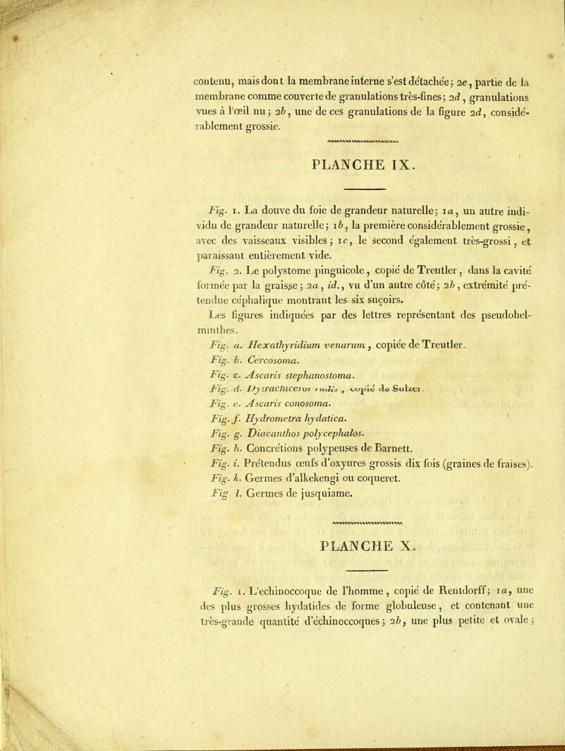 contenu, mais dont la membrane interne s'est détachée j ae, partie de la membrane comme couverte de granulations très-fines; zd, granulations vues à l'œil nu ; 2J, une de ces granulations de la figure zdy considé- rablement grossie. /UWl iVI/U* U\JVl ajVVt «JVJMIVA/W PLANCHE IX. Fig. I. La douve du foie de grandeur naturelle; la, un autre indi- vidu de grandeur naturelle; i&, la première considérablement grossie, avec des vaisseaux visibles ; i c, le second également très-grossi, et paraissant entièrement vide. Fig. 2. Le polystome pinguicole, copié de Treutler, dans la cavité formée par la graisse ; 2a , id., vu d'un autre côté; 2b, extrémité pré- tendue céphalique montrant les six suçoirs. Les figures indiquées par des lettres représentant des pseudohel- mintlies. Fig. a. Hexatlijridium venarum, copiée de Treutler, Fig. h, Cercosoma. Fig. c. Ascaris stephanostoma. Fig. d. Uj>iraclucei u> > udld , v-^pic cloSulz.ex . Fig. e. Ascaris conosoma. Fig. f. Hjdrometra hjdatica. ^ Fig. g. Diacanthos poljcephalos. Fig. h. Concrétions polypeuses de Barnett. Fig. i. Prétendus œufs d'oxyures grossis dix fois (graines de fraises). Fig. k. Germes d'alkekengi ou coqueret. Fig l. Germes de jusquiame. PLANCHE X. Fig. I. L'echinoccoque de l'homme, copié de Rentdorff; la, une des plus grosses hydatides de forme globuleuse , et contenant une très-grande quantité d'échinoccoques; 2h, une plus petite et ovale;