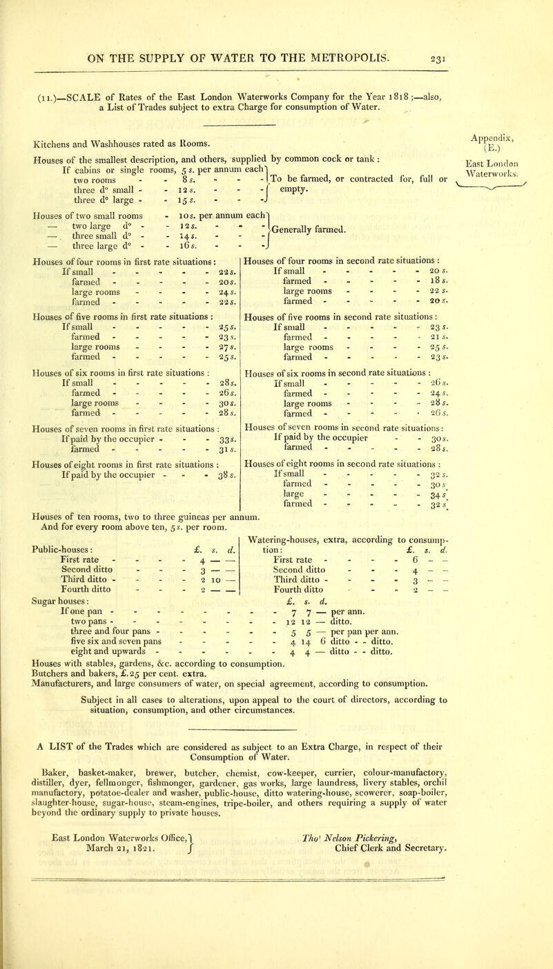 (n.)—SCALE of Rates of the East London Waterworks Company for the Year 1818;—also, a List of Trades subject to extra Charge for consumption of Water. Kitchens and Washhouses rated as Rooms. Houses of the smallest description, and others, supplied by common cock or tank : If cabins or single rooms, 5 s. per annum each! - 8 s. ' - -1 two rooms three d° small three d° large 12 «. 15 s. To be farmed, or contracted for, full or -J empty. Houses of two small rooms — two large d° - — . three small d° - three large d° - 10s. per annum each 145. 16s. Generally farmed. Houses of four rooms in first rate situations : If small - . - . - farmed - . - - - large rooms - - . . farmed . . - - . Houses of five rooms in first rate situations : If small . . - . - farmed . . . . - large rooms - farmed . . - . - Houses of six rooms in first rate situations : If small . . . - . farmed - - - - - large rooms . . . . farmed - - - - - Houses of seven rooms in first rate situations If paid by the occupier - - - farmed . - - - - 2'2£. 20s. lis. '25 s. 235. 27*. 25 s. 28s. 26s. 30 s. 285. 33*- 31*. Houses of eight rooms in first rate situations ; If paid by the occupier - - - 38 s. Houses of four rooms in If small farmed large rooms farmed - second rate situations: - 20 s. . 18 - 22 S. - lOS. Houses of five rooms in second rate situations: If small farmed large rooms farmed - 23 s. - 21 ,s. - 255. - 23.s. Houses of six rooms in second rate situations : If small ... - - oC*. farmed - - - - - 245. large rooms - - - - 285. farmed - - - - • iGs. Houses of seven rooms in second rate situations: If paid by the occupier - - 304-. farmed - .. - . - 284-. Houses of eight rooms in second rate situations : If small farmed large farmed 32 s. 30 .y 345*. 32 Houses of ten rooms, two to three guineas per annum. And for every room above ten, 5s. per room. Watering-houses, extra, according to consump- Public-houses: £. s. d. tion: £. s. d. First rate - - - - 4 First rate . - - Second ditto - - - 3 — — Second ditto Third ditto - - - -210 — Third ditto - - - Fourth ditto - - - 2 Fourth ditto Sugar houses: £. s. d. If one pan - - - - - - - .717 — per ann. two pans - - - - - - - -1212 — ditto. three and four pans - - - - - -55 — per pan per ann. five six and seven pans - - - - - 4146 ditto - - ditto. eight and upwards 44 — ditto - - ditto. Houses with stables, gardens, &c. according to consumption. Butchers and bakers, £.25 per cent, extra. Manufacturers, and large consumers of water, on special agreement, according to consumption. Subject in all cases to alterations, upon appeal to the court of directors, according to situation, consumption, and other circumstances. Appendix, (E.) East London Waterworks. A LIST of the Trades which are considered as subject to an Extra Charge, in respect of their Consumption of Water. Baker, basket-maker, brewer, butcher, chemist, cow-keeper, currier, colour-manufactory, distillei-, dyer, fellmonger, fishmonger, gardener, gas works, large laundress, livery stables, orchil manufactory, poftatoe-dealer and washer, public-house, ditto watering-house, scowerer, soap-boiler, slaughter-house, sugar-house, steam-engines, tripe-boiler, and others requiring a supply of water beyond the ordinary supply to private houses. East London Waterworks Office, March 21, 1821. Tho' Nelson Pickering, Chief Clerk and Secretary,