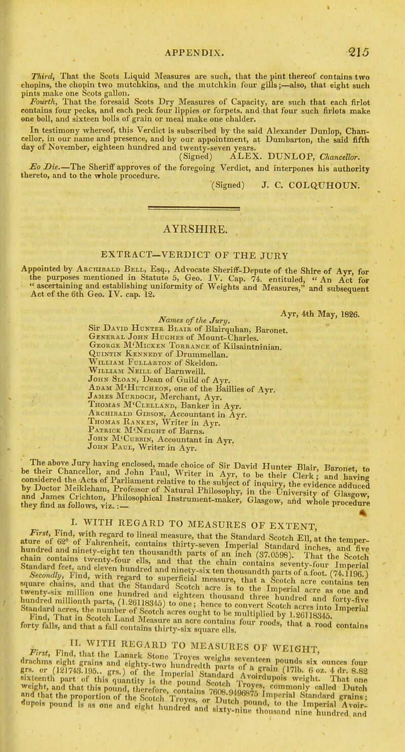 Third, That tlie Scots Iviquid Measures are such, that the pint thereof contains two clioplns, the chopin two mutchkins, and the mutchkin four giUs;—also, that eight sucli pints make one Scots gallon. Fourth, That the foresaid Scots Dry Measures of Capacity, are such that each firlot contains four pecks, and each peck foui- lippies or forpets, and that four such firlots make one boll, and sixteen bolls of grain or meal make one chalder. In testimony whereof, this Verdict is subscribed by the said Alexander Dunlop, Chan- cellor, in oui- name and presence, and by our appointment, at Dumbarton, the said fifth day of November, eighteen hundred and twenty-seven years. (Signed) ALEX. DUNLOP, ChanceUor. Eo Die—The Sheriff approves of the foregoing Verdict, and interpones his authority thereto, and to the whole procedure. (Signed) J, C. COLQUHOUN. AYRSHIRE. EXTRACT—VERDICT OF THE JURY Appointed b^' Archibald Bell, Esq., Advocate Sheriff-Depute of the Shire of Ayr, for the purposes mentioned in Statute 5, Geo. IV. Cap. 74. entituled, An Act for  ascertaining and establishing uniformity of Weights and Measures, and subsequent Act of the 6th Geo. IV. cap. 12. Names of the Jury. Sir David Hunter Blair of Blairquhan, Baronet. General John Hughes of Mount-Charles. George M'Micken Torrance of Kilsaintninian. QuiNTiN Kennedy of DrummeUan. William Fullarton of Skeldon. William Neill of Barnvi^eill. John Sloan, Dean of Guild of Ayr. Adam M'Hutcheon, one of the Baillies of Ayr. James Murdoch, Merchant, Ayr. Thomas M'Clelland, Banker in Ayr. Archibald Gibson, Accountant in Ayr. Thomas Ranken, Writer in Ayr. Patrick M'Neight of Barns. John M'Cubbin, Accountant in Ayr. John Paul, Writer in Ayr. . The above Jury having enclosed made choice of Sir David Hunter Blair, Baronet to be their Chancellor, and John Paul, Writer in Ayr. to be their PIp, v ' f„I ?1 '• L WITH REGARD TO MEASURES OF EXTENT, ^f^l'IV^9o''' T'^J^^'^l^ leisure, that the Standard Scotch Ell, at the temner ature of 62» of lahrenheit, contains thirty-seven Imperial Standard inrbpl a^^fi Src'^ontnTT^d^firerS forty falls, and that a faU contains thirty-six square ells. contains _ WITH REGARD TO MEASURES OF WEIGHT drSs !iS X'^an^I^iSy'tto%.uXdtr&^^^^ — four grs. or (1217.t3.195.. grs.) of the Wri. StL^^ ? of a grain 171b. 6 oz. 4 dr. 8.82 Bixteenth' part of this^quLt ty i Z^^JTcS'l^T'^'''^''' '^'S''- Th^t ons weight, and that this pound, thereforr cSntail 7fin^^^^ commonly called Dutch »nd that the proportion of the S™ oh Trve or n i^^^^ 'l''''-'^ P'*^ ' ..PCS pound is as one and eight ^^n^^'i^^ E^l^C'l^-^l^^^^^^^