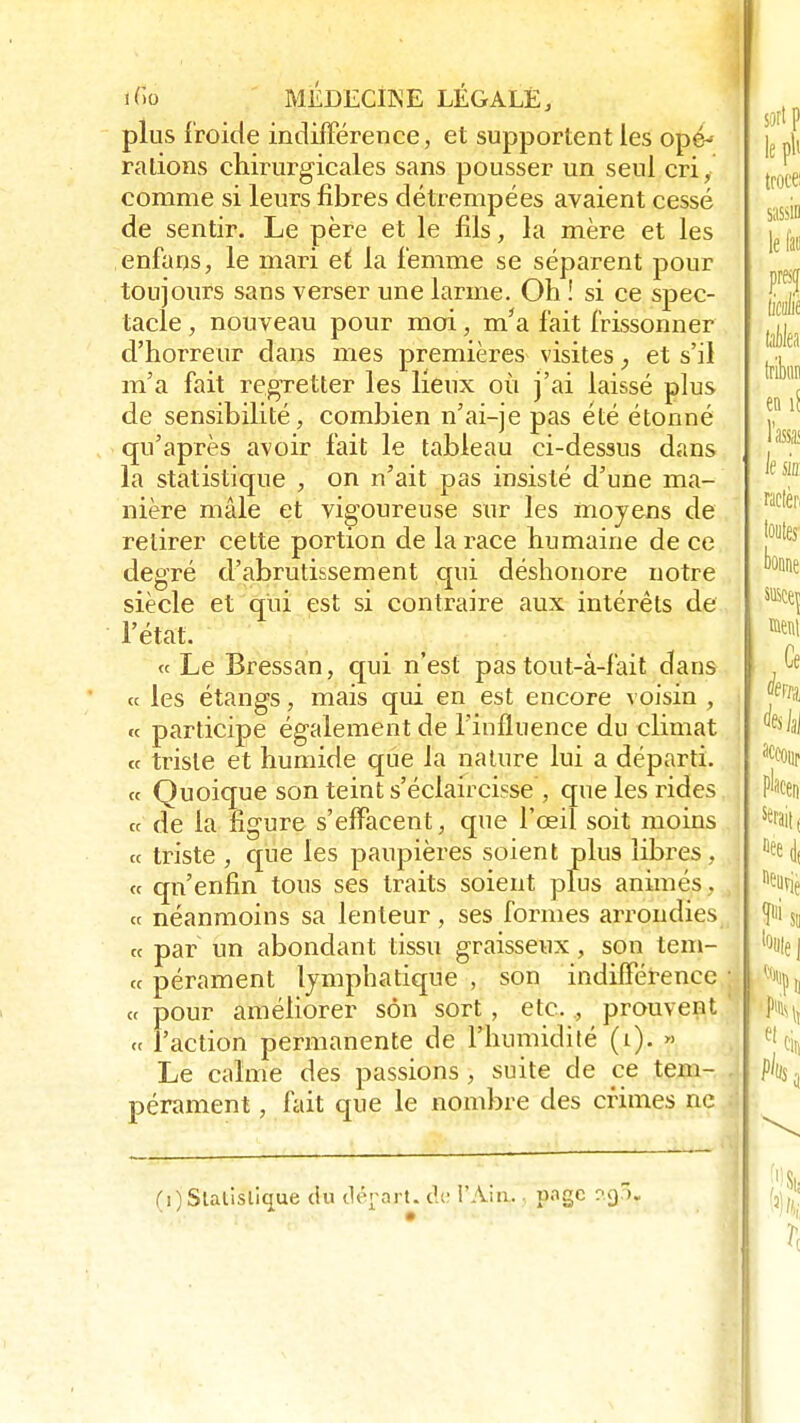 plus froide indifférence, et supportent les opé-* rations chirurgicales sans pousser un seul cri, comme si leurs fibres détrempées avaient cessé de sentir. Le père et le fils, la mère et les enfans, le mari et la femme se séparent pour toujours sans verser une larme. Oh ! si ce spec- tacle , nouveau pour moi, m'a fait frissonner d'horreur dans mes premières visites , et s'il m'a fait regretter les lieux où j'ai laissé plus de sensibilité, combien n'ai-je pas été étonné qu'après avoir fait le tableau ci-dessus dans la statistique , on n'ait pas insisté d'une ma- nière mâle et vigoureuse sur les moyens de retirer cette portion de la race humaine de ce degré d'abrutissement qui déshonore notre siècle et qui est si contraire aux intérêts de l'état. « Le Bressan, qui n'est pas tout-à-fait dans « les étangs, mais qui en est encore voisin , « participe également de l'influence du climat « triste et humide que la nature lui a départi. « Quoique son teint s'éciaircisse , que les rides « de la figure s'effacent, que l'œil soit moins « triste , que les paupières soient plus libres, ce qn'enfin tous ses traits soient plus animés , ce néanmoins sa lenteur, ses formes arrondies ce par un abondant tissu graisseux, son tem- ce pérament lymphatique , son indifférence ce pour améliorer son sort , etc., prouvent ce l'action permanente de l'humidité (i). » lue calme des passions, suite de ce tem- pérament , fait que le nombre des crimes ne Ci)Statistique ciu cléràJCt. de l'Ain, page pq).