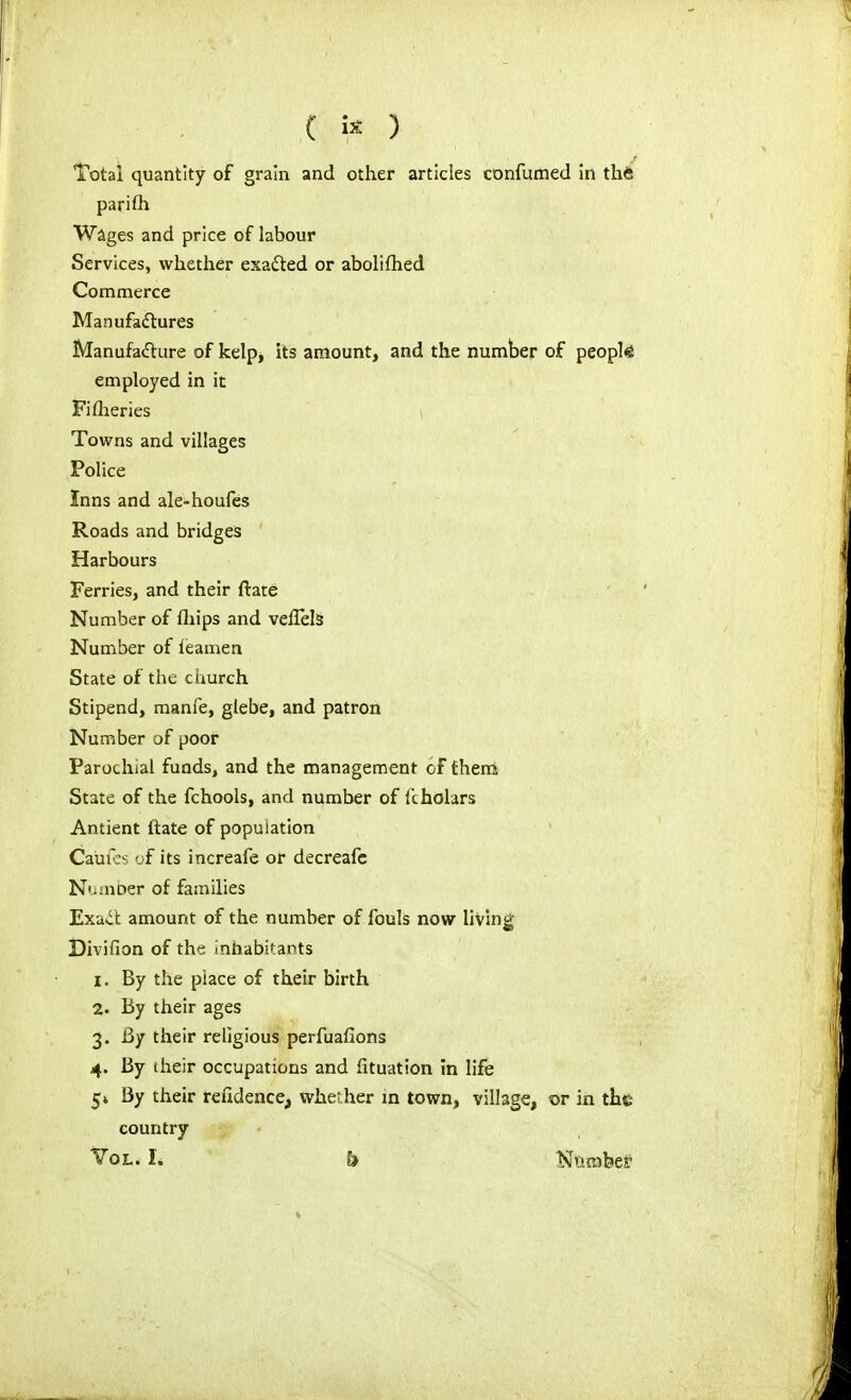 ( ) Total quantity of grain and other articles confumed in the parifh Wages and price of labour Services, whether exadted or abolifhed Commerce Manufaftures Manufafture of kelp, its amount, and the number of people employed in it Fi flieries Towns and villages Police Jnns and ale-houfes Roads and bridges Harbours Ferries, and their ftate Number of fliips and veffels Number of leamen State of the ciiurch Stipend, manfe, glebe, and patron Number of poor Parochial funds, and the management of them State of the fchools, and number of fcholars Antient Hate of population Caufe-; of its increafe or decreafc NuniDer of families Exa^t amount of the number of fouls now living Divifion of the inhabitants 1. By the place of their birth 2. By their ages 3. By their religious perfuafions 4. By their occupations and fituation in life 5* By their refidence, whether m town, village, or in the country